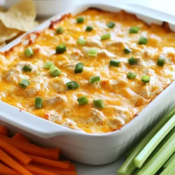 For this tasty dip, you will need: - 2 cups rotisserie chicken, shredded - 1 package (8 oz) cream cheese, softened - 1/2 cup buffalo wing sauce (adjust to your spice level) - 1/2 cup ranch dressing - 1 cup shredded cheddar cheese These main ingredients blend well. The rotisserie chicken adds flavor and texture. Cream cheese makes the dip creamy. Buffalo wing sauce gives that spicy kick. Ranch dressing balances the heat, while cheddar cheese adds richness. To make your dip look even better, consider these garnishes: - 1/2 cup green onions, chopped Chopped green onions give a fresh taste. They also add a splash of color on top. You can sprinkle them right before serving. This dip pairs well with crunchy items: - Tortilla chips - Celery sticks - Carrot sticks Tortilla chips bring a nice crunch. Celery and carrot sticks offer a fresh, crisp option. They also help cool down the heat from the dip. These options make your game day spread fun and tasty. {{ingredient_image_1}} First, gather your ingredients. You need two cups of shredded rotisserie chicken, an 8-ounce package of softened cream cheese, half a cup of buffalo wing sauce, and half a cup of ranch dressing. Also, grab one cup of shredded cheddar cheese and half a cup of chopped green onions for garnish. Start by preheating your oven to 350°F (175°C). In a large mixing bowl, blend the softened cream cheese, buffalo wing sauce, and ranch dressing. Mix until it’s smooth and creamy. This step is key to a delicious dip. Next, gently fold in the shredded rotisserie chicken and half of the shredded cheddar cheese. Make sure everything is mixed well. Now, transfer the dip mixture into a medium-sized baking dish. Spread it out evenly. This helps it cook evenly. Sprinkle the rest of the cheddar cheese on top. This will give your dip a nice cheesy crust. Place the dish in the preheated oven. Bake for 20-25 minutes. You will know it’s ready when the dip is hot, bubbly, and the cheese is melted. Make sure to keep an eye on it to avoid burning. Once done, remove the dip from the oven. Let it cool for a few minutes. This helps prevent burns when serving. For a fresh touch, garnish with chopped green onions. Serve your buffalo dip with tortilla chips, celery sticks, and carrot sticks. You can also use individual ramekins for a fun twist at parties. This makes it easy for everyone to enjoy their own portion. To store leftover dip, let it cool first. Then, place it in an airtight container. You can keep it in the fridge for up to three days. When you want to eat it again, just reheat it in the oven or microwave until warm. Stir it well before serving. If you want a milder dip, use less buffalo wing sauce. You can add more ranch dressing to tone down the heat. For extra spice, try adding more buffalo sauce or hot sauce. Taste as you go to find your perfect heat level. You can make this dip a day before your event. Prepare the dip and place it in your baking dish. Cover it well and store it in the fridge. When you’re ready to serve, just bake it as directed. This saves time and helps flavors blend nicely. Pro Tips Adjust the Spice Level: If you prefer a milder dip, reduce the amount of buffalo wing sauce or choose a milder variety. You can also add more ranch dressing to balance the heat. Use Fresh Chicken: For an even fresher taste, consider poaching or grilling your own chicken instead of using rotisserie chicken. This allows you to control the seasoning and flavor profile. Make Ahead: This dip can be prepared in advance. Assemble the dip in the baking dish, cover it, and refrigerate for up to 24 hours before baking. Just add a few extra minutes to the baking time. Add Extra Toppings: Get creative with toppings! Consider adding crumbled blue cheese, diced jalapeños, or additional herbs for an extra flavor punch before serving. {{image_2}} You can switch up the protein in this dip. If you prefer turkey, use shredded turkey instead of rotisserie chicken. This works great, especially after a holiday feast. You can also try canned chicken for a quick option. Just drain it well before mixing it in. For a vegetarian twist, use shredded jackfruit or chickpeas. They both soak up the flavors well. If you want a different base, there are some great cream cheese substitutes. You can try Greek yogurt for a lighter option. It adds tanginess and keeps it creamy. Cottage cheese is another choice. Just blend it until smooth for a similar texture. Vegan cream cheese works well too. It's perfect for dairy-free diets and still gives that creamy feel. Cheese is key for flavor and texture. While cheddar is a classic, you can mix it up. Try pepper jack for extra heat. It adds a nice kick to the dip. For a more savory taste, use gouda or feta. They bring unique flavors that stand out. Mixing different cheeses can lead to fun new tastes. Remember, cheese blends can make your dip even more exciting! This creamy dip packs a punch of flavor. Each serving has about 300 calories. You can enjoy it guilt-free during game day! Here’s the nutrient breakdown for each serving: - Protein: 20 grams - Carbohydrates: 8 grams - Fat: 22 grams - Fiber: 1 gram - Sodium: 600 milligrams This dip gives you protein from the rotisserie chicken and cheese. The ranch dressing adds creaminess, while the buffalo sauce gives it that spicy kick. Want to make this dip a bit lighter? Try these swaps: - Use Greek yogurt instead of cream cheese for less fat. - Choose a low-fat ranch dressing to cut calories. - Add more veggies like bell peppers or spinach for extra nutrients. These tweaks keep the flavor while making it a bit healthier. Enjoy! Yes, you can use shredded chicken. Cook your chicken in any way you like. Boiling or baking works well. Just make sure to shred it fine. Rotisserie chicken adds great flavor and saves time. But shredded chicken is a good alternative when you do not have rotisserie on hand. Yes, this dip is freezer-friendly. You can make it ahead of time. Just let it cool completely first. Then, place it in a freezer-safe container. When ready to eat, thaw it in the fridge overnight. Bake it as directed to heat it up. The taste will still be great! You have many tasty options! Serve it with tortilla chips for crunch. Celery sticks add a nice fresh bite. Carrot sticks bring sweetness and color. You can also use pita bread or crackers. Get creative and have fun with your dips! This blog post covered everything you need to make a tasty Rotisserie Chicken Buffalo Dip. We discussed the main ingredients and optional garnishes, plus how to prepare and bake the dip. You learned tips for storing leftovers, adjusting spice levels, and variations for protein and cheese. Remember, you can tweak this recipe to fit your taste preferences. Enjoy creating this crowd-pleaser for your next event, and don’t forget to experiment with your own flavors!