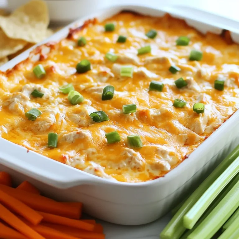 For this tasty dip, you will need: - 2 cups rotisserie chicken, shredded - 1 package (8 oz) cream cheese, softened - 1/2 cup buffalo wing sauce (adjust to your spice level) - 1/2 cup ranch dressing - 1 cup shredded cheddar cheese These main ingredients blend well. The rotisserie chicken adds flavor and texture. Cream cheese makes the dip creamy. Buffalo wing sauce gives that spicy kick. Ranch dressing balances the heat, while cheddar cheese adds richness. To make your dip look even better, consider these garnishes: - 1/2 cup green onions, chopped Chopped green onions give a fresh taste. They also add a splash of color on top. You can sprinkle them right before serving. This dip pairs well with crunchy items: - Tortilla chips - Celery sticks - Carrot sticks Tortilla chips bring a nice crunch. Celery and carrot sticks offer a fresh, crisp option. They also help cool down the heat from the dip. These options make your game day spread fun and tasty. {{ingredient_image_1}} First, gather your ingredients. You need two cups of shredded rotisserie chicken, an 8-ounce package of softened cream cheese, half a cup of buffalo wing sauce, and half a cup of ranch dressing. Also, grab one cup of shredded cheddar cheese and half a cup of chopped green onions for garnish. Start by preheating your oven to 350°F (175°C). In a large mixing bowl, blend the softened cream cheese, buffalo wing sauce, and ranch dressing. Mix until it’s smooth and creamy. This step is key to a delicious dip. Next, gently fold in the shredded rotisserie chicken and half of the shredded cheddar cheese. Make sure everything is mixed well. Now, transfer the dip mixture into a medium-sized baking dish. Spread it out evenly. This helps it cook evenly. Sprinkle the rest of the cheddar cheese on top. This will give your dip a nice cheesy crust. Place the dish in the preheated oven. Bake for 20-25 minutes. You will know it’s ready when the dip is hot, bubbly, and the cheese is melted. Make sure to keep an eye on it to avoid burning. Once done, remove the dip from the oven. Let it cool for a few minutes. This helps prevent burns when serving. For a fresh touch, garnish with chopped green onions. Serve your buffalo dip with tortilla chips, celery sticks, and carrot sticks. You can also use individual ramekins for a fun twist at parties. This makes it easy for everyone to enjoy their own portion. To store leftover dip, let it cool first. Then, place it in an airtight container. You can keep it in the fridge for up to three days. When you want to eat it again, just reheat it in the oven or microwave until warm. Stir it well before serving. If you want a milder dip, use less buffalo wing sauce. You can add more ranch dressing to tone down the heat. For extra spice, try adding more buffalo sauce or hot sauce. Taste as you go to find your perfect heat level. You can make this dip a day before your event. Prepare the dip and place it in your baking dish. Cover it well and store it in the fridge. When you’re ready to serve, just bake it as directed. This saves time and helps flavors blend nicely. Pro Tips Adjust the Spice Level: If you prefer a milder dip, reduce the amount of buffalo wing sauce or choose a milder variety. You can also add more ranch dressing to balance the heat. Use Fresh Chicken: For an even fresher taste, consider poaching or grilling your own chicken instead of using rotisserie chicken. This allows you to control the seasoning and flavor profile. Make Ahead: This dip can be prepared in advance. Assemble the dip in the baking dish, cover it, and refrigerate for up to 24 hours before baking. Just add a few extra minutes to the baking time. Add Extra Toppings: Get creative with toppings! Consider adding crumbled blue cheese, diced jalapeños, or additional herbs for an extra flavor punch before serving. {{image_2}} You can switch up the protein in this dip. If you prefer turkey, use shredded turkey instead of rotisserie chicken. This works great, especially after a holiday feast. You can also try canned chicken for a quick option. Just drain it well before mixing it in. For a vegetarian twist, use shredded jackfruit or chickpeas. They both soak up the flavors well. If you want a different base, there are some great cream cheese substitutes. You can try Greek yogurt for a lighter option. It adds tanginess and keeps it creamy. Cottage cheese is another choice. Just blend it until smooth for a similar texture. Vegan cream cheese works well too. It's perfect for dairy-free diets and still gives that creamy feel. Cheese is key for flavor and texture. While cheddar is a classic, you can mix it up. Try pepper jack for extra heat. It adds a nice kick to the dip. For a more savory taste, use gouda or feta. They bring unique flavors that stand out. Mixing different cheeses can lead to fun new tastes. Remember, cheese blends can make your dip even more exciting! This creamy dip packs a punch of flavor. Each serving has about 300 calories. You can enjoy it guilt-free during game day! Here’s the nutrient breakdown for each serving: - Protein: 20 grams - Carbohydrates: 8 grams - Fat: 22 grams - Fiber: 1 gram - Sodium: 600 milligrams This dip gives you protein from the rotisserie chicken and cheese. The ranch dressing adds creaminess, while the buffalo sauce gives it that spicy kick. Want to make this dip a bit lighter? Try these swaps: - Use Greek yogurt instead of cream cheese for less fat. - Choose a low-fat ranch dressing to cut calories. - Add more veggies like bell peppers or spinach for extra nutrients. These tweaks keep the flavor while making it a bit healthier. Enjoy! Yes, you can use shredded chicken. Cook your chicken in any way you like. Boiling or baking works well. Just make sure to shred it fine. Rotisserie chicken adds great flavor and saves time. But shredded chicken is a good alternative when you do not have rotisserie on hand. Yes, this dip is freezer-friendly. You can make it ahead of time. Just let it cool completely first. Then, place it in a freezer-safe container. When ready to eat, thaw it in the fridge overnight. Bake it as directed to heat it up. The taste will still be great! You have many tasty options! Serve it with tortilla chips for crunch. Celery sticks add a nice fresh bite. Carrot sticks bring sweetness and color. You can also use pita bread or crackers. Get creative and have fun with your dips! This blog post covered everything you need to make a tasty Rotisserie Chicken Buffalo Dip. We discussed the main ingredients and optional garnishes, plus how to prepare and bake the dip. You learned tips for storing leftovers, adjusting spice levels, and variations for protein and cheese. Remember, you can tweak this recipe to fit your taste preferences. Enjoy creating this crowd-pleaser for your next event, and don’t forget to experiment with your own flavors!
