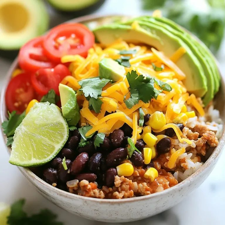 To make a tasty taco rice bowl, gather these simple ingredients: - 2 cups cooked rice (white or brown) - 1 pound ground turkey or beef - 1 can (15 oz) black beans, drained and rinsed - 1 cup corn kernels (frozen or fresh) - 1 packet taco seasoning - 1 cup diced tomatoes (fresh or canned) - 1 cup shredded lettuce - 1 cup shredded cheese (cheddar or Mexican blend) - 1 avocado, sliced - 1/4 cup fresh cilantro, chopped - 2 tablespoons olive oil - 1 lime, cut into wedges - Salt and pepper to taste You can easily adjust this recipe for special diets. For gluten-free, use gluten-free taco seasoning. You can also skip the cheese or use a dairy-free cheese alternative. If you are vegan, replace the meat with a plant-based protein like lentils or tofu. For taco seasoning, I like brands like McCormick or Simply Organic. They offer great flavor without fillers. For beans, I recommend Goya or Eden Organic. They are reliable and taste fresh. For cheese, try Cabot or Sargento for a good blend. Each brand adds delicious taste to your taco rice bowl. {{ingredient_image_1}} To start, heat 2 tablespoons of olive oil in a large skillet. Use medium heat for best results. Once the oil is hot, add 1 pound of ground turkey or beef. Break the meat apart with a spatula as it cooks. Keep an eye on it for about 5 to 7 minutes. You want it browned but not burnt. If there's extra fat, drain it off. Next, add the taco seasoning. Follow the package instructions for the right amount. If it looks dry, add a splash of water. Stir well and let it simmer for 2 to 3 minutes. This helps the flavors blend. While the meat cooks, grab a large mixing bowl. Add 2 cups of cooked rice, black beans, corn, and diced tomatoes. Make sure to drain and rinse the black beans first. This helps remove any excess salt. Season this mixture with salt and pepper to your taste. Mix it all together until everything is evenly combined. This step is key; it creates a tasty base for your bowl. Now, it's time to assemble your taco rice bowl. Use individual serving bowls for a nice touch. Start with a layer of the rice mixture at the bottom. Next, add the seasoned meat on top. This creates a hearty layer. After that, sprinkle shredded lettuce and cheese over the meat. Finally, add sliced avocado and chopped cilantro. For a pop of color, use fresh cilantro. Serve each bowl with lime wedges on the side. A squeeze of lime adds a refreshing twist. Enjoy your beautiful, tasty creation! To get the best flavor in your taco rice bowl, timing matters. Start by cooking your meat first. This way, it can soak up the taco seasoning fully. While the meat cooks, prep your rice and veggies. This keeps everything fresh. Once the meat is ready, combine it with the rice mix. Serve immediately for the best taste and texture. One common mistake is overcooking the meat. Keep an eye on it. Cook until it's just browned and mix in the seasoning. Don’t skip rinsing the black beans. This reduces the saltiness. Another mistake is not layering the bowl. Layering helps mix flavors well. Lastly, don't forget the lime. A squeeze of lime adds a bright kick. You can customize your taco rice bowl with many toppings. Here are some tasty options: - Sliced jalapeños for heat - Sour cream for creaminess - Salsa for extra flavor - Pickled onions for tang - Crushed tortilla chips for crunch Feel free to mix and match. This way, every bowl can be unique. Pro Tips Use Leftover Rice: If you have leftover rice, this recipe is a perfect way to repurpose it, saving you time and reducing food waste. Customize Your Protein: Feel free to swap the ground turkey or beef with shredded chicken, tofu, or even tempeh for a vegetarian option. Spice It Up: Add jalapeños or hot sauce to your bowl for an extra kick of heat if you enjoy spicy flavors. Fresh Ingredients Matter: Using fresh tomatoes and avocados enhances the overall flavor and texture of the dish, making it more enjoyable. {{image_2}} You can easily make a vegetarian or vegan taco rice bowl. Start by swapping the ground turkey or beef with plant-based proteins. Options include lentils, crumbled tofu, or tempeh. These choices give you a hearty texture. You can also use black beans or chickpeas for added protein. For cheese, choose a plant-based version or skip it altogether. Use nutritional yeast for a cheesy flavor without dairy. Add more veggies, like bell peppers or zucchini, to boost flavor and nutrition. For a zesty twist, mix in some diced jalapeños or a splash of hot sauce. To make this dish gluten-free, use gluten-free taco seasoning. Many brands offer this option, so check the label. The rice is already gluten-free, but be careful with toppings. Some store-bought salsas may contain gluten. Always read the labels when you shop. If you want to switch up the base, try using quinoa instead of rice. It’s a great gluten-free grain that adds a nutty flavor. You can also use cauliflower rice for a low-carb option. It’s a great way to cut carbs while keeping the dish tasty. Different regions have unique takes on the taco rice bowl. In Tex-Mex style, you might find more cheese and spice. Use a spicy cheese blend or add diced jalapeños for heat. You could also add some beans and guacamole for a richer taste. For a more authentic Mexican style, use fresh ingredients. Use pico de gallo instead of diced tomatoes, or add fresh corn if it's in season. You can sprinkle some crumbled queso fresco on top for authentic flavor. Each twist adds a new layer of taste and makes the dish special. To keep your taco rice bowl tasty, store leftovers in an airtight container. Cool the bowl to room temperature first. This step helps avoid condensation, which can make your rice soggy. Divide the bowl into smaller portions if you plan to eat them at different times. This way, you only heat what you need. When you are ready to eat, reheat the taco rice bowl in the microwave. Place the bowl in the microwave and cover it with a lid or a damp paper towel. Heat it for about 1-2 minutes, stirring halfway through. This method keeps the rice moist and helps warm up the meat evenly. You can also reheat it on the stove. Add a splash of water and heat in a skillet over medium heat until warm. For meal prep, I recommend using glass containers with lids. They are durable and do not stain easily. Look for ones that are microwave-safe. These containers help you see what you have inside. You can also use BPA-free plastic containers. Just make sure they are labeled as microwave-safe. Yes, you can use brown rice. Brown rice adds more fiber. It also has a nutty taste. Cooking time may be longer, around 45 minutes. Make sure to adjust water as needed. To add spice, use hotter taco seasoning. You can also mix in jalapeños or hot sauce. Fresh chopped chilies work well too. Adding a sprinkle of cayenne pepper can give it a kick. You can use chicken, pork, or tofu as protein options. Shrimp is another tasty choice. Each protein brings its unique flavor to the bowl. Just make sure to adjust cooking times. Yes, this recipe is great for meal prep. Cook all ingredients and store them in containers. Keep toppings like lettuce and avocado separate. This keeps everything fresh for several days. For a low-carb version, swap rice with cauliflower rice. You can also skip the beans or use lentils. Load up on veggies and proteins for a filling meal. In this post, we covered how to make an Easy Taco Rice Bowl. We discussed ingredients, step-by-step cooking, and tips for great flavor. You learned about substitutions for allergens, flavor timing, and common mistakes. Don’t forget the variations for vegetarian or gluten-free options. Lastly, we shared storage tips so you can enjoy leftovers. With this knowledge, you can create delicious taco rice bowls anytime. Dive in and have fun experimenting with flavors and toppings. Enjoy every bite!