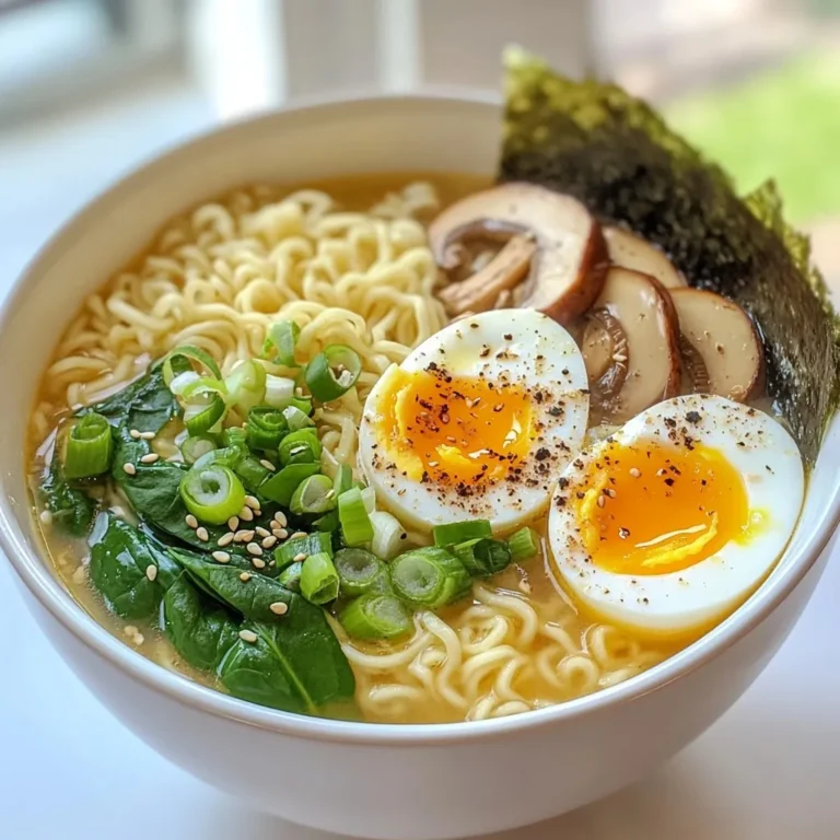 - 4 cups chicken or vegetable broth - 2 packs of instant ramen noodles (discard the seasoning packets) - 1 tablespoon sesame oil - 1 tablespoon soy sauce - 2 teaspoons miso paste - 1 tablespoon ginger, grated - 2 garlic cloves, minced - 1 cup shiitake mushrooms, sliced - 1 cup baby spinach - 2 soft-boiled eggs - Nori sheets, cut into strips - Sesame seeds for garnish Gathering the right ingredients is key to a great ramen bowl. For the broth, you can choose chicken or vegetable broth. This adds depth and flavor to your dish. Instant ramen noodles work best here, but skip the seasoning packets. Next, we add aromatics. Sesame oil gives a nice nutty flavor. Soy sauce adds saltiness, while miso paste brings umami. Ginger and garlic give a warm kick. These make the base of your ramen special. For the vegetables, shiitake mushrooms are a must. They add a rich texture. Baby spinach is a healthy touch that wilts nicely in the hot broth. Green onions add a fresh crunch and color. Now, let's talk proteins. Soft-boiled eggs are a classic choice. They add creaminess and richness. Finally, garnishes make your dish pop. Nori sheets and sesame seeds are perfect for this. They bring a nice finish and extra flavor. With these ingredients, you're ready to create a comforting and flavorful ramen bowl! {{ingredient_image_1}} To start, heat 1 tablespoon of sesame oil in a large pot over medium heat. Once the oil is hot, add 2 minced garlic cloves and 1 tablespoon of grated ginger. Stir these for about 1 minute. The smell will be amazing! Next, add 1 cup of sliced shiitake mushrooms to the pot. Sauté the mushrooms for about 3 to 4 minutes. They should soften and absorb the flavors. Now it’s time for the liquid gold! Pour in 4 cups of chicken or vegetable broth. Add 1 tablespoon of soy sauce and 2 teaspoons of miso paste. Stir well until the miso paste dissolves completely. Bring this mixture to a simmer. This broth will be the heart of your ramen. Once your broth is simmering, grab 2 packs of instant ramen noodles. Discard the seasoning packets; we won’t need them. Add the noodles to the broth and cook according to the package instructions, usually about 3 to 4 minutes. In the last minute of cooking, toss in 1 cup of baby spinach and the sliced green onions. The spinach will wilt nicely and add color to your dish. While your noodles cook, let’s make those soft-boiled eggs! In a small pot, bring water to a boil. Once boiling, gently add your eggs. Boil them for 6 to 7 minutes for a perfect soft center. After cooking, quickly transfer the eggs to an ice bath. This stops the cooking and makes peeling easier. Once cooled, gently peel the eggs and set them aside. Now you have all the components ready to serve! How do I adjust flavors and seasoning? Taste your broth often. If it needs more flavor, add a dash of soy sauce or miso. For heat, consider a sprinkle of chili flakes. These small tweaks can elevate your ramen. What are alternative broth options? You can use homemade broth for a richer taste. Bone broth or dashi are great choices. If you want a lighter option, vegetable broth works well too. How do I avoid overcooked noodles? Cook your noodles in the broth for just 3 to 4 minutes. Keep an eye on them to ensure they stay firm. Drain and rinse under cold water if needed. Which ramen noodles should I select? Look for fresh or frozen ramen noodles. They have a better texture than instant noodles. If those aren’t available, use instant noodles, but toss the seasoning packets. How can I achieve the perfect soft-boiled egg? To make soft-boiled eggs, boil water first. Gently add eggs and cook for 6 to 7 minutes. Then, transfer them to an ice bath to stop cooking. This makes peeling easy and keeps the yolk creamy. Pro Tips Use Fresh Ingredients: Fresh vegetables and herbs can elevate the flavor of your ramen significantly. Opt for seasonal greens and fresh ginger for a vibrant taste. Experiment with Broth: While chicken or vegetable broth is a great base, consider adding a splash of sake or mirin for depth. You can also try adding kombu for a unique umami flavor. Customize Your Toppings: Feel free to get creative with your toppings! Try adding corn, bamboo shoots, or even sliced radishes for an extra crunch and flavor boost. Perfect Your Soft-Boiled Eggs: For the best soft-boiled eggs, aim for a cooking time of exactly 6 minutes, followed by an immediate ice bath to stop the cooking process for a perfectly runny yolk. {{image_2}} You can switch up the protein in your ramen bowl for a tasty twist. Here are some great ideas: - Tofu and other meat alternatives: Tofu is a fantastic option. It soaks up flavors well. You can use firm or silken tofu. For a meat alternative, try tempeh. Just sauté it until golden. - Chicken, pork, or beef additions: You can add cooked chicken, pork, or beef for heartiness. Just slice thinly and place it on top before serving. For chicken, shredded rotisserie works great! If you want a vegetarian or vegan bowl, I have some easy swaps for you: - Substituting ingredients for plant-based options: Use vegetable broth instead of chicken broth. For the protein, use tofu or mushrooms. You can also skip the soft-boiled eggs. Instead, add avocado slices for creaminess. Boost the taste of your ramen with these spices and sauces: - Spices and sauces for extra depth: Try adding chili oil for heat. A splash of rice vinegar adds brightness. For more umami, sprinkle in some nutritional yeast or a dash of soy sauce. Each addition can change your bowl drastically! Feel free to mix and match these ideas! Your ramen bowl can be truly unique. To keep your ramen fresh, store it in airtight containers. This will help keep the flavors strong. Place the broth and noodles in separate containers. The noodles can get soggy if left in the broth. Your ramen will last about 3 to 4 days in the fridge. Always check for any odd smells before eating. When you want to enjoy your ramen again, reheating is simple. You can use a pot on the stove. Heat the broth gently and add the noodles. Stir to combine. You can also use the microwave. Place the broth and noodles in a bowl. Heat in short bursts, stirring often, until warm. Avoid boiling the broth to keep the flavors intact. Freezing ramen is a great way to save it for later. You can freeze the broth and the extras separately. Cool the broth first, then pour it into freezer-safe bags. Remove the air to prevent freezer burn. For noodles, you can freeze them too, but they may lose texture. Keep everything for up to 3 months in the freezer. When you're ready to eat, thaw in the fridge overnight before reheating. You can use fresh ramen noodles or dried egg noodles. Both options give a great texture. Another choice is to use rice noodles for a gluten-free option. Cook them according to package instructions. This way, you skip the instant noodles and enjoy a more authentic taste. Toppings can make your ramen shine. Here are some great ideas: - Soft-boiled eggs for creaminess - Sliced pork or chicken for protein - Tofu for a vegetarian option - Corn for sweetness - Bamboo shoots for crunch - Spicy chili oil for heat - Fresh herbs like cilantro or basil for brightness Feel free to mix and match these toppings to create your perfect bowl! Yes, you can make broth ahead of time! Here are some tips: - Prepare the broth and cool it down. - Store it in an airtight container in the fridge for up to 3 days. - For longer storage, freeze it in portions. It will keep for about 3 months. - When ready to use, just reheat it on the stove. This saves time on busy days and still gives you that homemade flavor! This blog post guides you in making delicious ramen from scratch. We covered ingredients, from broth to noodles, and tips for perfecting flavors. You learned how to store ramen and even ways to customize it. Enjoy exploring variations and adding your favorite proteins or veggies! Now that you've got the basics, get creative with your ramen style. Each bowl can be a new adventure in taste. Dive in and savor your homemade ramen experience!