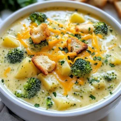 - 4 cups broccoli florets - 2 large potatoes, peeled and diced - 1 medium onion, chopped - 3 cloves garlic, minced - 4 cups vegetable broth - 1 cup milk or plant-based milk - 2 cups shredded sharp cheddar cheese - 1 teaspoon dried thyme - Salt and pepper to taste - 2 tablespoons olive oil - Optional garnishes: Croutons and fresh parsley Gather these ingredients to make a warm and creamy soup. Broccoli brings a nice crunch and color. Potatoes give it a hearty feel. Onions and garlic add sweetness and depth. The vegetable broth makes it rich and flavorful. You can use regular milk or plant-based milk for a vegan option. Sharp cheddar cheese melts well and adds great taste. Dried thyme gives a lovely aroma. Don't forget the salt and pepper to boost flavor. Olive oil helps sauté the onions and garlic, making the soup even better. Lastly, croutons and parsley can make your soup look fancy. These simple ingredients come together for a delicious meal. {{ingredient_image_1}} - Heat 2 tablespoons of olive oil in a skillet over medium heat. - Add 1 medium chopped onion and 3 minced garlic cloves. - Sauté until the onion turns translucent, about 4-5 minutes. This step builds great flavor. - Transfer the onion and garlic to the crockpot. - Add 2 large diced potatoes and 4 cups of broccoli florets. - Pour in 4 cups of vegetable broth, then add 1 teaspoon of dried thyme. - Season with salt and pepper to taste. Stir gently to mix. - Set your crockpot to low or high. - If on low, cook for 6-8 hours. If on high, cook for 3-4 hours. - Check the potatoes for tenderness with a fork. They should feel soft. - Once cooked, use an immersion blender to puree the soup. - Blend until you reach your desired texture, smooth or chunky. - Return the pureed soup to the crockpot. - Stir in 1 cup of milk and 2 cups of shredded sharp cheddar cheese. - Let it cook on low for an extra 30 minutes, until the cheese melts. - Taste and adjust the seasoning if needed. Sautéing the onion and garlic is key. This step adds depth to your soup. Heat olive oil in a skillet. Once hot, add the chopped onion and minced garlic. Cook them until the onion is clear, about 4-5 minutes. This makes the flavors pop. Choosing the right cheese matters too. I prefer sharp cheddar for a rich flavor. You can also mix in some Gruyère for a twist. Just make sure it melts well. Do you want a creamy or chunky soup? For a creamy texture, use an immersion blender. Blend the soup until smooth. If you like it chunky, blend just a little. Keep some broccoli and potato pieces. To use an immersion blender, make sure to submerge it fully in the soup. Turn it on and move it around for even blending. Presentation is important. Serve the soup hot in bowls. Add a sprinkle of croutons on top. This gives a nice crunch. Fresh parsley adds color and flavor too. Just chop it finely and sprinkle it on before serving. You can also use a drizzle of olive oil for extra richness. Enjoy your soup with a slice of crusty bread for a complete meal! Pro Tips Use Fresh Ingredients: Fresh broccoli and potatoes will enhance the flavor and texture of your soup. If using frozen broccoli, add it in the last hour of cooking to prevent it from becoming mushy. Customize the Cheese: While sharp cheddar is delicious, you can mix in other cheeses like gouda or mozzarella for a unique flavor profile. Adjust Consistency: Depending on your preference, you can blend the soup to a completely smooth texture or leave some chunks for added heartiness. Season to Taste: Always taste your soup before serving. Adjust the salt, pepper, or thyme based on your personal preference for the best flavor. {{image_2}} Vegan alternatives To make this soup vegan, swap the milk for plant-based milk like almond or oat milk. You can also use vegan cheese instead of regular cheddar. This keeps the creamy texture while making it plant-friendly. Gluten-free modifications This recipe is naturally gluten-free. Just be sure to use gluten-free broth and cheese. Always check labels to ensure your ingredients are gluten-free. Other vegetables to add or replace Feel free to mix in other veggies. Carrots, cauliflower, or corn work well. They can add extra flavor and texture. Try adding a handful of spinach for a nutrient boost! Cheese alternatives and flavors If you want a different cheese flavor, consider using gouda or pepper jack. These can give your soup a unique twist. You can also skip the cheese for a lighter soup and add nutritional yeast for a cheesy taste. Spices and herbs to experiment with Add a pinch of paprika or cayenne for a bit of heat. Fresh herbs like basil or chives can also brighten the flavor. Experimenting with spices can lead to new favorite versions. Adding proteins like shredded chicken To make this soup heartier, add cooked shredded chicken. Toss it in during the last 30 minutes of cooking. This adds protein and makes it a complete meal. To store leftover soup, let it cool first. Place it in an airtight container. You can use glass or plastic containers. Make sure to leave some space at the top. This helps prevent spills when the soup expands. Store the soup in the fridge for up to three days. For long-term storage, you can freeze the soup. Use freezer-safe bags or containers. Leave a little room at the top for expansion. The soup can last for up to three months in the freezer. To thaw the soup, move it to the fridge overnight. If you're in a hurry, you can thaw it in the microwave. Reheat on the stove over low heat, stirring often. You can also use the microwave, but check every few minutes to avoid hot spots. Enjoy your creamy soup anytime! How long does the soup last in the fridge? This soup stays good in the fridge for about 3 to 5 days. Store it in an airtight container. Just reheat it on the stove or in the microwave when you want to enjoy it again. Can I use fresh broccoli instead of frozen? Yes, you can use fresh broccoli! Fresh broccoli adds a nice crunch and bright flavor. Just chop it into florets, and follow the same cooking steps. The cooking time might be a bit shorter, so check for tenderness. What if I don't have a crockpot? If you don’t have a crockpot, you can use a large pot on the stove. Just follow the same steps, but cook it over low heat. Stir occasionally and let it simmer until the potatoes are tender. Can I make this soup on the stovetop? Yes, you can make this soup on the stovetop. Start by sautéing the onion and garlic in a pot. Then, add the potatoes, broccoli, and broth. Let it cook for about 30 minutes or until the potatoes are soft. Blend and add milk and cheese as usual. Is this soup healthy? Yes, this soup is quite healthy! It has lots of veggies and can be made with plant-based milk. It’s filling and comforting, making it a great meal choice. Caloric count per serving and dietary considerations Each serving has about 300 calories. It varies based on the cheese and milk you use. If you want to reduce calories, try using less cheese or a lighter milk option. This soup can also be made vegan by using plant-based cheese and milk. This blog post covers a delicious broccoli cheese soup recipe. We explored the ingredients, preparation steps, and helpful tips to enhance the flavor. You learned about variations, dietary adjustments, and how to store leftovers properly. In my view, this soup is a simple yet satisfying dish. It fits different diets, and you can make it your own. Enjoy cooking and sharing this meal! It’s a hearty option everyone will love.