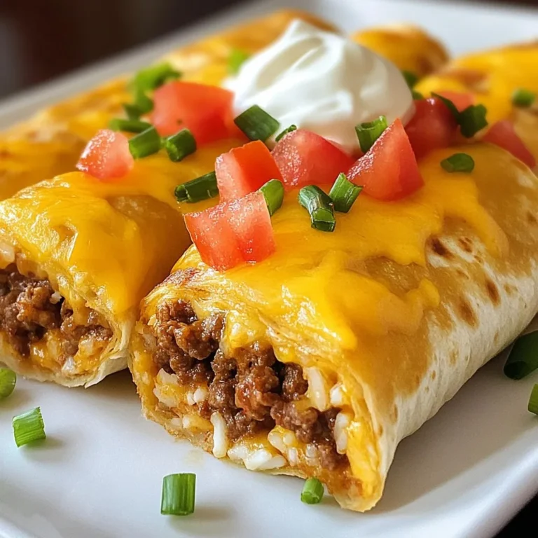 - 1 lb ground beef - 1 packet taco seasoning - 1/2 cup water - 2 cups cooked white rice - 1 cup shredded cheddar cheese - 1 cup nacho cheese sauce - 4 large flour tortillas - 1/2 cup sour cream - 1/4 cup diced tomatoes - 1/4 cup sliced green onions - 1/4 cup chopped cilantro - Salt and pepper to taste - Water for beef mixture The main ingredients for the Beefy Melt Burrito create a rich flavor. Ground beef serves as the hearty base. Taco seasoning packs a punch, giving it that classic Mexican taste. Adding cooked white rice adds texture and makes it filling. Cheddar cheese and nacho cheese sauce blend for a cheesy delight. Finally, large flour tortillas wrap everything up perfectly. Optional ingredients can enhance your burrito. Sour cream adds creaminess, while diced tomatoes give freshness. Green onions and chopped cilantro bring a nice crunch and color. You can customize your burrito with these tasty add-ons. When it comes to seasoning, salt and pepper balance all the flavors. You’ll also need water to help mix the taco seasoning with the beef. This step is key for a juicy filling. Each ingredient plays a role in making this dish a flavor bomb. {{ingredient_image_1}} To start, heat a skillet on medium. Add 1 pound of ground beef. Cook it until it turns brown. Use a spatula to break it apart. Once cooked, drain any extra fat. Next, add one packet of taco seasoning and 1/2 cup of water. Mix well and let it simmer. Cook for about five minutes. This thickens the beef mixture. Taste it and add salt and pepper if you need more flavor. In a large bowl, combine the beef mixture with 2 cups of cooked white rice. Next, add 1 cup of shredded cheddar cheese and 1 cup of nacho cheese sauce. Stir everything together until fully mixed. Now, it's time to prepare the tortillas. Warm 4 large flour tortillas in a dry skillet or the microwave. This makes them easier to fill. Lay each tortilla flat on a surface. Spread a generous scoop of the beef and rice mixture down the center of each. Don’t forget to add a dollop of sour cream, some diced tomatoes, and a sprinkle of green onions. If you like cilantro, add some chopped cilantro too. Now, fold the sides of the tortilla inwards. Then, roll it up from the bottom to make a burrito. For a crispy finish, heat a skillet over medium heat. Place the burritos seam-side down in the skillet. Cook for 2 to 3 minutes until they turn golden brown. Flip the burritos and repeat on the other side. This step gives them a nice crunch and melts the cheese inside. Enjoy your Beefy Melt Burrito! - How to choose the best ground beef: Look for beef with 80/20 lean-to-fat ratio. This mix gives good flavor and moisture. Avoid very lean beef, as it may dry out. - Ensuring tortillas are pliable: Warm tortillas in a dry skillet or microwave for about 10-15 seconds. This softens them, making them easier to roll without tearing. - Neat folding techniques: Start by laying the filling down the center. Fold the sides in, then roll from the bottom up. This keeps the filling locked inside. - Adjusting portion sizes: Use about 1 cup of filling for each burrito. This helps keep the burrito full but not overstuffed. - Adding extra spices to the beef mixture: Mix in garlic powder, onion powder, or cayenne pepper for a kick. Just a pinch can boost the taste. - Suggestions for toppings: Top with avocado, jalapeños, or a squeeze of lime. Fresh toppings add texture and flavor. Pro Tips Brown the Beef Properly: Ensure that the ground beef is well-browned to develop a rich flavor. This step is crucial for enhancing the overall taste of the burrito. Customize Your Fillings: Feel free to add your favorite ingredients like black beans, corn, or jalapeños for extra flavor and texture. Tailoring the fillings makes it your own! Use Fresh Ingredients: Fresh diced tomatoes and cilantro elevate the freshness of your burrito. Opt for ripe tomatoes and vibrant herbs for the best results. Perfect the Burrito Roll: To achieve a secure roll, make sure to fold in the sides tightly before rolling from the bottom. This prevents the filling from spilling out during cooking or serving. {{image_2}} You can swap out ground beef for chicken or turkey. These proteins work great in this dish. Just cook them the same way as the beef. Use taco seasoning to add flavor. You can also try a vegetarian option. Use lentils or black beans instead of meat. They offer a hearty texture and taste. Cheddar cheese is classic, but feel free to mix it up. Pepper jack adds spice. Monterey Jack brings creaminess. You can also try a vegan cheese alternative. Look for brands that melt well. These options can give you the same creamy goodness without dairy. Want to spice things up? Add jalapeños for heat. You can use fresh, pickled, or even roasted jalapeños. They add a nice kick to each bite. You can also throw in some beans or corn. Both add flavor and texture. Black beans or pinto beans work well here. Corn gives a sweet crunch that balances the dish. To keep your Beefy Melt Burrito fresh, store it in the fridge. Use an airtight container for best results. If you have more than one burrito, wrap each in foil or plastic wrap. This helps prevent them from drying out. You can store them in the fridge for up to three days. If you want to keep them longer, the freezer is a good option. To reheat your burrito, use the oven or a skillet. The oven keeps it crispy. Preheat your oven to 350°F (175°C). Place the burrito on a baking sheet and heat for about 15-20 minutes. If using a skillet, heat it over medium heat. Cook the burrito seam-side down for 2-3 minutes, then flip. This method keeps the outside crispy while warming the inside. To freeze your assembled burritos, wrap each one tightly in foil or plastic wrap. Place them in a freezer-safe bag to avoid freezer burn. They can be frozen for up to three months. When you are ready to eat, thaw the burrito in the fridge overnight. To cook, you can either bake it in the oven or heat it in a skillet. If cooking from frozen, add a few extra minutes to the cooking time. To spice up your Beefy Melt Burrito, add jalapeños or hot sauce. You can mix diced jalapeños into the beef mixture or top the burrito with hot sauce before serving. Another option is to use a spicier taco seasoning. This adds heat without changing the overall flavor too much. Yes, you can prepare the ingredients in advance. Cook the ground beef and rice, then store them in the fridge. You can mix the beef with taco seasoning and water and keep it in a sealed container. This makes it easy to assemble the burritos when you are ready to eat. Beefy Melt Burritos pair well with many sides. Consider serving them with tortilla chips and salsa. A simple side salad with lettuce, tomatoes, and avocado also works great. You could even make a creamy dip with sour cream and guacamole for extra flavor. Yes, you can make this recipe gluten-free. Use gluten-free tortillas instead of flour ones. Check the taco seasoning packet for gluten-free options. Many brands offer gluten-free alternatives that taste just as good. Cooking the burritos in a skillet takes about 2-3 minutes per side. You want them to be golden and crispy. Make sure the skillet is hot enough before placing the burritos in it. This helps to create that nice, crunchy texture. Absolutely! To make a vegetarian version, swap the ground beef for cooked beans or lentils. You can also use sautéed veggies like bell peppers and onions. Make sure to adjust the seasoning to keep the flavor strong. The rest of the recipe stays the same. The Beefy Melt Burritos recipe is easy and fun. You learned about important ingredients like ground beef, cheese, and tortillas. We covered how to prepare, mix, and assemble tasty burritos. You also discovered tips for flavor, alternatives, and storage. Now you can enjoy a delicious meal any time. Try new variations to keep it exciting. With practice, you’ll master this dish and impress others. Enjoy your cooking adventure!
