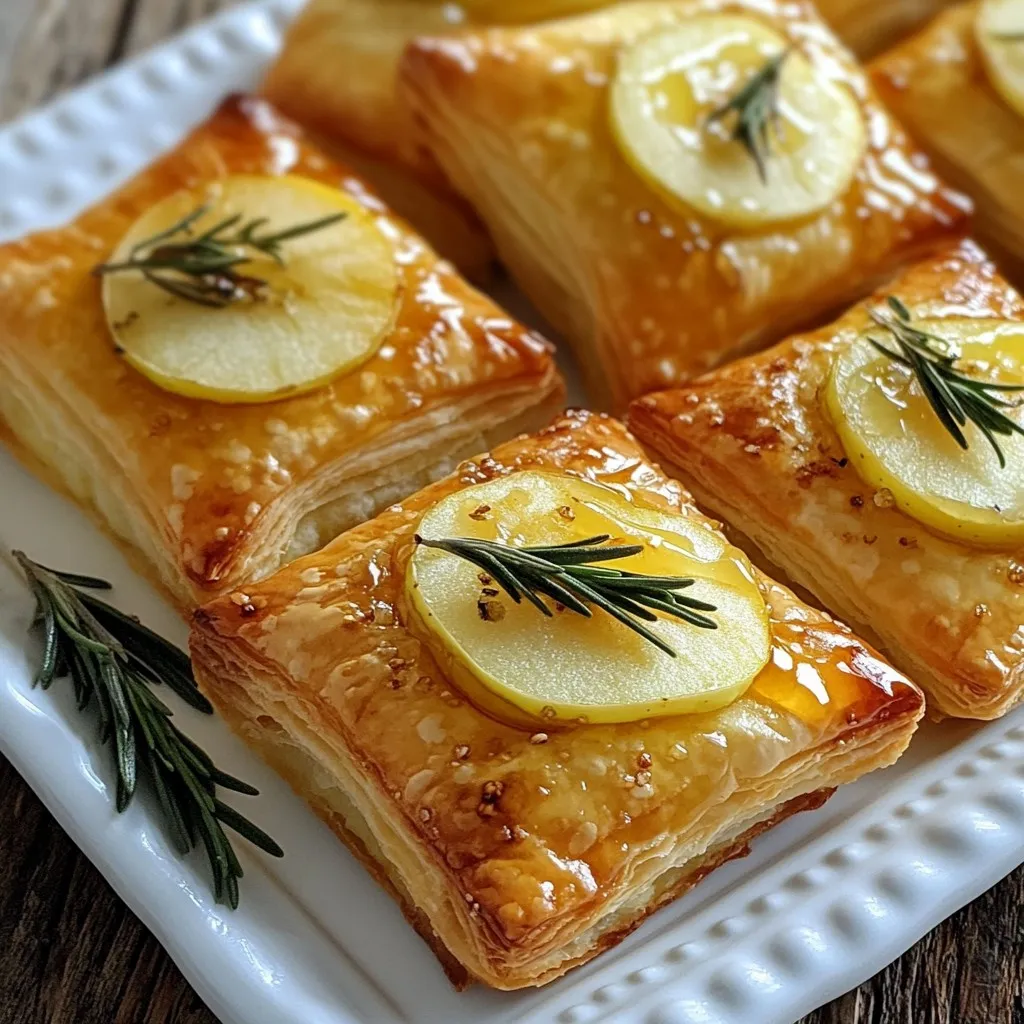 To make Apple Brie Puff Pastry Bites, you need the following items: - 1 sheet of puff pastry, thawed - 1 medium apple (like Granny Smith or Honeycrisp), cored and thinly sliced - 6 ounces of Brie cheese, cut into small squares - 1 tablespoon honey - 1 teaspoon fresh rosemary, finely chopped (or ½ teaspoon dried rosemary) - 1 egg, beaten (for egg wash) - Salt and pepper to taste The puff pastry is the base of this recipe. Use one sheet, so it's easy to handle. A medium apple gives the right amount of sweetness and crunch. I like using 6 ounces of Brie cheese, but you can adjust this to your taste. Honey adds a nice touch of sweetness. One tablespoon is perfect. For a hint of earthiness, add one teaspoon of fresh rosemary, or half that if using dried. The egg wash helps the pastry turn golden. A pinch of salt and pepper enhances all the flavors. If you want to add some crunch, consider using chopped walnuts or pecans. These nuts add texture and flavor. You can sprinkle them on top before baking. This small change can make a big difference in taste! {{ingredient_image_1}} First, preheat your oven to 400°F (200°C). This step gets your oven ready for baking. Next, take your puff pastry sheet and place it on a lightly floured surface. Roll it out gently to smoothen and make it a bit larger. This helps the pastry puff up nicely. Cut the pastry into 3x3 inch squares. You should get about nine squares from one sheet. Now, grab your Brie cheese and cut it into small squares. Place one square of Brie in the center of each pastry square. Next, take your apple and slice it thinly. Layer 2-3 apple slices on top of the Brie. Drizzle some honey over the apples for sweetness. Then, sprinkle fresh rosemary on top. Add a pinch of salt and pepper for flavor. Fold the corners of the pastry square over the filling. Pinch the corners together to seal them tight. This will form little bundles of goodness. Next, line a baking sheet with parchment paper. Place your pastry bites on the sheet. Make sure they have some space between them. This helps them bake evenly. Now, take the beaten egg and brush the tops of each pastry bite. This gives them a golden finish when baked. Optional: If you want some crunch, sprinkle chopped walnuts or pecans on top. Now, it’s time to bake! Place the baking sheet in your preheated oven. Bake for 15-20 minutes, or until the bites are golden brown and flaky. You’ll know they’re done when they smell amazing! Once baked, carefully take the pastry bites out of the oven. Let them cool for a couple of minutes on the baking sheet. This helps them firm up a bit. When ready to serve, arrange the bites on a decorative platter. For a festive touch, garnish with extra rosemary or thin apple slices around the edges. Enjoy your tasty Apple Brie Puff Pastry Bites! To make great puff pastry bites, start with good pastry. Thaw it slowly in the fridge. This keeps it cold and easy to handle. Roll it out gently on a floured surface. Aim for an even thickness. This helps create those lovely flaky layers. If the dough warms up, it may become hard to work with. Keep it cool and handle it lightly. Select apples that balance sweet and tart. Granny Smith apples add a nice tang. Honeycrisp apples are sweet and crisp. Both give a great taste with Brie cheese. Slice the apples thinly so they cook well in the oven. This makes them soft and juicy, enhancing the flavor of your bites. Add a drizzle of honey for sweetness. It pairs well with the cheese and apple. Fresh rosemary adds an earthy note. If you want a crunchy texture, sprinkle walnuts or pecans on top. These nuts give a nice bite and contrast with the soft pastry. Season with a pinch of salt and pepper for balance. Pro Tips Use Cold Puff Pastry: Ensure your puff pastry is cold before baking for the best rise and flakiness. Apple Selection: Choose a tart apple like Granny Smith for a perfect balance of sweetness and acidity with the Brie. Experiment with Cheeses: Feel free to mix different cheeses or add a layer of tangy goat cheese for added flavor. Make Ahead: You can prepare these bites in advance and freeze them before baking. Just add a few extra minutes to the baking time. {{image_2}} You can swap out Brie for other cheeses. Cream cheese offers a smooth and creamy texture. Goat cheese gives a tangy flavor that pairs well with apples. Cheddar adds a sharp taste, making the bites more savory. Experiment with these choices for a new twist. Add spices to change the taste. Cinnamon or nutmeg can bring warmth and sweetness. A pinch of cayenne pepper adds heat for a surprising kick. You can also try adding a splash of balsamic glaze for a tangy touch. Each choice creates a unique flavor experience. Tailor the recipe to the season. In fall, use spiced apples or pumpkin puree. For spring, try fresh berries with a hint of lemon. In winter, roasted pears or figs would work great. This way, you keep the bites fresh and exciting all year round. You can store leftover Apple Brie Puff Pastry Bites in the fridge. Place them in an airtight container. They stay fresh for up to three days. Always let them cool before storing. This helps keep the pastry from getting soggy. If you want to keep them longer, freezing is a great option. Wrap each puff pastry bite in plastic wrap. Then, place them in a freezer bag. They can last up to three months in the freezer. When ready to eat, thaw them in the fridge overnight. To reheat, use an oven for the best texture. Preheat to 350°F (175°C). Place the pastry bites on a baking sheet. Heat for about 10-15 minutes, or until warm. This keeps the pastry nice and flaky. You can also use a microwave, but the pastry may get soft. Yes, you can prepare these bites ahead of time. You can assemble them, then freeze them. Just place the raw bites on a baking sheet and freeze. Once frozen, transfer them to a freezer bag or container. When you are ready, bake them directly from the freezer. They will take a few extra minutes to cook. These bites pair well with many sides. Try serving them with a light salad. A mix of greens and a simple vinaigrette works nicely. You can also serve them with a fruit platter. Fresh grapes, berries, and slices of pear add color and flavor. Leftovers can last for about 2-3 days in the fridge. Store them in an airtight container to keep them fresh. When you want to eat them, just reheat in the oven. This will help keep the pastry crispy. In this article, we explored making Apple Brie Puff Pastry Bites. We covered essential ingredients, detailed steps, and helpful tips. Remember, the right apple and perfect puff pastry can make a big difference. You can also try various cheese options and seasonal ingredients for fun twists. Proper storage keeps them fresh longer. Lastly, these bites are easy to make ahead and pair well with many sides. Enjoy your cooking and impress your friends with these tasty treats!