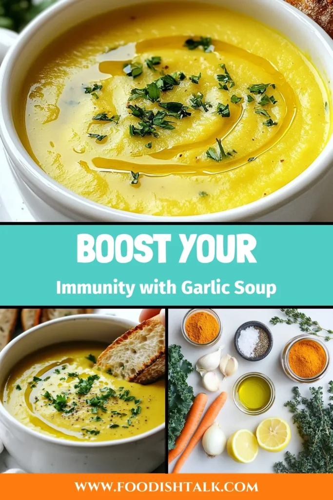 Discover the power of immune boosting garlic soup with this delicious garlic soup recipe! Packed with healthy ingredients like turmeric, kale, and garlic, this vegan immune support recipe will keep you feeling great all year round. Enjoy a bowl of this hearty, healthy garlic soup that’s simple to make and full of flavor. Save this recipe for a nourishing meal and boost your immune system today! #GarlicSoup #VeganRecipes #ImmuneSupport #HealthyEating