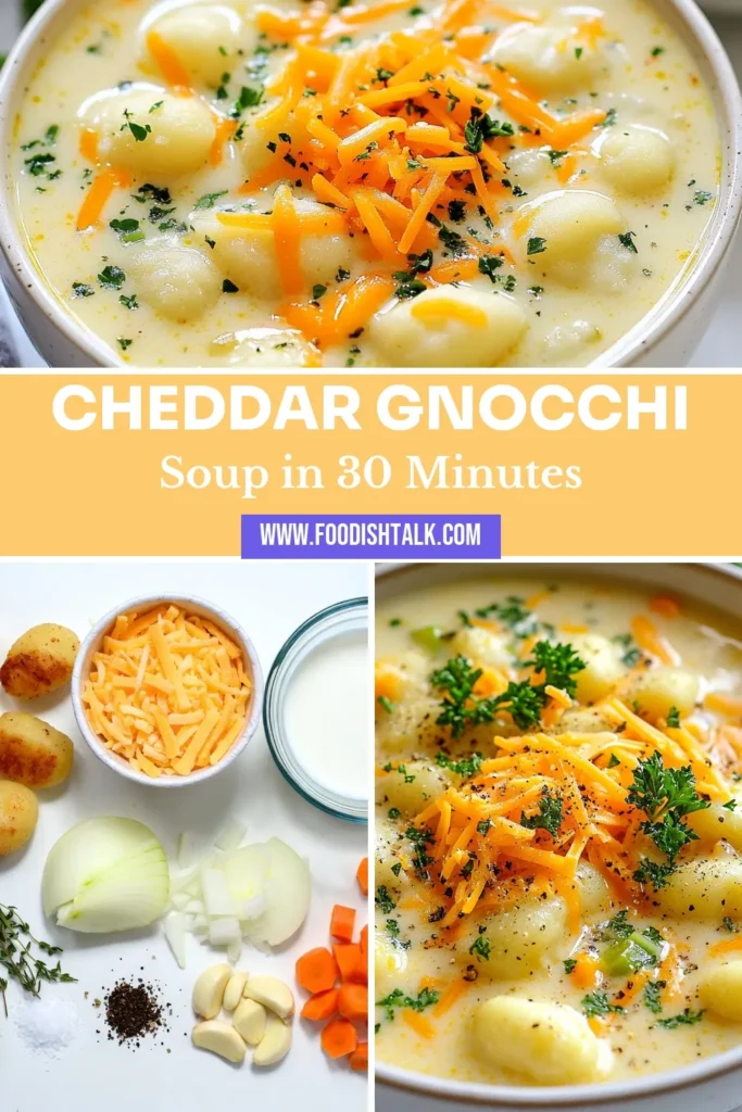 Warm up with this delicious cheddar gnocchi soup! This creamy gnocchi soup recipe is perfect for cozy nights, featuring tender potato gnocchi, rich sharp cheddar cheese, and fresh vegetables. It's an easy gnocchi recipe your family will love, and it's even vegetarian! Discover how to make this comforting dish in just 30 minutes. Save this recipe for your next meal! #CheddarGnocchiSoup #EasyGnocchiRecipes #CreamySoup #VegetarianCheddarSoup