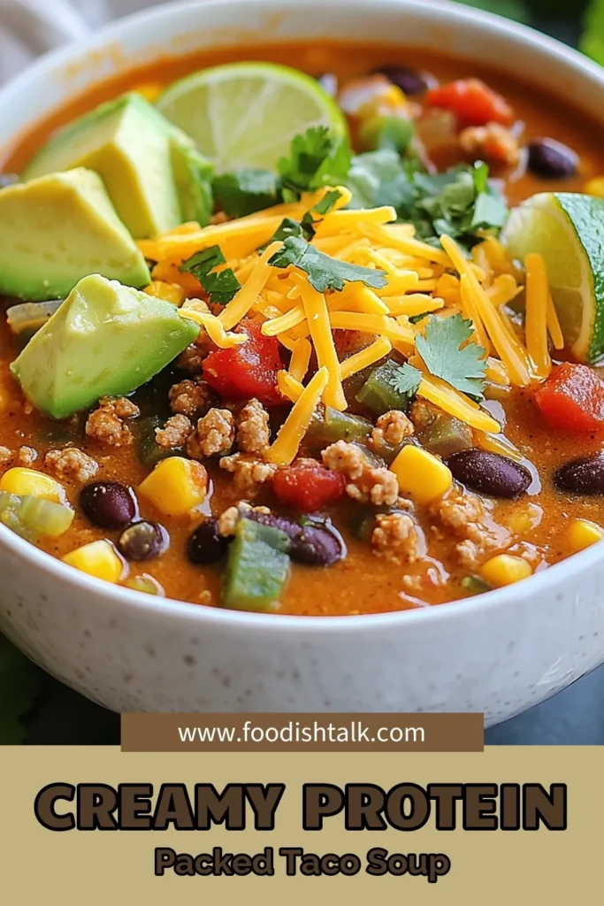 Discover the perfect blend of flavor and nutrition with this creamy high protein taco soup! This healthy taco soup recipe features ground turkey, beans, and spices for a satisfying meal that's low in fat. Enjoy this delicious creamy taco soup that’s easy to prepare and full of protein. Ideal for meal prep or a weeknight dinner! Save this low-fat soup recipe to your boards now! #HighProteinTacoSoup #CreamyTacoSoupRecipe #HealthyTacoSoup #GroundTurkeyTacoSoup