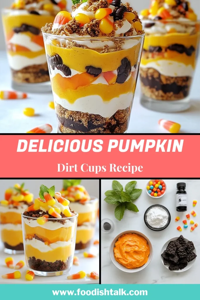 Get ready to wow your guests with these delightful Pumpkin Patch Dirt Cups! A perfect addition to your Halloween dessert recipes, these no-bake pumpkin treats combine creamy pumpkin layers with crunchy chocolate cookie dirt cups. Easy to make and incredibly fun, they feature whipped cream, gummy worms, and a touch of color with candy corn. Don't miss out on this delicious pumpkin dessert recipe; save it for your next spooky celebration! #PumpkinPatchDirtCups #HalloweenDessertRecipes #PumpkinDessertRecipes #NoBakePumpkinTreats