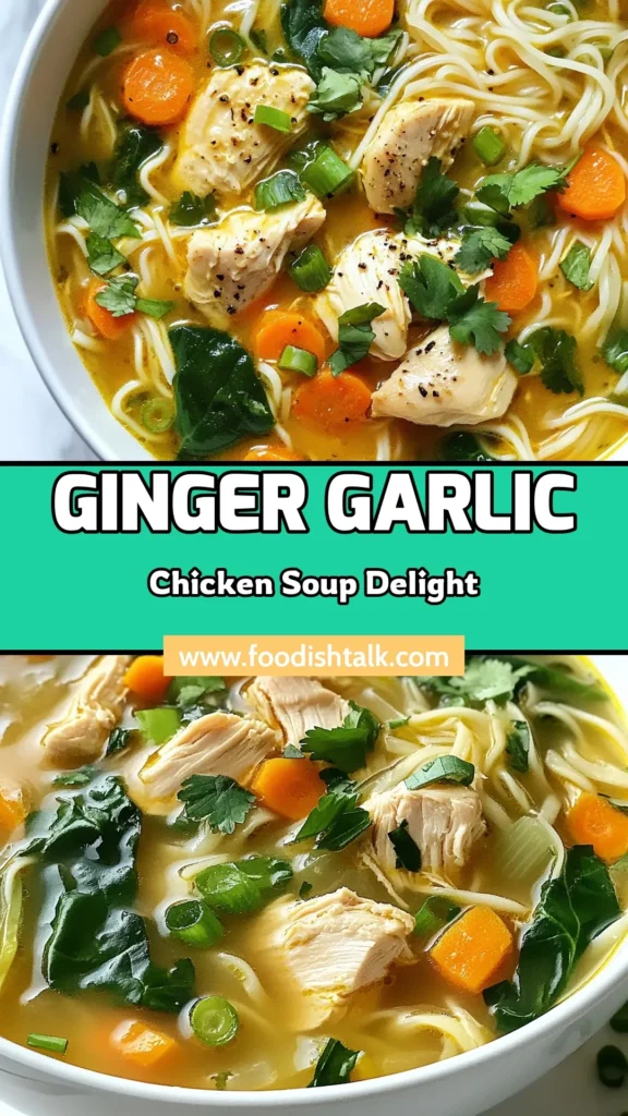 Warm up with this delicious Ginger Garlic Chicken Noodle Soup, an easy chicken noodle soup recipe packed with flavor and nutrients. Perfect for chilly days, this healthy noodle soup with chicken is quick to make at home. Featuring fresh spinach and vibrant vegetables, it’s a comforting dish everyone will love. Don't miss out on this homemade ginger garlic soup! Save this recipe and try it today! #GingerGarlicSoup #ChickenNoodleSoup #HealthyRecipes #EasySoupRecipe