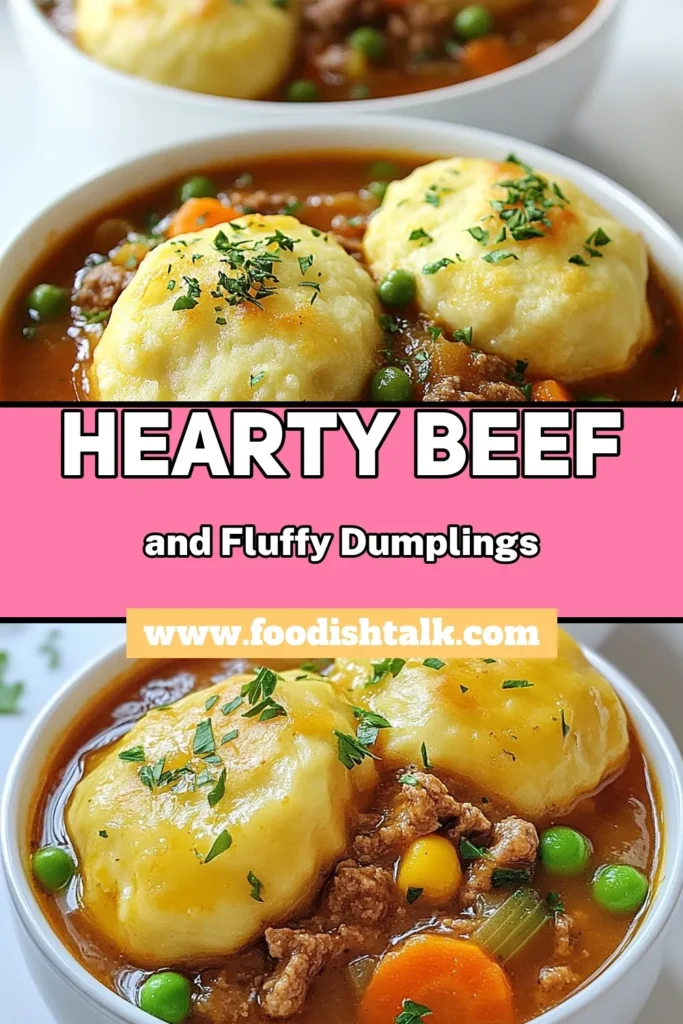 Savor the comfort of a hearty beef and dumplings dish with this savory minced beef recipe. This easy minced beef dinner features a rich beef stew with dumplings that are fluffy and delicious! Perfect for family gatherings or a cozy night in, this recipe is sure to impress. Try it today for a delightful and fulfilling meal! Save this fluffy dumplings recipe to your board now! #BeefAndDumplings #SavoryBeef #EasyDinner #ComfortFood