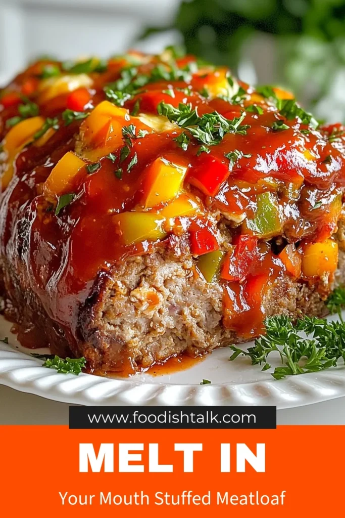 Discover the ultimate stuffed meatloaf recipe with our Stuffed Meatloaf Supreme! This easy meatloaf with cheese combines flavorful ground beef meatloaf, delicious mozzarella, and colorful bell peppers for the perfect dinner. Baked to perfection in the oven, this oven-baked stuffed meatloaf is sure to impress! Try it tonight and enjoy a hearty meal. Save this recipe for your next family dinner! #StuffedMeatloafRecipe #EasyMeatloafWithCheese #GroundBeefMeatloaf #MeatloafWithBellPeppers