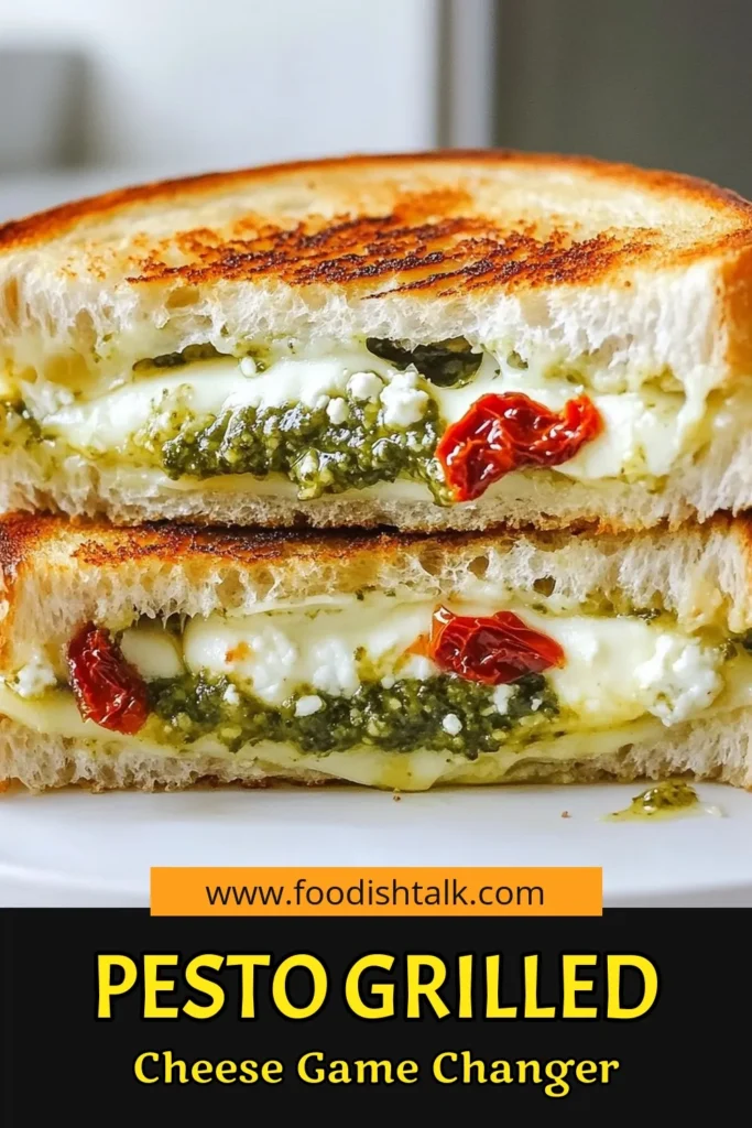 Indulge in a mouthwatering pesto grilled cheese featuring layers of creamy mozzarella and tangy goat cheese, perfectly paired with crunchy sourdough bread. This easy pesto recipe is a fantastic quick meal that elevates your standard grilled cheese to a whole new level. Perfect for lunch or dinner, try this sun-dried tomato grilled cheese sandwich today! Don't forget to save this recipe for later! #PestoGrilledCheese #SourdoughGrilledCheese #EasyPestoRecipe #SunDriedTomatoGrilledCheese