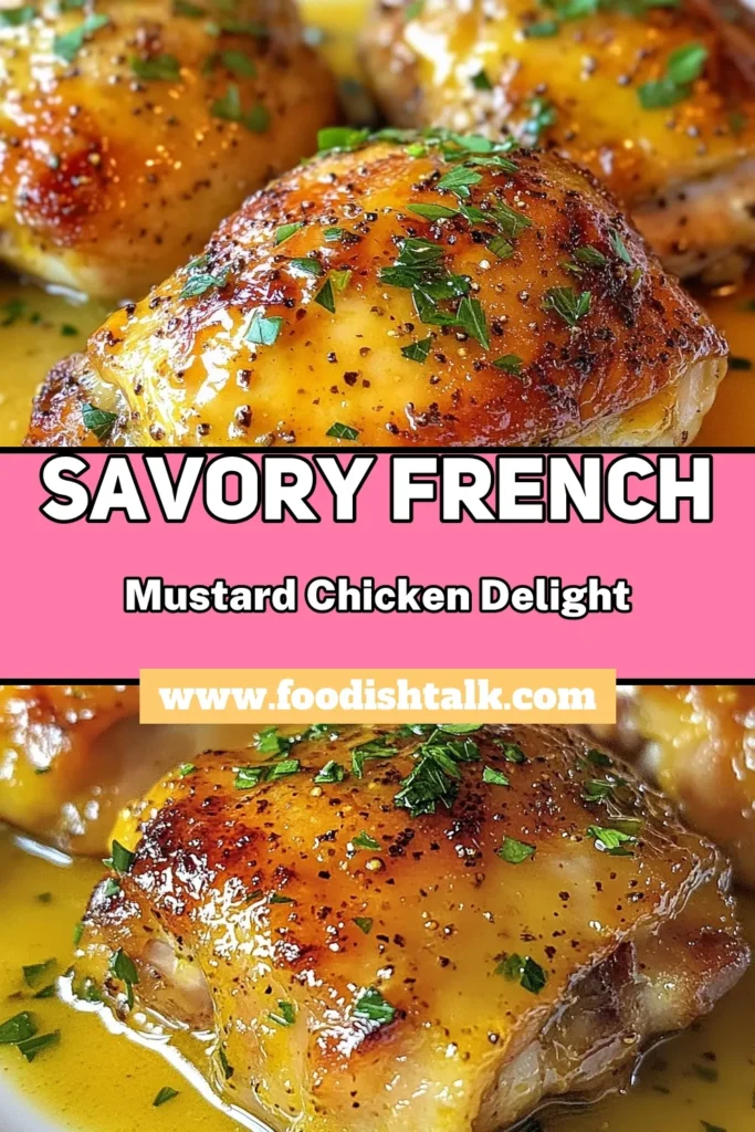 Discover the delicious French mustard chicken recipe that’s sure to be a hit at your dinner table! Our Dijon mustard chicken thighs are coated in a flavorful honey garlic marinade, making this baked chicken with mustard both easy and satisfying. Perfect for busy weeknights, this dish pairs beautifully with your favorite sides. Try it out for a quick and tasty meal! Save this easy chicken dinner idea for later. #FrenchMustardChicken #DijonMustard #EasyDinnerIdeas #HoneyGarlicChicken