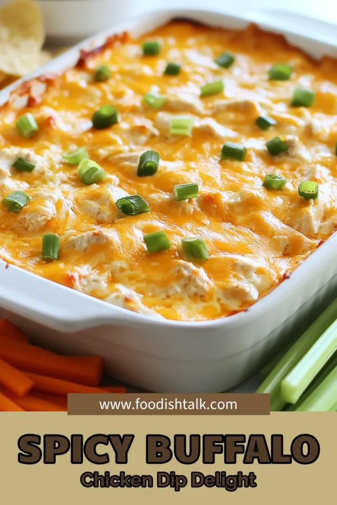 Looking for a crowd-pleasing appetizer? Try this Spicy Chicken Buffalo Dip made with rotisserie chicken and cream cheese for a rich, flavorful dish! This Buffalo Chicken Dip Recipe combines shredded chicken, buffalo wing sauce, and creamy ranch for an easy spicy dip recipe that everyone will love. Perfect for parties, serve with tortilla chips or veggies. Save this Cream Cheese Buffalo Dip for your next gathering! #BuffaloDip #SpicyChickenDip #EasyAppetizers #PartyFood