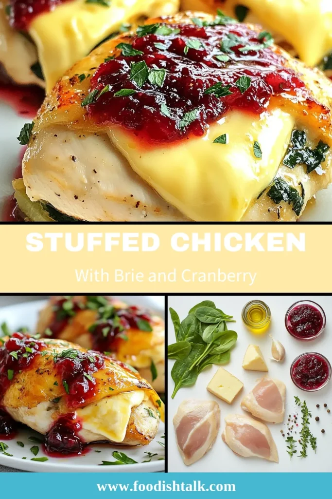 Indulge in this mouthwatering Cranberry Brie Chicken Recipe that combines juicy stuffed chicken breasts with creamy brie and tangy homemade cranberry sauce. This easy chicken dinner idea is perfect for weeknight meals or special occasions. Baked to perfection and bursting with flavor, this stuffed chicken breast with brie will become a family favorite. Try it today! Save this delicious recipe now! #CranberryBrieChicken #StuffedChicken #EasyDinnerIdeas #BakedChickenRecipes