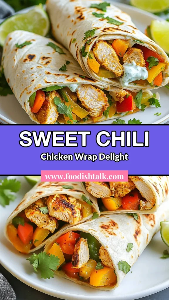 Try these delicious Sweet Chili Chicken Wraps for a quick, healthy meal! This easy chicken wrap recipe features grilled chicken marinated in sweet chili sauce, fresh veggies, and a zesty cilantro lime sauce. Perfect for lunch or dinner, these healthy tortilla wraps are a crowd-pleaser! Don't forget to save this recipe and impress your family with these flavorful wraps tonight! #SweetChiliChickenWraps #EasyChickenWrapRecipe #HealthyTortillaWraps #GrilledChickenWraps