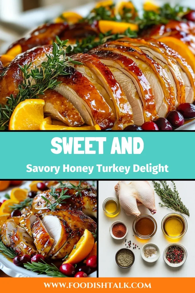 Elevate your Thanksgiving celebration with this delightful Honey Baked Turkey Recipe. This glazed turkey recipe combines honey glaze and fresh herbs to create a juicy, tender roasted turkey with honey that your guests will love. Perfect for holiday gatherings, this Thanksgiving turkey recipe will impress everyone at your table. Get ready to savor every bite! Save this recipe now and make your holiday feast unforgettable. #ThanksgivingRecipes #TurkeyRecipe #HoneyGlazeTurkey #RoastedTurkey