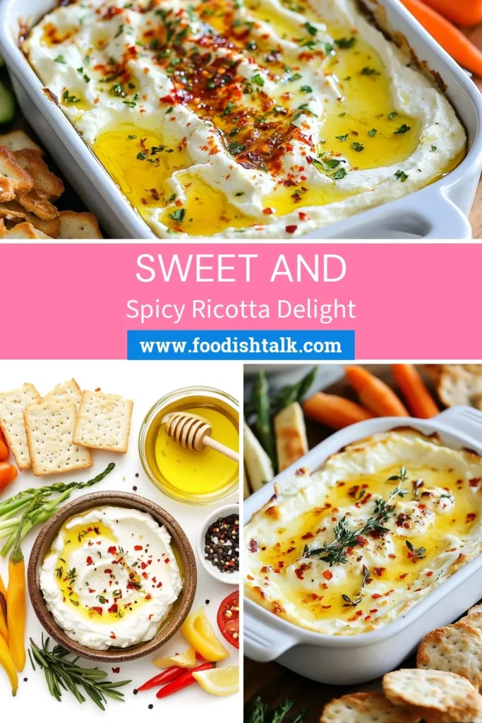 Indulge in this delicious Hot Honey Ricotta Dip, the perfect baked ricotta cheese appetizer for any gathering. This creamy ricotta dip combines the sweetness of honey with a spicy kick from red pepper flakes, making it a standout among spicy dip recipes. Easy to prepare, this easy cheese dip recipe will impress your guests and keep them coming back for more. Try it today and elevate your appetizer game! #HotHoneyRicottaDip #CheeseLovers #AppetizerIdeas #EasyRecipes