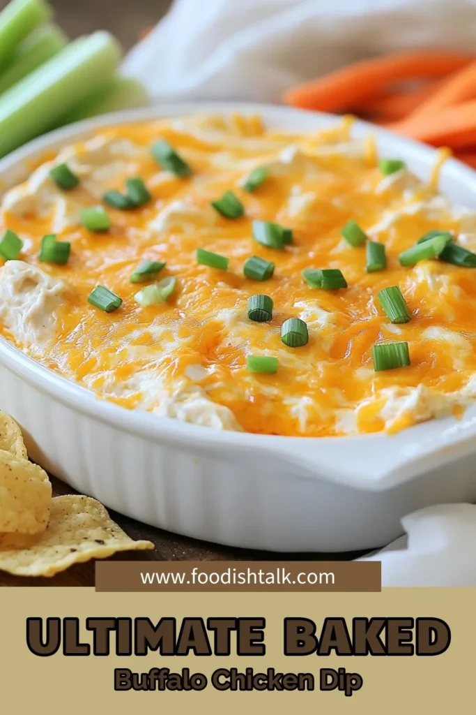 Get ready for a crowd-pleaser with this Baked Buffalo Chicken Dip recipe! This cheesy buffalo dip combines shredded chicken, cream cheese, ranch, and a spicy buffalo sauce for an easy buffalo dip perfect for parties. Bake until bubbly and top with cheddar cheese for the ultimate appetizer! Try this delicious baked dip recipe at your next gathering. Save this Baked Buffalo Chicken Dip now! #BuffaloChickenDip #CheesyBuffaloDip #EasyBuffaloDip #BakedDipRecipes