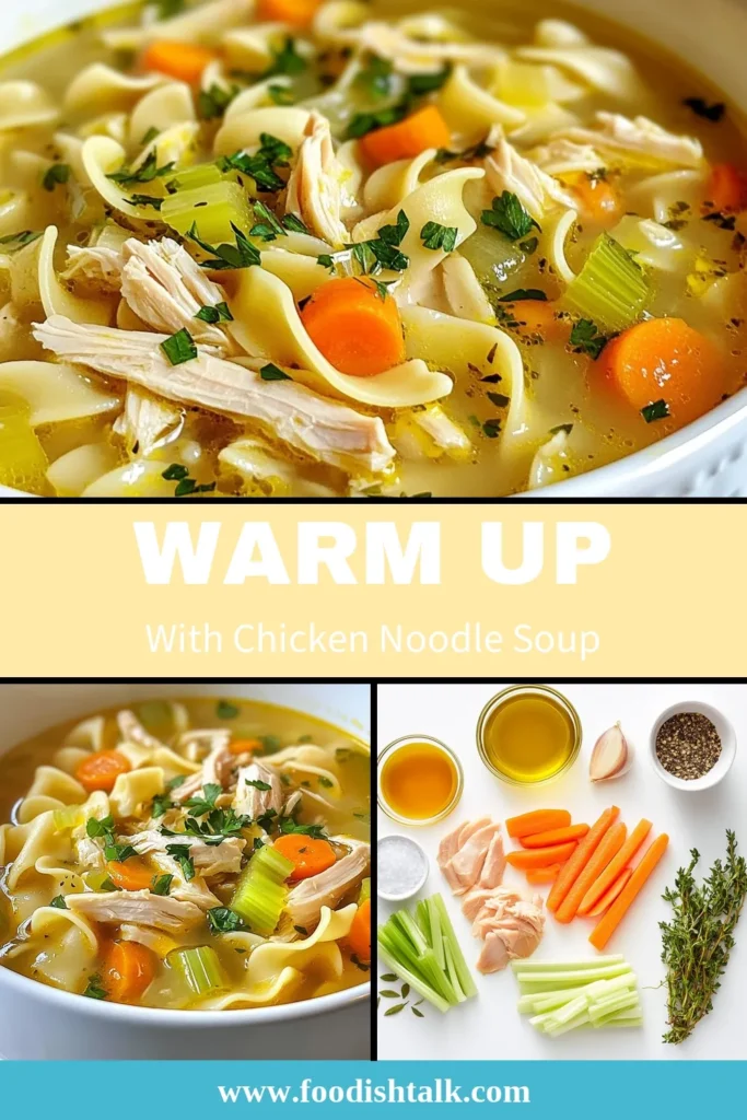 Warm up with this cozy chicken noodle soup recipe that’s perfect for any day. This comforting soup features tender chicken, hearty veggies, and egg noodles in a fragrant broth. It’s an easy chicken soup you can whip up in just 30 minutes! Enjoy the delightful flavors of homemade chicken noodle soup that the whole family will love. Save this recipe for a quick weeknight meal! #ChickenNoodleSoup #ComfortFood #EasyRecipes #SoupSeason