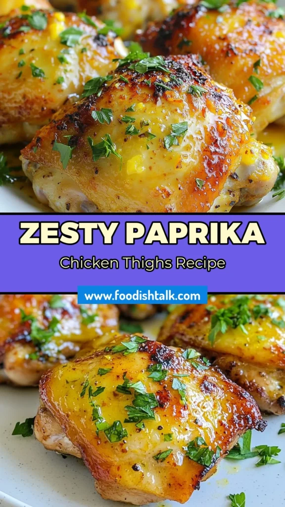 Discover the perfect roast chicken thigh recipe with these Lemon Paprika Chicken Thighs! This easy chicken marinade infuses juicy, bone-in, skin-on thighs with zesty lemon and smoky paprika, resulting in crispy chicken thighs that are a must-try. Follow these simple steps for oven roasted chicken thighs that are full of flavor and ready in under an hour. Save this recipe for delicious dinners! #LemonPaprikaChickenThighs #RoastChickenThighs #EasyMarinade #CrispyChickenThighs