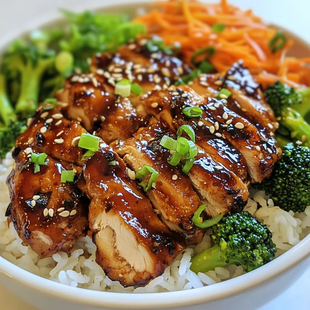- 2 boneless skinless chicken thighs - 2 tablespoons gochujang (Korean red chili paste) - 1 tablespoon soy sauce - 1 cup jasmine rice (cooked) - 1 cup broccoli florets - 1 cup shredded carrots The chicken thighs give this bowl a juicy texture. Gochujang adds heat and a sweet kick. Soy sauce brings depth, while jasmine rice offers a fragrant base. Broccoli and carrots add color and crunch, making it a full meal. - 1 tablespoon sesame oil - 1 tablespoon honey - 1 teaspoon grated ginger - 2 cloves garlic, minced - Salt and pepper to taste Sesame oil gives a nutty flavor. Honey balances the heat from gochujang. Ginger and garlic add warmth and aroma. Salt and pepper enhance all the flavors, making each bite delicious. - 1 green onion, thinly sliced - 2 tablespoons sesame seeds - Optional: Additional vegetables Green onions add freshness and color. Sesame seeds give a nice crunch. Feel free to add more veggies like bell peppers or snap peas for extra nutrition and taste. {{ingredient_image_1}} To start, you want to mix your marinade. In a bowl, combine: - 2 tablespoons gochujang - 1 tablespoon soy sauce - 1 tablespoon sesame oil - 1 tablespoon honey - 1 teaspoon grated ginger - 2 cloves garlic, minced - Salt and pepper to taste This mix creates a sweet and spicy flavor. Add the chicken thighs and coat them well. For best results, let the chicken marinate in the fridge for at least 30 minutes. If you can, marinate for an hour. This step makes the chicken juicy and packed with flavor. While the chicken marinates, it’s time to prepare your veggies. Steam the broccoli florets until they are tender but still crisp. This should take about 2-3 minutes. Set them aside once done. If you want, you can sauté the shredded carrots for a little extra flavor. Just a quick sauté will do. Next, grab a non-stick skillet. Heat it over medium-high heat. Once hot, add the marinated chicken thighs. Cook them for about 5-7 minutes on each side. You want a nice caramelized color. The chicken is done when it reaches an internal temperature of 165°F. Remove it from the heat and let it rest for a few minutes before slicing. Now, it’s time to put everything together. In serving bowls, start with a generous scoop of cooked jasmine rice at the bottom. Then, top the rice with sliced chicken, steamed broccoli, and shredded carrots. Layering is key to a good rice bowl! Finish off your dish with some flair. Sprinkle sliced green onions and sesame seeds on top. This adds flavor and a nice crunch. Serve your bowls right away for the best experience, and enjoy the delicious blend of flavors! For the best flavor, marinate your chicken for at least 30 minutes. If you have time, let it sit for an hour. This extra time allows the flavors to soak in. You can boost the marinade by adding a splash of lime juice or a dash of sesame seeds. These ingredients add depth and brightness to your dish. Using a non-stick skillet makes cooking easier. It helps prevent the chicken from sticking. This way, you get a nice, clean sear. Searing the chicken locks in its juices and gives it a beautiful brown crust. Cook the chicken on medium-high heat for the best results. This method enhances the flavors and makes each bite delicious. Pair your rice bowl with fresh side dishes like kimchi or pickled radish. These sides add crunch and contrast to the meal. For meal prep, you can cook extra chicken and rice. Store them separately in the fridge. When you're ready to eat, just heat them up and add your veggies. This makes a quick and easy lunch or dinner option. Pro Tips Marinate Longer for More Flavor: Allow the chicken to marinate for at least an hour, or overnight if possible, to deeply infuse the flavors into the meat. Use Fresh Ingredients: Fresh garlic and ginger will enhance the overall taste of your dish. Avoid pre-minced or bottled versions for the best flavor. Customize Your Veggies: Feel free to add or substitute your favorite vegetables, such as bell peppers or snap peas, to make the bowl even more colorful and nutritious. Perfectly Cooked Rice: Rinse the jasmine rice before cooking to remove excess starch, resulting in fluffy and separate grains for your rice bowl. {{image_2}} You can switch the chicken for tofu or beef. Tofu gives a nice texture and absorbs flavors well. Marinate it just like chicken for the best taste. If you prefer beef, use thin cuts like flank steak. Cook it fast for tenderness. For vegetarians, try using chickpeas or tempeh. Both options add protein and flavor. Just marinate them in the same sauce for a tasty twist. If you want a healthier option, use brown rice or quinoa instead of jasmine rice. Both options add more fiber and nutrients. Quinoa cooks faster, while brown rice gives a nice chew. For a low-carb choice, try cauliflower rice. Just pulse cauliflower in a food processor and sauté it briefly. It’s light and absorbs the flavors from the dish. To change the heat, add less gochujang in the marinade. Taste as you go to find what works for you. You can also add extra toppings like sliced jalapeños or a sprinkle of red pepper flakes for more heat. If you like a milder dish, serve with a dollop of yogurt or sour cream. This balances the spice and adds creaminess. Experiment until you find your perfect heat level! To keep your Spicy Korean BBQ Chicken Rice Bowl fresh, store leftovers in the fridge. Use airtight containers for best results. This helps prevent odors and keeps the food safe. Make sure to cool the bowl to room temperature before sealing it. When you're ready to eat, reheat the rice bowl in the microwave. Heat it for about 1 to 2 minutes, or until it's hot all the way through. Stir it halfway to ensure even heating. Always check that the chicken reaches 165°F to stay safe. Yes, you can freeze this dish! To freeze, place the chicken and rice in separate airtight bags. This keeps them fresh longer. When you are ready to eat, thaw in the fridge overnight. Then, reheat and enjoy! You can use sriracha or red chili paste if you can't find gochujang. These options are not as sweet, but they work well. For a milder sauce, try mixing miso with chili powder. This gives a nice umami flavor. You can also look for local hot sauces that have similar heat. Remember, the taste may change a bit. Yes, you can! Meal prep makes this dish easy. You can marinate the chicken a day before. Just keep it in the fridge for better flavor. Cook the rice and veggies ahead, too. Store them in separate containers. This way, all you have to do is heat and serve. Serve this bowl with a fresh cucumber salad or pickled vegetables. They add crunch and balance the spice. For drinks, try iced tea or a light beer. These choices complement the rich flavors of the dish well. You can control the spice level easily. To make it milder, use less gochujang. Add a little more honey to balance the heat. If you want more heat, add extra gochujang or some red pepper flakes. Always taste as you go to find your perfect balance! This recipe shows how to make a Spicy Korean BBQ Chicken Rice Bowl. We discussed the key ingredients, like chicken thighs, gochujang, and jasmine rice. I also shared the steps for marinating, cooking, and assembling the dish. Tips for garnishing and serving added extra flair. Remember, you can modify the protein and adjust spice levels to suit your taste. Storing leftovers correctly helps you enjoy this meal later. Now, it's your turn to create this tasty dish and share it with others. Enjoy your cooking!
