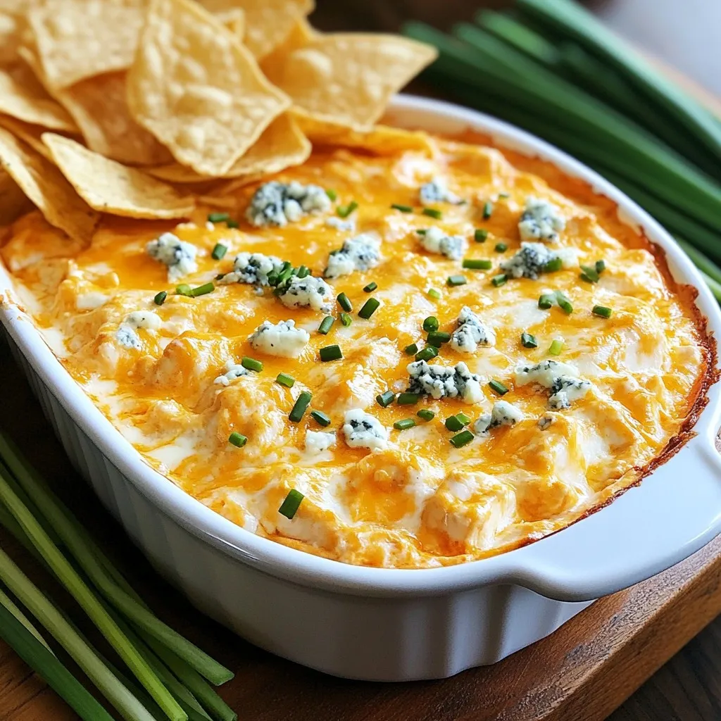 To make the best buffalo chicken dip, gather these simple ingredients: - 2 cups cooked chicken, shredded - 1 package (8 oz) cream cheese, softened - 1/2 cup plain Greek yogurt - 1/2 cup buffalo hot sauce (adjust to taste) - 1 cup shredded cheddar cheese - 1/2 cup blue cheese crumbles (or more cheddar if you prefer) - 1 teaspoon garlic powder - 1 teaspoon onion powder - 1 tablespoon chives, chopped (for garnish) - Tortilla chips or veggie sticks for serving Each ingredient plays a key role. The chicken gives protein and texture. Cream cheese and Greek yogurt create a rich, creamy base. Buffalo hot sauce adds heat and flavor. Cheddar and blue cheese offer a cheesy, savory finish. Garlic and onion powder add depth. Chives give a fresh touch. Tortilla chips or veggie sticks serve as perfect dippers. {{ingredient_image_1}} - Preheat the oven to 350°F (175°C). - In a bowl, mix the cream cheese and Greek yogurt until smooth. - Stir in the shredded chicken, buffalo hot sauce, garlic powder, and onion powder. This step ensures your dip has a creamy base. The cream cheese and Greek yogurt blend gives it richness. The shredded chicken adds protein and makes it hearty. Adjust the buffalo hot sauce based on your heat level. I like it spicy, but you might want less heat. - Fold in the shredded cheddar cheese and blue cheese crumbles. - Transfer the mixture to a baking dish. - Bake for 20-25 minutes until bubbly and golden. The cheeses melt together, creating a gooey, delicious dip. I usually save some cheddar to sprinkle on top for that extra cheesy goodness. When baking, watch for the dip to bubble. This means it’s ready! - Remove from the oven and let it cool for a few minutes. - Garnish with chopped chives before serving. Chives not only add color but also a fresh flavor. Serve the dip warm with tortilla chips or veggie sticks. The contrast of textures makes it even more enjoyable. - Use softened cream cheese for easier mixing: Soften your cream cheese before mixing. This helps it blend well with other ingredients. - Adjust yogurt quantity for desired texture: If you want a thicker dip, use less yogurt. For a creamier dip, add more yogurt. - Suggestions for adjusting buffalo hot sauce: Start with half a cup of buffalo sauce. Taste and add more if you like it spicier. - Alternative seasonings for different flavor profiles: Try adding smoked paprika or cayenne for a smoky kick. You could also use ranch seasoning for a different twist. - Best accompaniments: Serve the dip with tortilla chips for crunch. Veggie sticks like carrots and celery also work well. - Ideas for presentation: Use a colorful bowl for serving. Sprinkle extra chives on top for a nice touch. Pro Tips Adjust the Heat: Feel free to modify the amount of buffalo hot sauce to suit your spice preference. Start with less and add more if you enjoy a spicier dip. Choose Your Cheese: While blue cheese adds an authentic flavor, you can substitute it with more cheddar if you prefer a milder taste. Make It Ahead: This dip can be prepared in advance. Assemble it in the baking dish, cover, and refrigerate until ready to bake. Just add a few extra minutes to the baking time. Perfect Pairings: Serve with a variety of dippers like celery sticks, carrots, or even pita chips for a fun and healthy twist! {{image_2}} If you want a lighter dip, try these swaps. Use Greek yogurt instead of cream cheese. It gives a creamy texture with less fat. You can also switch shredded chicken for shredded turkey. Turkey is leaner and still full of flavor. Want to change up the taste? You can add different cheeses, like pepper jack. This cheese adds a spicy kick. You can also mix in veggies like spinach or corn. These add color and nutrition to your dip. You can make this dip in a slow cooker for easy cooking. Just mix all the ingredients in the slow cooker. Set it on low for 2-3 hours. For stovetop preparation, cook over medium heat. Stir often until the dip is hot and bubbly. Both methods give you a tasty result! To keep your buffalo chicken dip fresh, use airtight containers. Glass or plastic containers work well. Make sure the dip cools before sealing it. Store it in the fridge for up to three days. For longer storage, freeze the dip. Use freezer-safe containers to avoid freezer burn. This way, you can keep it for up to three months. When you want to enjoy the dip again, you can reheat it easily. The best method is to use the oven. Preheat the oven to 350°F. Place the dip in a baking dish and cover it with foil. Heat for about 15-20 minutes until it's warm. If you’re short on time, you can use the microwave. Heat in short bursts, stirring in between. Portion the dip into smaller bowls for easy reheating. This helps it warm up evenly and quickly. Yes, you can prepare buffalo chicken dip a day in advance. Just mix all the ingredients and store it in a covered dish in the fridge. When you're ready to serve, bake it as usual. This saves time and lets the flavors blend. Yes, you can create a vegan version. Use shredded jackfruit or chickpeas instead of chicken. Swap cream cheese for vegan cream cheese and use nutritional yeast for a cheesy flavor. You can also replace buffalo sauce with a vegan hot sauce. To spice it up, add more buffalo hot sauce. You can also mix in cayenne pepper or diced jalapeños. Taste as you go to find your perfect heat level. Remember, you can always add more but can’t take it out! Absolutely! Rotisserie chicken works great in this recipe. It saves you time and adds flavor. Just shred the chicken and toss it in with your other ingredients. It makes meal prep quick and easy. If you're not a fan of blue cheese, try using feta or goat cheese. You can also skip the cheese altogether and add more cheddar. Each option gives a unique taste while still keeping the dip creamy and delicious. In this blog post, we explored how to make a delicious buffalo chicken dip. We covered key ingredients, step-by-step instructions, and useful tips for great results. I shared ways to make it healthier and adjust flavors to your taste. Finally, we discussed storage and reheating methods. Enjoying this dip is easy with the right prep. You can impress friends and family with this tasty dish at your next gathering. Don't hesitate to experiment with variations to make it your own!