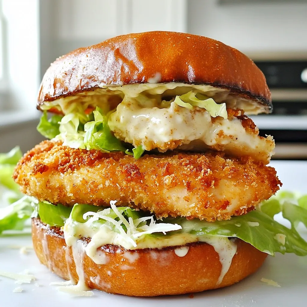 - Chicken and Marinade Components - 2 boneless, skinless chicken breasts - 1 cup buttermilk - 1 teaspoon garlic powder - 1 teaspoon onion powder - Salt and pepper to taste - Breadcrumb Coating Components - 1 cup breadcrumbs (preferably panko for extra crunch) - 1/2 cup grated Parmesan cheese - Sandwich Assembly Components - 4 whole grain sandwich buns - 1 cup romaine lettuce, chopped - 1/2 cup Caesar dressing (store-bought or homemade) - Extra Parmesan shavings for garnish - Olive oil for cooking This list covers all you need to make a Chicken Caesar Sandwich. The chicken is the star, but the other ingredients make it shine. The buttermilk helps tenderize the chicken. It also adds a nice flavor. Garlic and onion powder give it extra depth. Don't forget to season well with salt and pepper. For the crunchy coating, I recommend using panko breadcrumbs. They give a great crunch that you will love. Mixing them with Parmesan adds even more flavor. When it comes to assembling the sandwich, whole grain buns work best. They are hearty and add texture. Fresh romaine lettuce gives a nice crunch. The Caesar dressing ties everything together. A sprinkle of Parmesan on top adds a nice touch. With these ingredients, you are ready to make a tasty Chicken Caesar Sandwich. Enjoy every bite! {{ingredient_image_1}} Marinating the Chicken First, grab a shallow dish. Mix buttermilk, garlic powder, onion powder, salt, and pepper. Add the chicken breasts. Make sure they are well-coated. Cover the dish and place it in the refrigerator. Let it marinate for at least 30 minutes. You can also marinate for up to 4 hours for more flavor. Coating Procedure Next, get a separate bowl. Combine breadcrumbs and grated Parmesan cheese. This mixture gives your chicken a nice crunch. After marinating, take the chicken out. Allow the excess buttermilk to drip off. Then, dredge each chicken breast in the breadcrumb mixture. Press down gently to ensure a good coating. Cooking Methods (Skillet vs. Baking) You have two options to cook your chicken. The first is using a skillet. Heat a few tablespoons of olive oil over medium heat. When it's hot, add the coated chicken. Cook for about 5-7 minutes per side. Look for a golden brown color and make sure it’s cooked through. If you prefer baking, preheat your oven to 375°F (190°C). Line a baking sheet with parchment paper. Place the coated chicken on the sheet. Bake for 20-25 minutes. Check until it’s crispy and cooked through. Toasting the Buns Once your chicken is done, it’s time to assemble the sandwich. Start by slicing the sandwich buns in half. Lightly toast them until they are warm and slightly crispy. This step adds a nice texture. Layering Ingredients Spread Caesar dressing generously on both halves of the buns. On the bottom half, layer the chopped romaine lettuce. Next, add the crispy chicken breast on top of the lettuce. Drizzle a little more Caesar dressing on the chicken. Final Touches To finish, add freshly shaved Parmesan cheese on top of the chicken. Then, place the other half of the bun on top. Your Chicken Caesar Sandwich is now ready to enjoy! Tips for Marinading Duration Marinading chicken in buttermilk makes it juicy. For the best flavor, marinate for at least 30 minutes. If you have time, let it soak for up to 4 hours. This gives the chicken a deeper taste and helps it stay moist. Breadcrumb Variations Panko breadcrumbs give extra crunch. You can mix regular breadcrumbs with panko for a nice texture. If you want to try something new, add herbs or spices to the breadcrumbs. This can add flavor and make your chicken stand out. Cooking Temperature and Time For the crispiest chicken, heat your oil to medium before cooking. If baking, preheat your oven to 375°F (190°C). Cook the chicken for 20-25 minutes in the oven, or 5-7 minutes per side in a skillet. Always check that it's cooked through before serving. Pairing with Side Dishes This sandwich pairs well with a light salad. A simple Caesar or green salad works great. You can also serve it with sweet potato fries or potato chips for a crunchy contrast. These sides balance the richness of the sandwich. Best Drinks to Accompany A cold lemonade or iced tea complements this meal nicely. If you prefer something stronger, a light beer or sparkling wine can enhance the flavors. Choose a drink that refreshes and balances the rich taste of the chicken and Caesar dressing. Pro Tips Marination Magic: Allow the chicken to marinate for at least 2 hours for optimal flavor and tenderness. Perfect Crunch: Use panko breadcrumbs for an extra crispy texture that enhances the sandwich. Baking Option: For a healthier alternative, bake the coated chicken instead of frying; it will still achieve a crispy finish. Garnish Wisely: Freshly shaved Parmesan adds a gourmet touch to your sandwich and enhances the overall flavor profile. {{image_2}} You can change the protein in the Chicken Caesar Sandwich for fun. Here are two great ideas. Grilled Chicken Variations Instead of frying, try grilling chicken. Marinate your chicken in the same buttermilk mix. Grill each piece for about 6-8 minutes per side. This method gives a smoky flavor and juicy meat. You still get that crispy outside by searing it well on the grill. Vegetarian Options (i.e., Chickpea Cauliflower) For a tasty vegetarian twist, use chickpeas or cauliflower. Roast cauliflower florets with olive oil, salt, and pepper. For chickpeas, toss them with olive oil and spices, then bake until crispy. Both options can be dressed with Caesar dressing and layered just like chicken. You can also make this sandwich in different ways. Here are two fun formats. Wrap Version Use a large tortilla instead of buns. Spread Caesar dressing on the tortilla, add romaine lettuce, and top with crispy chicken. Roll it up tightly for a tasty wrap. This is a great option for lunch on the go! Lettuce Wrap Version For a low-carb choice, swap the buns for lettuce leaves. Use large romaine leaves to hold the filling. This way, you get all the flavor without the bread. It’s fresh, crunchy, and super light! These variations make the Chicken Caesar Sandwich fun and fit any diet or mood! After enjoying your Chicken Caesar Sandwich, save any leftovers for later. Use an airtight container to keep them fresh. This helps prevent the sandwich from getting soggy. If you have extra chicken, store it separately from the buns. The chicken stays crispy longer this way. For best results, refrigerate leftovers within two hours. This keeps the chicken safe to eat. You can enjoy your sandwich for up to three days when stored correctly. When you're ready to enjoy your sandwich again, reheating is key. You want to keep that crispiness. The best method is to use an oven or an air fryer. Preheat your oven to 375°F (190°C). Place your sandwich on a baking sheet. Heat for about 10-15 minutes. This will help restore the crunch. If you're using an air fryer, set it to 350°F (175°C). Heat for 5-7 minutes. Check to make sure the chicken is warmed through but still crispy. Avoid using a microwave for reheating. It may make the bread soggy and the chicken less crunchy. What can I substitute for buttermilk? You can use regular milk mixed with vinegar. Just add one tablespoon of vinegar to one cup of milk. Let it sit for five minutes. This will mimic buttermilk's tanginess. You can also use plain yogurt or sour cream thinned with water. Each option adds a nice flavor to your chicken. Can I use a different type of bread? Yes, you can! While whole grain buns are great, feel free to use ciabatta, sourdough, or even a baguette. Each bread type offers a unique taste and texture. Choose what you enjoy most or what you have at home for a tasty sandwich. Caloric Content and Nutrition Breakdown One Chicken Caesar Sandwich has about 550 calories. This includes protein from the chicken and healthy fats from the dressing. The whole grain bun adds fiber, too. Keep in mind that toppings can change the numbers. Use less dressing to cut calories if needed. Healthier Modifications Options You can make this sandwich lighter by baking the chicken instead of frying it. Use less cheese or a low-fat dressing to reduce fat. Adding extra veggies like tomatoes or cucumbers can boost the nutrition. These small changes make a big difference while keeping the taste delicious. Recapping this post, I’ve shared essential ingredients, steps for cooking, and storage tips. You learned how to make a crispy chicken sandwich, choose different proteins, and store leftovers. Remember, customizing your sandwich can make it exciting and tasty. Use your favorite ingredients and enjoy! Cooking at home can be fun and fulfilling, so get started today.