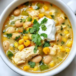 The main ingredients for Cajun White Chicken Chili include: - 1 lb boneless, skinless chicken breasts, cubed - 1 tablespoon olive oil - 1 onion, finely chopped - 3 cloves garlic, minced - 1 green bell pepper, diced - 1 can (15 oz) cannellini beans, rinsed and drained - 1 can (4 oz) diced green chilies - 4 cups chicken broth - 1 teaspoon Cajun seasoning (or to taste) - 1 teaspoon ground cumin - 1 teaspoon dried oregano - Salt and pepper to taste - 1 cup corn kernels (fresh or frozen) - 1 tablespoon lime juice - Chopped fresh cilantro for garnish - Sour cream and shredded cheese for serving (optional) For optimal flavor, choose fresh ingredients. Fresh herbs and spices enhance taste. Look for high-quality chicken for the best texture. If you have common allergens, you can make substitutions: - Use turkey instead of chicken for a different protein. - Replace cannellini beans with chickpeas if needed. - Use vegetable broth for a vegetarian option. This chili is versatile. Feel free to adjust the flavors to suit your taste. Enjoy the comfort and warmth of this dish! {{ingredient_image_1}} To make great Cajun White Chicken Chili, start with your ingredients. Gather fresh, quality items. This makes the dish tasty and healthy. You will need these tools: - A large pot - A cutting board - A sharp knife - A stirring spoon - Measuring spoons and cups When handling raw chicken, keep safety in mind. Always wash your hands after touching raw meat. Use separate cutting boards for meat and veggies. Cook chicken to an internal temperature of 165°F to ensure safety. Now, let’s cook! Follow these steps for a delicious chili. 1. Heat the Olive Oil: In your large pot, heat 1 tablespoon of olive oil over medium heat. 2. Cook the Chicken: Add 1 pound of cubed chicken breasts. Cook for 5 to 7 minutes until browned. Remove the chicken and set it aside. 3. Sauté the Veggies: In the same pot, add 1 finely chopped onion, 3 minced garlic cloves, and 1 diced green bell pepper. Sauté for 3 to 4 minutes until softened. 4. Combine Ingredients: Add the following to the pot: - 1 can (15 oz) cannellini beans, rinsed and drained - 1 can (4 oz) diced green chilies - 4 cups chicken broth - 1 teaspoon Cajun seasoning - 1 teaspoon ground cumin - 1 teaspoon dried oregano - Salt and pepper to taste Stir well to mix everything together. 5. Return the Chicken: Add the cooked chicken back to the pot. Bring the mix to a boil, then reduce the heat. Let it simmer for about 20 minutes. This helps the flavors blend. 6. Add Corn and Lime: Stir in 1 cup of corn kernels and 1 tablespoon of lime juice. Cook for another 5 minutes until heated through. 7. Taste and Adjust: Give your chili a taste. Add more seasoning if needed. Watch for the chili to be thick and creamy. The chicken should be tender, and the veggies should be soft but not mushy. Enjoy the delightful aroma as it cooks! To season Cajun White Chicken Chili to taste, start with the Cajun seasoning. I suggest using one teaspoon and then tasting. If you want more heat, add a little more. You can also adjust with salt and pepper. For flavor enhancement, use a heavy pot. It helps in even cooking. Searing the chicken first adds a nice depth of flavor. Don't rush this step. To reduce cooking time, chop your veggies small. This helps them cook faster. You can also use pre-cooked chicken. Just add it during the last few minutes of cooking. One common issue is overcooking the chicken. This makes it dry. Cook it just until browned and then remove it. Add it back later to keep it juicy. When storing leftovers, let the chili cool first. Place it in an airtight container. It stays fresh for up to three days in the fridge. If you want to freeze it, use freezer-safe bags. Adjusting for taste preferences is easy. If you like it milder, skip the green chilies. For more kick, add jalapeños. Always taste as you go, and don’t be afraid to make it your own! Pro Tips Use Fresh Ingredients: Fresh vegetables and herbs can significantly enhance the flavor of your chili, making it more vibrant and delicious. Adjust the Spice Level: If you prefer a milder chili, start with less Cajun seasoning and add more to taste as it cooks. Let It Simmer: Allowing the chili to simmer longer helps the flavors meld and creates a richer, more complex taste. Garnish for Flavor: Don't skip the garnishes! Fresh cilantro, sour cream, and cheese add a creamy and fresh contrast to the spiciness of the chili. {{image_2}} You can swap proteins in this chili. Turkey is a great choice if you want lean meat. If you prefer plant-based, try tofu or tempeh. Both work well and absorb flavors nicely. Adjust the spice level based on your taste. If you like it hot, add more Cajun seasoning or diced jalapeños. For a milder dish, reduce the spices. Remember, it’s all about your palate! If you have dietary needs, you can modify the recipe. Use low-sodium broth for less salt. You can also replace cannellini beans with chickpeas or lentils. These swaps keep the dish healthy and flavorful. You can add local flavors to make this chili unique. Try adding smoked sausage or shrimp for a coastal flair. These ingredients bring new tastes and textures. Incorporate seasonal ingredients, too. In fall, add pumpkin or squash for a comforting touch. In summer, fresh corn and tomatoes brighten the dish. Using fresh produce enhances flavors and nutrition. For themed celebrations, think about game day or family gatherings. You can serve the chili in bread bowls for a fun twist. Pair it with cornbread or tortilla chips for a complete feast! To keep your Cajun White Chicken Chili fresh, follow these tips: - Refrigerate: Store chili in an airtight container. Let it cool before sealing. It lasts 3 to 4 days. - Freeze: Use airtight containers or freezer bags. Leave some space for expansion. It can last up to 3 months. - Reheat: Thaw frozen chili in the fridge overnight. Heat in a pot over medium heat. Stir often to keep it from sticking. Pair your chili with great sides and drinks: - Side Dishes: Cornbread or rice make excellent choices. They soak up the chili well. - Beverages: A light lager or iced tea complements the spice. Try a refreshing lemonade for balance. - Garnishing Tips: Top your chili with chopped cilantro for color. Add a dollop of sour cream or shredded cheese for creaminess. What is the origin of Cajun White Chicken Chili? Cajun White Chicken Chili comes from the southern United States. It blends Cajun spices with classic chili. This dish reflects the rich culture of Louisiana cooking. The Cajun style adds bold flavors to a comforting recipe. Can I make this chili in a slow cooker? Yes, you can make this chili in a slow cooker. Just follow these steps: - Brown the chicken in a skillet. - Add all ingredients to the slow cooker. - Cook on low for 6-8 hours or high for 3-4 hours. This method makes the flavors even richer over time. How do I make this recipe gluten-free? To make this chili gluten-free, choose gluten-free chicken broth. Always check your spices for gluten. The beans and vegetables are naturally gluten-free. This way, everyone can enjoy this delicious meal. Overview of nutritional content per serving Each serving of Cajun White Chicken Chili has about: - 300 calories - 30g protein - 10g fat - 30g carbs - 8g fiber Health benefits of the main ingredients - Chicken provides lean protein for muscle health. - Cannellini beans are high in fiber and help digestion. - Green bell peppers offer vitamins A and C, boosting immunity. - Corn adds natural sweetness and fiber for fullness. Tips for making it a balanced meal To make it more balanced, add a side salad. Include healthy fats like avocado on top. Use low-fat sour cream for less fat. This keeps the meal nutritious and satisfying. Cajun White Chicken Chili is a simple and tasty dish. We covered key ingredients, preparation steps, and cooking tips. I shared common mistakes to avoid and how to store your chili. You can even try fun variations to keep it fresh. For your next meal, try this chili. It’s flavorful, and easy to make, and you can customize it to suit your taste. Enjoy cooking and sharing this dish with family or friends. It’s a crowd-pleaser that you'll want to repeat!