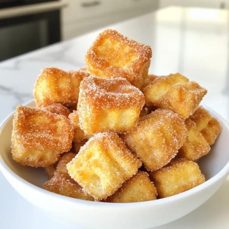 To make Air Fryer Churro Bites, you need these key items: - 1 cup all-purpose flour - 1 tablespoon granulated sugar - 1 teaspoon baking powder - 1/2 teaspoon salt - 1/2 cup water - 1/4 cup unsalted butter - 1 teaspoon ground cinnamon - 1/4 cup granulated sugar (for coating) - Cooking spray These ingredients work together to create a light and tasty treat. Not every kitchen has the same items. Here are some easy swaps: - Use coconut oil instead of unsalted butter for a dairy-free option. - If you lack all-purpose flour, try whole wheat flour. The taste will change a bit. - For a sugar substitute, use stevia or monk fruit sweetener. These swaps can help fit your needs while still tasting great. To make these churro bites, you’ll need a few simple tools: - Medium saucepan - Mixing bowl - Whisk - Piping bag with a large star tip - Air fryer - Shallow bowl for coating Having these tools ready makes the process smooth and fun. {{ingredient_image_1}} To start, you need to make the dough. First, take a medium saucepan. Pour in 1/2 cup of water and add 1/4 cup of unsalted butter. Heat over medium heat until the butter melts. This step is very important; it helps create a smooth dough. In a mixing bowl, whisk together 1 cup of all-purpose flour, 1 tablespoon of granulated sugar, 1 teaspoon of baking powder, and 1/2 teaspoon of salt. Once the butter is melted, remove the saucepan from the heat. Add the flour mix to the saucepan. Stir it well until a dough forms. It should pull away from the sides of the pan. Let the dough cool for about 5 minutes. Then, place it in a piping bag with a large star tip. Next, it's time to preheat the air fryer. Set your air fryer to 375°F (190°C) and let it run for about 5 minutes. Preheating helps the churro bites cook evenly and become nice and crispy. Now, you are ready to cook! Pipe small bites of dough, about 1 inch long, into the air fryer basket. Make sure to space them apart so they have room to expand. Lightly spray them with cooking spray. This helps them get that golden brown color. Cook the churro bites for 8 to 10 minutes. Flip them halfway through for even cooking. You’ll know they are done when they look golden and delicious. While they cook, mix 1/4 cup of sugar and 1 teaspoon of ground cinnamon in a shallow bowl. Once the churro bites are done, toss them in the cinnamon sugar mix right away. This will give them that sweet, crunchy coating. Enjoy your tasty treats! To get that perfect churro bite, focus on your dough. You want it smooth and not too sticky. Stir the dough well until it pulls away from the pan. This shows it's ready. When piping, keep the churros about one inch long. They will puff up a bit while cooking. Make sure to space them apart in the air fryer. This helps them cook evenly and get nice and crispy. Don't skip preheating the air fryer. This step helps the churros cook right away. If you forget, they may end up soggy. Also, do not overcrowd the basket. Churro bites need space to breathe. Flipping them halfway through cooking is key. It ensures both sides get that golden color. Finally, coat them in sugar right after cooking. This helps the sugar stick better. Serve these churro bites warm for the best taste. Pair them with chocolate sauce for dipping. You can also sprinkle extra cinnamon sugar on top for fun. If you want to get fancy, drizzle melted chocolate over them. These bites are great for parties or family snacks. Enjoy them fresh out of the air fryer! Pro Tips Use Parchment Paper: Line your air fryer basket with parchment paper for easy cleanup and to prevent sticking. Don’t Overcrowd: Make sure to space out the churro bites in the air fryer to ensure they cook evenly and get crispy. Adjust for Crispiness: If you prefer extra crispy churros, add 1-2 minutes to the cooking time, but keep an eye on them to prevent burning. Experiment with Flavors: Try adding vanilla extract or a pinch of nutmeg to the dough for a unique twist on traditional churro flavor. {{image_2}} You can have fun with churro bites. Add different flavors to change things up. For a chocolate twist, mix in cocoa powder with the flour. Use about 2 tablespoons for a rich taste. If you prefer vanilla, add 1 teaspoon of vanilla extract to the dough. This gives a sweet aroma and flavor. You can even use almond extract for a nutty touch. Try these ideas to keep your churro bites exciting! Toppings can make your churro bites even better. After tossing in cinnamon sugar, drizzle melted chocolate on top. This adds a rich layer of flavor. You could also use caramel sauce for a sweet touch. If you want something refreshing, whip up a vanilla glaze. Just mix powdered sugar with milk until smooth. Serve the churros with a small bowl of chocolate or caramel for dipping. Your guests will love it! If you need gluten-free churro bites, no problem! Substitute the all-purpose flour with a gluten-free blend. Many brands have great options that work well in recipes. Just check if your blend has xanthan gum. This helps keep the dough together. Follow the rest of the recipe as normal. You’ll end up with delicious gluten-free churros that everyone can enjoy! To keep your churro bites fresh, store them in an airtight container. Let them cool completely before sealing. This helps prevent moisture build-up, which can make them soggy. Place the container in a cool, dry place for up to three days. For longer freshness, consider refrigerating them. When you want to enjoy leftover churro bites, reheating is simple. Preheat your air fryer to 350°F (175°C). Place the churro bites in the basket for about 3-4 minutes. This will make them warm and crispy again. Avoid using the microwave as it can make them rubbery. Freezing churro bites is a great way to save them for later. Allow them to cool completely, then place them in a single layer on a baking sheet. Freeze until solid, then transfer to a freezer-safe bag. They can last in the freezer for up to two months. When ready to eat, air fry them straight from the freezer for about 6-8 minutes. Yes, you can bake churro bites. Preheat your oven to 375°F (190°C). Pipe the churro dough on a lined baking sheet. Bake for about 12-15 minutes or until golden. This method may not give you the same crispiness as air frying, but they will still taste great. Churro bites are done when they turn golden brown. You should also check for a firm texture. If you gently press them, they should feel light and springy. Flipping them halfway helps ensure even cooking. Churro bites pair well with chocolate sauce. You can also try caramel or vanilla cream. These dips add a sweet touch and enhance the flavors. Each dip brings a unique taste, so feel free to explore! You learned how to make delicious churro bites using simple ingredients and steps. We covered essential tools, cooking tips, and tasty variations. Remember, the right texture makes a big difference. Avoid common mistakes for the best results. Don’t forget serving ideas to impress your friends. With storage tips, you can keep these treats fresh. Dive in and enjoy making churro bites!