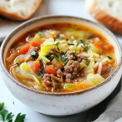 The main stars in my cabbage roll soup are fresh and hearty. You need: - 1 medium head of green cabbage, chopped - 1 pound ground beef or turkey - 1 small onion, finely chopped - 2 cloves garlic, minced - 1 cup rice, rinsed - 1 can (28 oz) crushed tomatoes - 4 cups beef or vegetable broth - 1 teaspoon dried oregano - 1 teaspoon paprika - 1 teaspoon cumin - Salt and black pepper to taste - 2 tablespoons olive oil - Fresh parsley for garnish These ingredients blend well to create a warm and comforting soup. The ground meat adds protein, while the cabbage provides fiber and crunch. You can switch up some ingredients if needed. If you want a leaner option, use ground turkey instead of beef. You can also swap white rice for brown rice or quinoa for a healthier twist. If you don’t like tomatoes, use tomato sauce or even diced bell peppers for a different flavor. Seasonings and herbs are key to making this soup shine. Oregano brings a nice earthy taste, while paprika offers warmth and depth. Cumin adds a hint of spice that rounds out the dish. Don’t forget salt and black pepper! They enhance all the flavors. Adjust these seasonings to your taste for the best results. {{ingredient_image_1}} Start by gathering all your ingredients. Here’s what you need: - 1 medium head of green cabbage, chopped - 1 pound ground beef (or turkey) - 1 small onion, finely chopped - 2 cloves garlic, minced - 1 cup rice, rinsed - 1 can (28 oz) crushed tomatoes - 4 cups beef or vegetable broth - 1 teaspoon dried oregano - 1 teaspoon paprika - 1 teaspoon cumin - Salt and black pepper to taste - 2 tablespoons olive oil - Fresh parsley for garnish Wash the cabbage well and chop it into bite-sized pieces. Rinse the rice until the water runs clear. This helps remove extra starch. Chop the onion finely and mince the garlic. These two add great flavor to the soup. In a large pot, heat the olive oil over medium heat. Add the chopped onion and minced garlic. Sauté them until they become soft and clear, about five minutes. Next, add the ground beef or turkey. Break it apart with a spoon as it cooks. Brown the meat for about five to seven minutes. Now, season the meat with salt, black pepper, paprika, and cumin. Stir well to blend the spices with the meat. Add the chopped cabbage next. Cook for about five minutes, letting it wilt slightly. Then, stir in the rinsed rice, crushed tomatoes, and broth. Mix everything well. Bring the soup to a gentle boil. Once boiling, reduce the heat to low and cover the pot. Let it simmer for about thirty minutes. This allows the rice to cook and the flavors to blend. Once the timer goes off, taste your soup. Adjust the seasoning if needed by adding more salt, pepper, or herbs. If you want, you can add a bit more paprika for extra flavor. Serve the soup hot. Ladle it into rustic bowls. Garnish with freshly chopped parsley for a nice pop of color. I like to serve it with a slice of crusty bread on the side. It’s perfect for dipping! Enjoy every warm, comforting bite. To boost your cabbage roll soup's flavor, focus on layering. Start with the base: sauté onions and garlic in olive oil. This gives the soup a rich taste. Don’t skip the spices! Paprika and cumin add warmth and depth. Consider adding a splash of vinegar or lemon juice. This brightens the soup and balances the flavors. Cooking time can change based on your heat level and pot size. If you use a larger pot, your soup may cook faster. Check the rice at the 20-minute mark. If it needs more time, give it an extra 5 minutes. Keep it covered to trap steam and heat. This helps cook the rice evenly. Presentation matters! Serve your soup in rustic bowls. Top each bowl with fresh parsley for color. A slice of crusty bread on the side is perfect for dipping. For a twist, add a dollop of sour cream on top. This adds creaminess and a tangy taste. Enjoy your warm bowl of comfort! Pro Tips Tip Title: Use Fresh Herbs: Adding fresh herbs like dill or thyme towards the end of cooking enhances the flavor profile of your soup. Tip Title: Customize Your Protein: Feel free to substitute ground beef with ground chicken, turkey, or even a plant-based protein for a lighter version. Tip Title: Add Extra Veggies: Boost nutrition by incorporating other vegetables like bell peppers, carrots, or zucchini into the soup. Tip Title: Make It Ahead: This soup tastes even better the next day! Prepare it in advance and let the flavors develop overnight. {{image_2}} You can easily make Cabbage Roll Soup vegetarian or vegan. Swap the meat with plant-based protein. Use lentils or mushrooms for a hearty bite. Replace beef broth with vegetable broth. Add more veggies, like carrots and bell peppers, for extra flavor. You can use quinoa instead of rice for added protein and texture. While ground beef is a classic choice, you can use other meats too. Ground turkey offers a leaner option. You can even try ground chicken for a lighter taste. For a richer flavor, use Italian sausage. Just remember to adjust the seasonings to match the meat you pick. Rice is a great base for this soup, but other grains work well too. Try barley for a chewy texture and nutty flavor. Quinoa adds a protein boost and cooks quickly. You might also like using farro; it gives a nice, hearty feel. Adjust the cooking time according to the grain you choose to keep it tender. To keep your cabbage roll soup fresh, let it cool first. Use an airtight container to store the soup. This will help keep flavors intact. Make sure to fill the container, leaving little air space. Label the container with the date. This way, you can track how long it’s been stored. You can freeze cabbage roll soup for later. Pour it into freezer-safe containers or bags. Leave some space at the top for expansion. When you want to eat it, move it to the fridge to thaw overnight. Reheat it in a pot over low heat. Stir often to ensure even warming. You can also microwave it in a covered bowl. Just be careful; the soup can get hot! When stored in the fridge, cabbage roll soup lasts about 3 to 4 days. If you freeze it, it can last up to 3 months. Always check for off smells or changes in color before eating. If it looks or smells bad, throw it away. Keeping your soup safe helps you enjoy its full flavor! To add spice, you can include red pepper flakes. Start with half a teaspoon and adjust to your taste. You might also try adding a diced jalapeño for a fresh kick. Mixing in hot sauce at the end can give your soup a nice heat boost too. Just remember to taste as you go. Yes, you can use other types of cabbage! Savoy cabbage adds a nice texture, while Napa cabbage gives a sweeter flavor. You can even mix different cabbages for a fun twist. Just chop them the same size as green cabbage to keep the cooking time consistent. This soup pairs well with crusty bread or a fresh salad. A slice of sourdough or whole grain bread is perfect for dipping. You can also serve it with a dollop of sour cream for creaminess. A side of pickles adds a nice tang too. Absolutely! To make Cabbage Roll Soup in a slow cooker, brown the meat first. Then, add all the other ingredients to the slow cooker. Cook on low for 6 to 8 hours or on high for 3 to 4 hours. The flavors will meld beautifully, making it a rich and tasty dish. Cabbage Roll Soup is a comforting dish that mixes simple ingredients and flavors. We discussed key ingredients, cooking methods, and helpful tips to enhance your meal. Remember, you can adjust the soup for different diets, store leftovers easily, and even spice it up. You now have all the tools to make this delicious recipe your own. Enjoy the warmth and joy it brings!