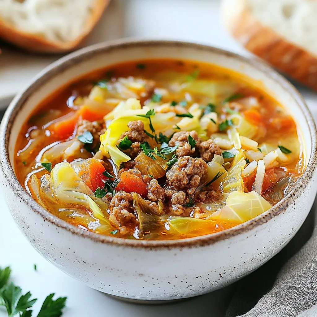 The main stars in my cabbage roll soup are fresh and hearty. You need: - 1 medium head of green cabbage, chopped - 1 pound ground beef or turkey - 1 small onion, finely chopped - 2 cloves garlic, minced - 1 cup rice, rinsed - 1 can (28 oz) crushed tomatoes - 4 cups beef or vegetable broth - 1 teaspoon dried oregano - 1 teaspoon paprika - 1 teaspoon cumin - Salt and black pepper to taste - 2 tablespoons olive oil - Fresh parsley for garnish These ingredients blend well to create a warm and comforting soup. The ground meat adds protein, while the cabbage provides fiber and crunch. You can switch up some ingredients if needed. If you want a leaner option, use ground turkey instead of beef. You can also swap white rice for brown rice or quinoa for a healthier twist. If you don’t like tomatoes, use tomato sauce or even diced bell peppers for a different flavor. Seasonings and herbs are key to making this soup shine. Oregano brings a nice earthy taste, while paprika offers warmth and depth. Cumin adds a hint of spice that rounds out the dish. Don’t forget salt and black pepper! They enhance all the flavors. Adjust these seasonings to your taste for the best results. {{ingredient_image_1}} Start by gathering all your ingredients. Here’s what you need: - 1 medium head of green cabbage, chopped - 1 pound ground beef (or turkey) - 1 small onion, finely chopped - 2 cloves garlic, minced - 1 cup rice, rinsed - 1 can (28 oz) crushed tomatoes - 4 cups beef or vegetable broth - 1 teaspoon dried oregano - 1 teaspoon paprika - 1 teaspoon cumin - Salt and black pepper to taste - 2 tablespoons olive oil - Fresh parsley for garnish Wash the cabbage well and chop it into bite-sized pieces. Rinse the rice until the water runs clear. This helps remove extra starch. Chop the onion finely and mince the garlic. These two add great flavor to the soup. In a large pot, heat the olive oil over medium heat. Add the chopped onion and minced garlic. Sauté them until they become soft and clear, about five minutes. Next, add the ground beef or turkey. Break it apart with a spoon as it cooks. Brown the meat for about five to seven minutes. Now, season the meat with salt, black pepper, paprika, and cumin. Stir well to blend the spices with the meat. Add the chopped cabbage next. Cook for about five minutes, letting it wilt slightly. Then, stir in the rinsed rice, crushed tomatoes, and broth. Mix everything well. Bring the soup to a gentle boil. Once boiling, reduce the heat to low and cover the pot. Let it simmer for about thirty minutes. This allows the rice to cook and the flavors to blend. Once the timer goes off, taste your soup. Adjust the seasoning if needed by adding more salt, pepper, or herbs. If you want, you can add a bit more paprika for extra flavor. Serve the soup hot. Ladle it into rustic bowls. Garnish with freshly chopped parsley for a nice pop of color. I like to serve it with a slice of crusty bread on the side. It’s perfect for dipping! Enjoy every warm, comforting bite. To boost your cabbage roll soup's flavor, focus on layering. Start with the base: sauté onions and garlic in olive oil. This gives the soup a rich taste. Don’t skip the spices! Paprika and cumin add warmth and depth. Consider adding a splash of vinegar or lemon juice. This brightens the soup and balances the flavors. Cooking time can change based on your heat level and pot size. If you use a larger pot, your soup may cook faster. Check the rice at the 20-minute mark. If it needs more time, give it an extra 5 minutes. Keep it covered to trap steam and heat. This helps cook the rice evenly. Presentation matters! Serve your soup in rustic bowls. Top each bowl with fresh parsley for color. A slice of crusty bread on the side is perfect for dipping. For a twist, add a dollop of sour cream on top. This adds creaminess and a tangy taste. Enjoy your warm bowl of comfort! Pro Tips Tip Title: Use Fresh Herbs: Adding fresh herbs like dill or thyme towards the end of cooking enhances the flavor profile of your soup. Tip Title: Customize Your Protein: Feel free to substitute ground beef with ground chicken, turkey, or even a plant-based protein for a lighter version. Tip Title: Add Extra Veggies: Boost nutrition by incorporating other vegetables like bell peppers, carrots, or zucchini into the soup. Tip Title: Make It Ahead: This soup tastes even better the next day! Prepare it in advance and let the flavors develop overnight. {{image_2}} You can easily make Cabbage Roll Soup vegetarian or vegan. Swap the meat with plant-based protein. Use lentils or mushrooms for a hearty bite. Replace beef broth with vegetable broth. Add more veggies, like carrots and bell peppers, for extra flavor. You can use quinoa instead of rice for added protein and texture. While ground beef is a classic choice, you can use other meats too. Ground turkey offers a leaner option. You can even try ground chicken for a lighter taste. For a richer flavor, use Italian sausage. Just remember to adjust the seasonings to match the meat you pick. Rice is a great base for this soup, but other grains work well too. Try barley for a chewy texture and nutty flavor. Quinoa adds a protein boost and cooks quickly. You might also like using farro; it gives a nice, hearty feel. Adjust the cooking time according to the grain you choose to keep it tender. To keep your cabbage roll soup fresh, let it cool first. Use an airtight container to store the soup. This will help keep flavors intact. Make sure to fill the container, leaving little air space. Label the container with the date. This way, you can track how long it’s been stored. You can freeze cabbage roll soup for later. Pour it into freezer-safe containers or bags. Leave some space at the top for expansion. When you want to eat it, move it to the fridge to thaw overnight. Reheat it in a pot over low heat. Stir often to ensure even warming. You can also microwave it in a covered bowl. Just be careful; the soup can get hot! When stored in the fridge, cabbage roll soup lasts about 3 to 4 days. If you freeze it, it can last up to 3 months. Always check for off smells or changes in color before eating. If it looks or smells bad, throw it away. Keeping your soup safe helps you enjoy its full flavor! To add spice, you can include red pepper flakes. Start with half a teaspoon and adjust to your taste. You might also try adding a diced jalapeño for a fresh kick. Mixing in hot sauce at the end can give your soup a nice heat boost too. Just remember to taste as you go. Yes, you can use other types of cabbage! Savoy cabbage adds a nice texture, while Napa cabbage gives a sweeter flavor. You can even mix different cabbages for a fun twist. Just chop them the same size as green cabbage to keep the cooking time consistent. This soup pairs well with crusty bread or a fresh salad. A slice of sourdough or whole grain bread is perfect for dipping. You can also serve it with a dollop of sour cream for creaminess. A side of pickles adds a nice tang too. Absolutely! To make Cabbage Roll Soup in a slow cooker, brown the meat first. Then, add all the other ingredients to the slow cooker. Cook on low for 6 to 8 hours or on high for 3 to 4 hours. The flavors will meld beautifully, making it a rich and tasty dish. Cabbage Roll Soup is a comforting dish that mixes simple ingredients and flavors. We discussed key ingredients, cooking methods, and helpful tips to enhance your meal. Remember, you can adjust the soup for different diets, store leftovers easily, and even spice it up. You now have all the tools to make this delicious recipe your own. Enjoy the warmth and joy it brings!