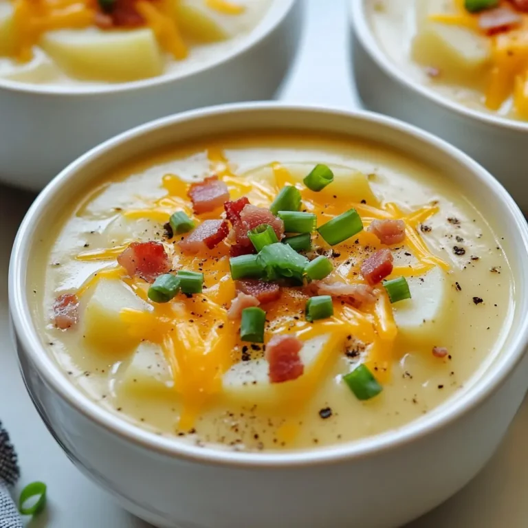 To make a comforting bowl of loaded potato soup, you will need: - 4 large russet potatoes, peeled and diced - 1 medium onion, finely chopped - 3 cloves garlic, minced - 4 cups vegetable broth - 1 cup heavy cream or coconut cream for a vegan option - 1 cup sharp cheddar cheese, grated (plus extra for topping) - 1/2 cup cooked and crumbled turkey bacon or crispy chickpeas for a vegetarian option - 1/2 cup sour cream or Greek yogurt (plus extra for topping) - 2 green onions, sliced (for garnish) - Salt and pepper to taste - 2 tablespoons olive oil - 1 teaspoon smoked paprika - 1/2 teaspoon black pepper Choosing the right products can enhance your soup. Here are my top picks: - Potatoes: Look for Russet potatoes from Idaho for the best flavor. - Broth: Use Swanson's vegetable broth for a rich taste. - Cream: Horizon Organic heavy cream is a great choice. - Cheese: Tillamook sharp cheddar cheese adds a nice kick. - Turkey Bacon: Applegate Naturals offers a tasty option. - Sour Cream: Daisy sour cream is creamy and smooth. You can easily adjust this recipe for different diets: - Vegan: Use coconut cream and crispy chickpeas instead of cream and turkey bacon. - Gluten-free: This soup is naturally gluten-free, as all ingredients are gluten-free. - Low-carb: Replace potatoes with cauliflower to reduce carbs. - Lactose-free: Use lactose-free cream and cheese options. These options help you create a dish that fits your needs without losing flavor. {{ingredient_image_1}} Start by gathering your ingredients. This makes cooking easy and fun. Peel and dice the potatoes into small pieces. This helps them cook faster. Finely chop the onion and mince the garlic. Having everything ready saves time. - Heat 2 tablespoons of olive oil in a large pot over medium heat. - Add the chopped onion and cook for about 5 minutes. Stir until it looks clear. - Next, add the minced garlic and cook for 1 minute. You want it to smell nice! - Toss in the diced potatoes and pour in 4 cups of vegetable broth. Bring this mix to a boil. - Once boiling, reduce the heat and let it simmer for 15-20 minutes. The potatoes should be soft. - After the potatoes are tender, use an immersion blender to puree the soup. You can also use a regular blender in batches. - Stir in 1 cup of heavy cream and 1 teaspoon of smoked paprika. Warm it for a few more minutes. - Finally, mix in 1 cup of grated cheddar cheese and 1/2 cup of sour cream. Season with salt and pepper to taste. Stir until smooth. For a creamy texture, an immersion blender works great. It lets you blend right in the pot. If you use a standard blender, let the soup cool first. Fill the blender halfway to avoid spills. Blend until smooth and creamy. The right blend gives your soup a delightful mouthfeel. To get the best flavor in your loaded potato soup, start with good ingredients. Use fresh russet potatoes for a creamy base. The onion and garlic add depth. Sauté them well to bring out their sweetness. I love using smoked paprika; it gives a warm, smoky taste. Don't rush the cooking time for the potatoes. Let them soften fully before blending. This makes a big difference in texture and taste. One common mistake is not seasoning enough. Always taste your soup as you cook. Adjust salt and pepper based on your liking. Another mistake is overcooking the garlic. It can turn bitter if cooked too long. Also, avoid blending too aggressively. If you blend too much, you can lose that lovely creamy texture. Lastly, don’t skip the cream or sour cream. They add richness that makes the soup special. Having the right tools makes cooking easier. Use a large pot for cooking the soup. An immersion blender is great for pureeing. It saves you from transferring hot soup to a blender. If you don’t have one, a regular blender works too, just be careful. A good cutting board and sharp knife help with chopping. Grab measuring cups for accuracy. Finally, keep a ladle handy for serving. Pro Tips Use a High-Quality Broth: For a richer flavor, opt for a high-quality vegetable broth or homemade stock instead of store-bought. This enhances the overall depth of the soup. Blend for Creaminess: An immersion blender works best for achieving a smooth texture, but blending in batches in a traditional blender can also yield great results. Just be cautious with hot liquids! Cheese Variations: Experiment with different types of cheese like Gruyère or Gouda for a unique twist on flavor. Just remember to use cheese that melts well for the best texture. Garnish Creatively: Don’t be afraid to get creative with your toppings! Add crispy onions, fresh herbs, or even a drizzle of truffle oil for an elevated presentation and taste. {{image_2}} You can easily make loaded potato soup vegetarian or vegan. For a vegetarian option, swap turkey bacon for crispy chickpeas. They add crunch and flavor. For a vegan version, replace heavy cream with coconut cream. This gives the soup a rich texture without dairy. Use vegetable broth to keep it plant-based. You can also choose vegan cheese to make it fully dairy-free. Toppings bring your soup to life. You can use extra cheddar cheese for a cheesy touch. Sliced green onions add freshness. Crispy bacon bits or chickpeas give extra crunch. A dollop of sour cream or Greek yogurt adds creaminess. For spice, try jalapeños or hot sauce. You can also add fresh herbs like parsley or cilantro for color and taste. Mix and match these toppings to suit your mood. If you are on a low-carb or keto diet, you can adjust the recipe. Use cauliflower instead of potatoes. It gives a similar texture with fewer carbs. You can also skip the heavy cream and use more vegetable broth. This keeps the soup light. For toppings, focus on cheese and bacon, while avoiding high-carb options. This way, you can enjoy a rich flavor without the carbs. To keep your loaded potato soup fresh, let it cool first. Then, transfer it to an airtight container. It stays good in the fridge for about 3 to 4 days. Make sure to label the container with the date. This helps you know when to use it. Always store it in the coldest part of your fridge for the best quality. When you are ready to eat your leftovers, reheat them on the stove. Pour the soup into a pot over medium heat. Stir it often to prevent sticking. Heat until it’s warm, about 5 to 10 minutes. You can add a splash of broth or cream if it seems too thick. For a quick option, you can microwave the soup in a bowl. Heat it for 1 to 2 minutes, stirring halfway through. Be careful; it can get hot fast! You can freeze loaded potato soup, but it may change in texture. To freeze, let the soup cool completely. Then, pour it into freezer-safe bags or containers. Leave some space at the top for expansion. It can last for up to 3 months in the freezer. When you want to eat it, take it out and thaw it in the fridge overnight. To reheat, use the stove or microwave as mentioned. Stir well to make sure it heats evenly. Enjoy your soup! Yes, you can make loaded potato soup in a slow cooker. To do this, start by sautéing the onion and garlic in a pan with olive oil. Once they are soft, add them to the slow cooker with the diced potatoes and vegetable broth. Cook on low for 6-8 hours or on high for 3-4 hours. When the potatoes are soft, blend the soup until smooth. Stir in the cream, cheese, and seasonings before serving. This method gives you a rich flavor with less hands-on time. To make this recipe dairy-free, swap out the heavy cream for coconut cream. You can also use dairy-free cheese for a melty topping. For sour cream, choose a dairy-free alternative like cashew yogurt or a store-bought version. These swaps keep the soup creamy without dairy. Just make sure to check labels for any hidden dairy ingredients. Loaded potato soup pairs well with many sides. Here are a few tasty options: - A simple green salad with a light vinaigrette. - Garlic bread or crusty bread for dipping. - Steamed broccoli or green beans for a fresh touch. - A fruit salad for a sweet contrast. These sides enhance the meal and add variety to your table. We covered key parts to make a great loaded potato soup. You learned about the best ingredients, brands, and tasty swaps for diets. I shared detailed steps for easy cooking and blending. We discussed tips for great flavor and avoiding common mistakes. You also saw variations for different diets and how to store leftovers. In closing, loaded potato soup is fun and flexible. With these tips, you can impress anyone with your cooking!