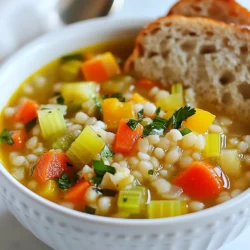 To make a tasty vegetarian barley soup, you need fresh and healthy ingredients. Here’s what you will need: - 1 cup pearl barley - 4 cups vegetable broth - 2 tablespoons olive oil - 1 large onion, chopped - 3 cloves garlic, minced - 2 carrots, diced - 2 celery stalks, diced - 1 bell pepper, diced - 1 zucchini, diced - 1 cup green beans, trimmed and cut into 1-inch pieces - 1 can (14 oz) diced tomatoes, with juice - 1 teaspoon dried thyme - 1 teaspoon dried oregano - Salt and pepper to taste - Fresh parsley, chopped (for garnish) Each item adds flavor and nutrition to the soup. Pearl barley gives the dish a hearty texture. The mix of vegetables adds color and taste. Fresh herbs like thyme and oregano give it a wonderful aroma. Using vegetable broth instead of water boosts the flavor. The canned tomatoes add a bit of sweetness and acidity. This makes the soup not only filling but also very tasty. Gather these ingredients before you start cooking. They all work together to create a warm and healthy meal. {{ingredient_image_1}} To start, rinse 1 cup of pearl barley. Use a fine mesh strainer and cold water. This will help remove any dirt. After rinsing, set the barley aside for now. Next, chop 1 large onion and mince 3 cloves of garlic. Dice 2 carrots, 2 celery stalks, and 1 bell pepper. Also, chop 1 zucchini and trim 1 cup of green beans. Make sure the green beans are cut into 1-inch pieces. This prep makes all the flavors blend well. In a large pot, heat 2 tablespoons of olive oil over medium heat. Once the oil is hot, add the chopped onion and minced garlic. Sauté for about 3-4 minutes. You want the onion to turn translucent and fragrant. Now, add the diced carrots, celery, and bell pepper to the pot. Cook these for 5 minutes, stirring occasionally. This softens the veggies and enhances their flavors. After that, stir in the zucchini and green beans. Cook for an additional 3 minutes. The veggies should start to look bright and fresh. Next, add the rinsed pearl barley and 1 can of diced tomatoes (with juice). Pour in 4 cups of vegetable broth, along with 1 teaspoon of dried thyme and 1 teaspoon of dried oregano. Stir everything to combine and bring the mixture to a boil. Once boiling, reduce the heat to low. Cover the pot and let it simmer for 40-45 minutes. Stir occasionally to prevent sticking. The barley should become tender, and the soup will thicken slightly. After simmering, season the soup with salt and pepper to taste. Adjust it to your liking. Now, serve the soup hot. Ladle it into bowls and sprinkle with fresh chopped parsley for color. For a complete meal, pair it with a slice of crusty bread. Enjoy your healthy and hearty vegetarian barley soup! To make your vegetarian barley soup pop with flavor, try these tips: - Use fresh herbs: They add a bright taste. Use thyme and oregano, or add basil for a twist. - Sauté your veggies well: Make sure to cook the onion and garlic until soft. This builds a strong base. - Add a splash of acid: A squeeze of lemon juice before serving can brighten the soup. Keep these common mistakes in mind to ensure your soup turns out great: - Not rinsing the barley: Always rinse pearl barley before cooking. It helps remove any dust and improves texture. - Overcooking the vegetables: Don’t let them turn mushy. You want them soft but still slightly crisp. - Skipping seasoning: Taste your soup before serving. Adjust salt and pepper to your liking. Serve your soup with these ideas for a complete meal: - Garnish with parsley: This adds color and freshness. - Pair with crusty bread: A warm slice on the side makes it cozy. - Top with cheese: A sprinkle of feta or Parmesan can enhance flavor. Enjoy your warm bowl of soup, packed with flavor and nutrition! Pro Tips Soak the Barley: For a quicker cooking time and to enhance the texture, soak the pearl barley in water for a few hours or overnight before cooking. Customize Your Vegetables: Feel free to add or substitute vegetables based on what you have on hand. Spinach, kale, or sweet potatoes are great options! Make It a Meal: To turn the soup into a heartier meal, consider adding protein such as chickpeas or lentils, or serve it alongside a protein-rich bread. Store for Later: This soup stores well in the refrigerator for up to 5 days. Just add a splash of broth when reheating to restore its creamy texture. {{image_2}} You can change ingredients to fit your taste or what you have. If you lack pearl barley, try farro or quinoa. Both add texture and flavor. No vegetable broth? Use water or any broth you like. You can also swap olive oil for coconut oil for a hint of sweetness. Add-ins can boost flavor and nutrition. Consider adding: - 1 cup of corn for sweetness - 1 cup of chopped spinach or kale for greens - 1-2 diced potatoes for heartiness - A can of chickpeas for protein Feel free to mix and match. This soup loves new ideas! The slow cooker is great for this soup. Just follow these steps: 1. Sauté the onion and garlic in olive oil in a pan. 2. Transfer them to the slow cooker. 3. Add all other ingredients, including rinsed barley. 4. Pour in the vegetable broth. 5. Cook on low for 6-8 hours or high for 3-4 hours. You’ll have a warm, hearty meal waiting for you! To keep your soup fresh, store it in a sealed container. Let it cool first. Place it in the fridge for up to five days. If you want it to last longer, consider freezing it. Avoid leaving it out for more than two hours. When you want to enjoy your leftover soup, use a pot on the stove. Heat it over medium heat, stirring often. It should warm through in about 10 minutes. You can also use a microwave. Place it in a microwave-safe bowl and cover it. Heat in 1-minute intervals until hot. To freeze your soup, use an airtight container or freezer bag. Leave some space at the top because soup expands when frozen. Label the container with the date. It can last for up to three months in the freezer. When you're ready to eat, thaw it overnight in the fridge before reheating. To make vegetarian barley soup gluten-free, you can swap barley for gluten-free grains. Quinoa or brown rice works well. You can also use gluten-free vegetable broth. Always check labels to ensure all ingredients are gluten-free. Yes, you can use other grains instead of barley. Quinoa, farro, or even brown rice are great options. Each grain will change the flavor and texture of the soup. Adjust the cooking time based on the grain you choose. Quinoa cooks faster, while brown rice takes longer. Vegetarian barley soup can last in the fridge for about 3 to 5 days. Store it in an airtight container to keep it fresh. If you want to enjoy it later, freeze the soup. It can last up to 3 months in the freezer. This article covered how to make a tasty vegetarian barley soup. We discussed the key ingredients, preparation steps, and cooking process. I shared tips to enhance flavor and avoid common mistakes. You learned about variations and how to store and reheat leftovers. Vegetarian barley soup is easy, healthy, and customizable. Embrace your creativity by trying new flavors or ingredients. Enjoy every spoonful of this comforting dish!