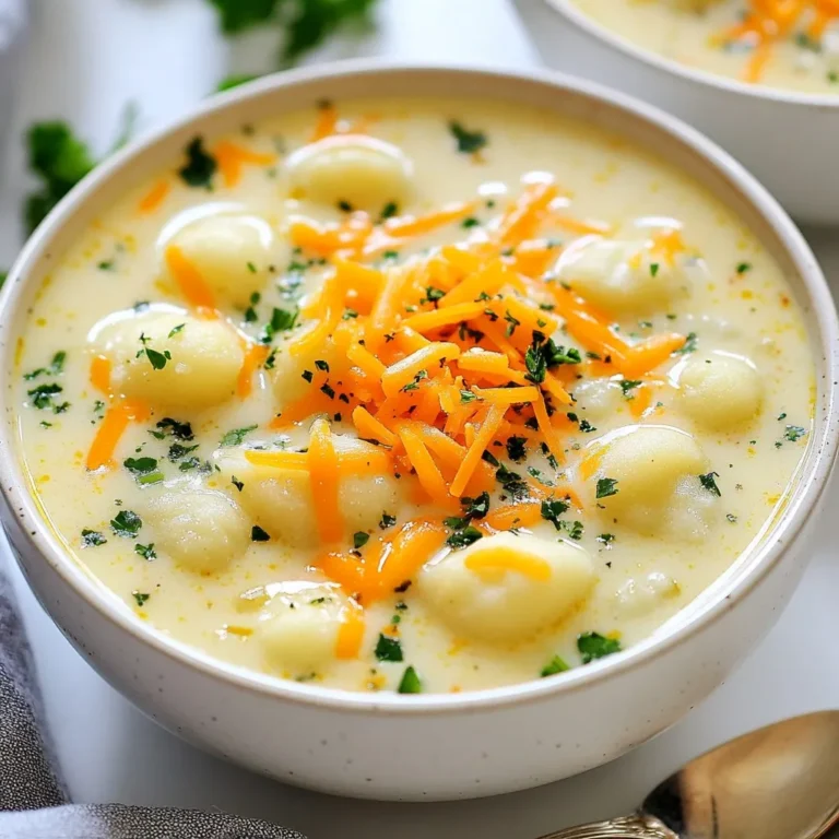 - 1 pound potato gnocchi - 4 cups vegetable broth - 1 cup shredded sharp cheddar cheese - 1 cup heavy cream - 1 medium onion, diced - 2 cloves garlic, minced - 2 carrots, diced - 2 stalks celery, diced - 1 teaspoon dried thyme - 1 teaspoon garlic powder - Salt and pepper to taste - Fresh parsley, chopped (for garnish) These ingredients blend to create a rich, creamy soup. The potato gnocchi adds a soft, chewy texture. The sharp cheddar cheese gives the soup a deep, tangy flavor. Heavy cream makes it smooth and velvety. To enhance this soup, consider adding: - 1 cup cooked chicken for protein - 1 cup spinach or kale for greens - A pinch of red pepper flakes for heat - Lemon zest for a bright touch These extras add layers of flavor and nutrition. Each option allows you to make the soup your own. This recipe is vegetarian if you use vegetable broth. To make it gluten-free, choose gluten-free gnocchi. Always check labels to ensure all ingredients fit your needs. This soup can be a cozy meal for many diets, just tweak it as needed. {{ingredient_image_1}} First, gather all your ingredients. You will need: - 1 pound potato gnocchi - 4 cups vegetable broth - 1 cup shredded sharp cheddar cheese - 1 cup heavy cream - 1 medium onion, diced - 2 cloves garlic, minced - 2 carrots, diced - 2 stalks celery, diced - 1 teaspoon dried thyme - 1 teaspoon garlic powder - Salt and pepper to taste - Fresh parsley, chopped (for garnish) Chop the onion, carrots, and celery. Mince the garlic. This will help the soup cook evenly and taste great. Heat a drizzle of olive oil in a large pot over medium heat. Add the onion, carrots, and celery. Sauté for about 5-7 minutes. You want the veggies to soften. Then, stir in the minced garlic and cook for one more minute. The smell will be amazing! Next, pour in the vegetable broth and bring it to a boil. Once boiling, add the potato gnocchi. Cook according to the package instructions. The gnocchi will float when they’re done, which usually takes about 2-3 minutes. Now, reduce the heat to low. Stir in the heavy cream, shredded cheddar cheese, dried thyme, and garlic powder. Mix it until the cheese melts and the soup becomes creamy. Don’t forget to taste and adjust the salt and pepper. Once the soup is ready, serve it hot. Garnish each bowl with fresh parsley. This adds color and a fresh taste. Enjoy this cozy and comforting dish! It’s perfect for chilly days or anytime you crave something warm. To make the best cheddar gnocchi soup, use fresh ingredients. Fresh veggies add great taste. Choose high-quality sharp cheddar cheese for a rich flavor. Grate the cheese yourself for a smoother melt. Always taste the soup before serving. This helps you adjust the seasonings just right. If you want a thicker soup, let it simmer longer. For a lighter version, use half-and-half instead of heavy cream. One mistake is not cooking the gnocchi long enough. They should float to the top of the pot. Also, avoid adding the cheese too early. This can make the soup grainy. Don’t forget to sauté the vegetables well. This step builds a strong base for flavor. Lastly, be careful with salt. Too much can overpower the soup. When storing leftovers, let the soup cool first. Use an airtight container for best results. Keep the soup in the fridge for up to three days. If you want to freeze it, do so before adding cream and cheese. This helps keep the texture nice. When reheating, do it slowly on low heat. Stir often to prevent sticking. Enjoy your cozy soup later! Pro Tips Use Fresh Vegetables: Freshly diced onions, carrots, and celery will enhance the flavor of your soup significantly compared to pre-packaged options. Adjust Cheese to Taste: Depending on your preference for cheesiness, you can add more or less cheddar cheese to the soup for a richer or lighter flavor. Herb Variations: Feel free to experiment with different herbs like rosemary or basil to give your soup a unique twist. Thickening Option: If you prefer a thicker soup, you can blend a portion of the soup and return it to the pot for a creamier consistency. {{image_2}} You can add many things to your Cheddar Gnocchi Soup. Vegetables like spinach or peas work great. They add color and nutrition. You can also toss in some cooked chicken or sausage. This gives the soup more protein and makes it heartier. If you want a kick, try adding a dash of hot sauce or some crushed red pepper flakes. While sharp cheddar is tasty, feel free to experiment with other cheeses. Gruyère adds a nutty flavor. Monterey Jack makes the soup creamy and smooth. For a bold twist, try blue cheese. Just remember, different cheeses melt differently. So, you might need to adjust cooking times or amounts. You can easily make this soup fit your diet. To make it gluten-free, use gluten-free gnocchi. If you want a lighter dish, swap heavy cream for half-and-half or a plant-based milk. For a vegan option, replace the cheese and cream with cashew cheese or a vegan cheddar. Always check labels to ensure everything fits your needs. After enjoying your Cheddar Gnocchi Soup, let it cool. Transfer the soup to an airtight container. Make sure to leave some space at the top. This helps prevent spills when you seal it. Store it in the fridge for up to three days. When you want to enjoy your soup again, pour it into a pot. Heat it on low over the stove. Stir it often to keep it from sticking. If the soup seems thick, add a bit of broth or water. Heat until it’s warm all the way through, about 5-10 minutes. You can freeze Cheddar Gnocchi Soup for later. Use a freezer-safe container or a heavy-duty freezer bag. Make sure to label it with the date. Freeze it for up to three months. To reheat, thaw it in the fridge overnight. Then, heat it on the stove as described above. Avoid freezing the soup with gnocchi for best texture. The gnocchi can become mushy when thawed and reheated. This soup will last about 3-4 days in the fridge. Make sure to store it in a tight container. The soup may thicken as it sits. You can add a little broth or cream when you reheat it. That helps bring back the creamy texture. Yes, you can make this soup ahead of time. Cook it and let it cool completely. Store it in the fridge for later. When you are ready, just reheat it on the stove. It saves time on busy days when you want a quick meal. This soup pairs well with crusty bread or a fresh salad. Garlic bread is also a great choice. You could serve it with a side of roasted veggies, too. Each option adds to the cozy meal experience and makes it even better. In this article, we explored how to make delicious Cheddar Gnocchi Soup. We covered key ingredients and optional add-ins for flavor. You learned step-by-step instructions, helpful tips, and common mistakes to avoid. We also discussed variations to suit different diets and how to store your soup properly. This soup is easy to make and can please many tastes. With a few simple changes, you can make it your own. Enjoy creating this warm dish for yourself and others.