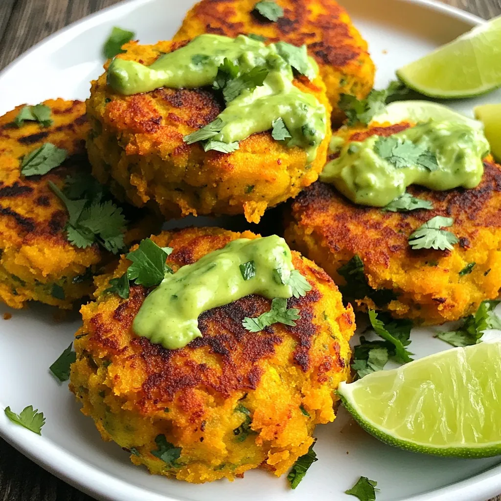 To make these tasty patties, gather the following: - 1 medium sweet potato, peeled and cubed - 1 cup cooked red lentils (about 1/2 cup dry) - 1/2 cup breadcrumbs (gluten-free if needed) - 1/4 cup chopped green onions - 2 cloves garlic, minced - 1 tsp cumin powder - 1/2 tsp smoked paprika - 1/2 tsp salt - 1/4 tsp black pepper - 2 tablespoons olive oil (for frying) For the creamy sauce, you will need: - 1 ripe avocado - 1/4 cup fresh cilantro leaves - 1 tablespoon lime juice - 1/2 cup Greek yogurt (or vegan yogurt) - Salt to taste Choose the freshest ingredients for the best taste. Here are my tips: - Sweet Potatoes: Look for firm, smooth skin. Avoid any bruises or soft spots. - Red Lentils: Opt for bright-colored lentils. They should be free from debris. - Green Onions: Pick vibrant green stalks with no wilting. They should smell fresh. - Garlic: Choose firm bulbs. Avoid any sprouting or soft garlic. - Avocado: A ripe avocado will yield slightly to gentle pressure. Avoid overly soft ones. - Cilantro: Look for bright green leaves. They should not be yellow or wilted. By selecting fresh ingredients, your patties and sauce will burst with flavor. Enjoy cooking! {{ingredient_image_1}} First, peel and cube the sweet potato. Place the cubes in a pot of water. Boil them for about 15 minutes or until soft. You can check if they are ready by poking them with a fork. Once cooked, drain the sweet potatoes and let them cool for a few minutes. In a large bowl, mash the cooled sweet potato with a fork. Aim for a smooth texture without lumps. Next, add the cooked red lentils, breadcrumbs, and chopped green onions. Then, mix in minced garlic, cumin powder, smoked paprika, salt, and black pepper. Stir everything until the mixture is well combined. This blend gives the patties their rich flavor. Divide the mixture into eight equal parts. Shape each part into a patty, about half an inch thick. This helps them cook evenly. Heat olive oil in a non-stick skillet over medium heat. Once the oil is hot, place the patties in the skillet. Cook each side for 4 to 5 minutes until they turn golden brown. You want them crispy on the outside but soft inside. While the patties cook, prepare the avocado cilantro sauce. Grab a blender or food processor. Add the ripe avocado, fresh cilantro leaves, lime juice, Greek yogurt, and a pinch of salt. Blend these ingredients until the sauce is smooth and creamy. This sauce will add a fresh, zesty flavor to your patties. To make the best patties, start with the right base. Cook your sweet potato until soft, about 15 minutes. Mash it well to avoid lumps. This gives your patties a smooth texture. Mix in cooked red lentils and breadcrumbs. The lentils add protein and a nice bite. Don’t skip the breadcrumbs; they help bind everything together. If the mix feels too wet, add more breadcrumbs. This way, your patties hold their shape when cooking. When frying, choose oils with high smoke points. Olive oil is a great choice for its flavor and health benefits. Canola oil is another option, as it’s neutral and high in smoke point. Heat the oil in a non-stick skillet over medium heat. This helps the patties cook evenly. Make sure the oil is hot before adding patties. This ensures a nice, golden crust. Presentation makes a big difference. Serve the patties on a colorful plate. Garnish with fresh cilantro leaves for a pop of green. Lime wedges add a burst of color and flavor. Drizzle the avocado cilantro sauce over the patties. This makes them look and taste even better. For extra fun, serve with a side salad or some roasted veggies. Enjoy your beautiful meal! Pro Tips Cooking Sweet Potatoes: Ensure the sweet potatoes are fully cooked and soft for easy mashing, which helps achieve a smooth texture in the patties. Binding the Patties: If the mixture feels too wet, add a bit more breadcrumbs to help bind the patties and prevent them from falling apart while cooking. Perfectly Crispy Patties: Don’t overcrowd the skillet; cook in batches if necessary to ensure even browning and crispiness of the patties. Enhancing Flavor: Experiment with additional spices like chili powder or coriander for a unique flavor twist in the patties. {{image_2}} You can easily make these sweet potato red lentil patties gluten-free. Just swap regular breadcrumbs for gluten-free breadcrumbs. This small change keeps the recipe safe for those with gluten allergies. You can find gluten-free options in most stores. They work just as well, giving the patties a great texture. If you like heat, add some spice! You can mix in chopped jalapeños or a dash of cayenne pepper. These additions will give your patties a kick. Another option is to use a spicy sauce as a topping. This way, you can control the heat level to suit your taste. While the avocado cilantro sauce is delicious, feel free to explore other sauces. A zesty tahini sauce or a tangy mango salsa can be great choices. These options can add new flavors to your patties. You can even try a yogurt-based sauce with herbs for a fresh touch. Experimenting with different dips can make each meal exciting. To keep your sweet potato red lentil patties fresh, let them cool first. Place them in an airtight container. They can last in the fridge for up to three days. Make sure to separate layers with parchment paper to avoid sticking. This simple step keeps them tasty for your next meal. If you want to save some patties for later, freezing is a great option. After they cool, lay them flat on a baking sheet. Freeze them for about an hour until firm, then transfer to a freezer bag. Be sure to label the bag with the date. These patties can last up to three months in the freezer. When ready to eat, thaw them in the fridge overnight before reheating. Avocado cilantro sauce is best when fresh, but you can store leftovers too. Place the sauce in a small bowl and press plastic wrap directly onto the surface. This helps prevent browning. It can stay in the fridge for one day. If you need to keep it longer, consider adding a little extra lime juice. This can help maintain its bright green color and flavor. Yes, you can bake the patties. Preheat your oven to 400°F (200°C). Place the patties on a baking sheet lined with parchment paper. Brush them lightly with olive oil. Bake for 20 to 25 minutes, flipping halfway through. This method keeps them healthier and still tasty. If you need a substitute for breadcrumbs, try oats or crushed cornflakes. You can also use ground nuts, like almonds or walnuts. For a gluten-free option, use gluten-free breadcrumbs or almond flour. These options work well and add nice textures. Leftover patties stay good in the fridge for up to 4 days. Store them in an airtight container. To reheat, warm them in a skillet over medium heat or pop them in the microwave for a quick meal. Yes, you can make the avocado cilantro sauce ahead of time. Store it in an airtight container in the fridge for up to 2 days. To keep it fresh, press plastic wrap directly on the surface of the sauce to limit air exposure. These sweet potato red lentil patties are easy to make and delicious. You can mix fresh ingredients, form tasty patties, and pair them with avocado sauce. Remember to adjust spices to suit your taste. Store leftovers well for later use. Cooking can be fun and rewarding! Enjoy exploring different serving ideas and variations to keep meals interesting. Now, roll up your sleeves and enjoy this healthy recipe often!