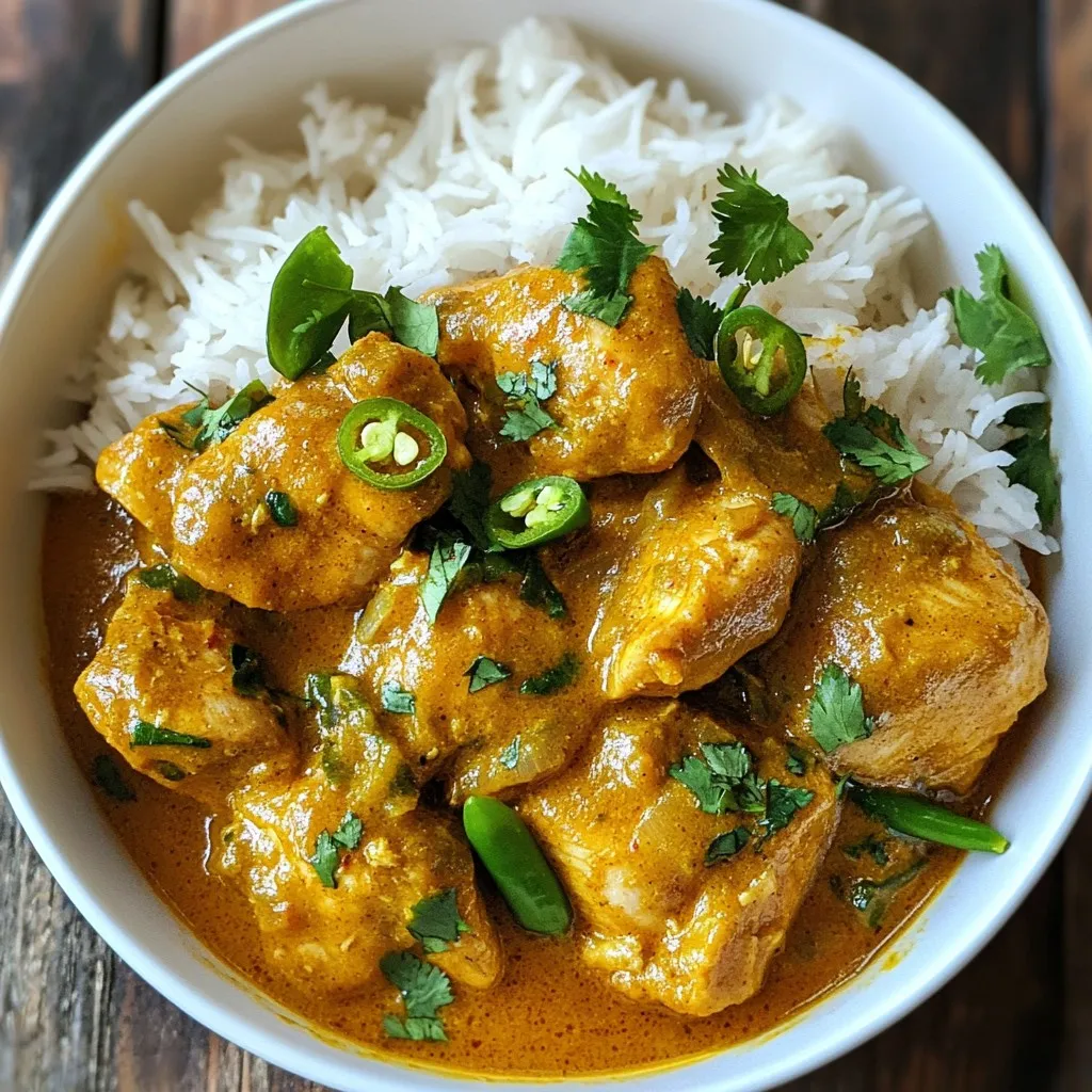- 500g chicken thighs, boneless and skinless, cut into chunks - 1 can (400ml) coconut milk - 1 large onion, finely chopped - 4 cloves garlic, minced The heart of this easy Indian chicken curry lies in its main ingredients. Chicken thighs give you juicy bites. Coconut milk adds creaminess and a slight sweetness. Onions and garlic build a base of flavor that packs a punch. - 2 tablespoons curry powder - 1 teaspoon ground cumin - 1 teaspoon ground coriander - ½ teaspoon turmeric powder Spices create the magic in this dish. Curry powder brings warmth and complexity. Ground cumin and coriander add earthiness that balances the curry. Turmeric gives a lovely color and a hint of bitterness. - Fresh cilantro leaves for garnish - Cooked basmati rice or naan for serving Garnishes make your dish pop. Fresh cilantro adds brightness and freshness. Serve your curry with fluffy basmati rice or warm naan. This combo brings the meal together nicely. {{ingredient_image_1}} 1. Heat the vegetable oil in a large pot over medium heat. 2. Add the finely chopped onion. Sauté until golden brown, about 5-7 minutes. 3. Next, stir in the minced garlic and grated ginger. Sauté until fragrant, about 1-2 minutes. 4. Now, add the pureed tomatoes and spices: curry powder, ground cumin, ground coriander, and turmeric powder. Cook for about 5 minutes, stirring often, until the mixture thickens. 1. Add the chicken pieces to the pot. Toss well to coat with the spice mix. 2. Cook the chicken for 5-7 minutes until browned on all sides. 3. Pour in the coconut milk and add the slit green chilies and salt. Mix everything well. 4. Bring the mixture to a gentle simmer. 1. Reduce the heat to low. Cover the pot and cook for 20-25 minutes, stirring occasionally. 2. Check if the chicken is cooked through and tender. 3. Taste the curry and adjust the seasoning as needed. 4. If you want a thicker curry, let it simmer uncovered for an extra 5-10 minutes. 5. Remove from heat and garnish with fresh cilantro leaves. Now, your easy Indian chicken curry is ready to serve! Enjoy it with basmati rice or warm naan for a delightful meal. To keep chicken tender, cook it gently. Sauté on medium heat. This helps the chicken stay juicy. Avoid cooking on high heat, as it can dry out the meat. Always cut chicken into even pieces for uniform cooking. For sautéing, start with hot oil. Add onions and let them brown. Stir often, so they don’t burn. Once golden, add garlic and ginger. Cook these for just a minute. This brings out their flavors without burning them. If you want more heat, add extra spices. Try more green chilies or a pinch of cayenne. You can also mix in some red chili powder for extra kick. Always taste as you go, so you can adjust the heat. Fresh herbs like cilantro make a big difference. Add it at the end for a fresh taste. You can also use mint for a unique flavor. Both herbs brighten the dish and add color. Serve the curry in a deep bowl. This keeps it warm and allows for easy scooping. Place a generous scoop of basmati rice or naan beside it. This makes for a nice presentation and adds texture. For garnishing, sprinkle chopped cilantro on top. You can also add a few slices of chili for color. A wedge of lime on the side can add a nice touch too. This helps balance the flavors when eaten. Pro Tips Adjust the Spice Level: If you prefer a milder curry, reduce the number of green chilies or remove the seeds to lessen the heat. Use Fresh Ingredients: Fresh garlic, ginger, and spices can significantly enhance the flavor of your curry, making it more aromatic and delicious. Let It Rest: After cooking, allow the curry to sit for a few minutes before serving. This helps the flavors meld together beautifully. Garnish Wisely: A sprinkle of chopped cilantro not only adds a pop of color but also brightens up the dish with fresh flavor. {{image_2}} You can switch up the chicken thighs in this curry. Try using chicken breast for a leaner option. Chicken breast cooks faster, so check for doneness sooner. If you prefer plant-based meals, tofu works great too. Just press and cube it before adding it to the pot. You can also use vegetables like chickpeas, cauliflower, or bell peppers. These add texture and flavor while keeping it healthy. Want more heat? Just add more green chilies! You can also use red chili powder if you like. If you prefer milder flavors, use fewer chilies. Spice blends like garam masala can add depth without too much heat. Feel free to experiment with your favorite spices. Each change will make the dish unique. Coconut milk gives this curry its creamy texture. If you want a lighter option, use low-fat coconut milk. You can also use dairy like heavy cream or yogurt. Just stir it in slowly to avoid curdling. For a non-dairy option, try almond milk or cashew cream. These will change the flavor, but they still taste good! You can store the chicken curry in the fridge for up to four days. Use an airtight container for best results. This keeps the curry fresh and tasty. To freeze the curry, let it cool completely first. Then, pour it into a freezer-safe container. Be sure to leave some space at the top for expansion. It can last up to three months in the freezer. When you want to eat it, thaw it in the fridge overnight. To reheat, warm it on the stove or in the microwave until hot. You can use leftover chicken curry in many fun ways. Try it in a wrap with fresh veggies. You can also make curry fried rice by mixing it with day-old rice. Another idea is to spread it on toast for a quick snack. Get creative and enjoy your leftovers! Making easy Indian chicken curry takes about 50 minutes. You spend 10 minutes prepping the ingredients. Cooking the dish takes around 40 minutes. First, you sauté the onions, garlic, and ginger. After that, you cook the spices and chicken. Finally, you let it simmer with coconut milk. Yes, you can make this recipe ahead of time. Cook the curry and let it cool. Store it in an airtight container in the fridge. It stays fresh for about three days. When you’re ready to eat, just heat it up on the stove. Add a splash of water if it gets too thick. You can serve Indian chicken curry with several delicious sides. Here are some great options: - Basmati rice: Fluffy rice pairs well with the curry. - Naan: Soft bread is perfect for scooping up the sauce. - Raita: This yogurt dish cools the spice and adds flavor. - Steamed vegetables: Add some greens for a colorful plate. Feel free to mix and match! This blog post covered all you need to know for a tasty Indian chicken curry. You learned about the key ingredients like chicken thighs, coconut milk, and spices. We went over step-by-step instructions to cook it just right. I also shared tips for bold flavors, fun garnishes, and delicious variations. Remember, cooking can be fun and rewarding. Enjoy every bite of your curry!