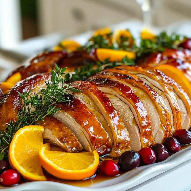 To make a delicious honey baked turkey, you need a few key items. Here they are: - 1 whole turkey (10-12 lbs), thawed - ½ cup honey - ¼ cup olive oil - 4 tablespoons Dijon mustard - 2 tablespoons apple cider vinegar - 1 tablespoon garlic powder - 1 tablespoon onion powder - 2 teaspoons smoked paprika - Salt and black pepper to taste - Fresh herbs (like thyme and rosemary) for stuffing and garnish - 2 cups chicken broth These ingredients come together to create a sweet and savory dish. Each one plays a big part in the flavor. If you can’t find some of these ingredients, don’t worry. Here are some good substitutes: - For honey, you can use maple syrup or agave nectar. - Instead of Dijon mustard, try yellow mustard or honey mustard. - If you don’t have apple cider vinegar, white vinegar works well too. - Garlic powder can be swapped for fresh garlic, using about one clove per tablespoon. - Use smoked paprika or regular paprika if you can't find smoked. These swaps will keep your turkey tasty while making it easier to cook. Seasoning is key to a great turkey. Here are the best options to enhance your dish: - Use salt and black pepper generously. - Fresh herbs like thyme and rosemary add wonderful flavor. - You can also try sage or parsley for a different taste. These seasonings will make your honey baked turkey shine. Don't skip them! {{ingredient_image_1}} Start by preheating your oven to 325°F (165°C). This helps cook the turkey evenly. Next, rinse the turkey inside and out with cold water. This step is key for cleanliness. After rinsing, pat the turkey dry with paper towels. This helps the glaze stick better. Now, season the cavity of the turkey. Sprinkle salt, pepper, and fresh herbs inside. Thyme and rosemary add great flavor. These herbs bring a nice aroma to your dish. Using a brush or your hands, coat the outside of the turkey with the honey glaze. Be generous with the glaze! Save some for basting later. This will keep the turkey moist and flavorful. In a mixing bowl, combine the following ingredients to make the glaze: - ½ cup honey - ¼ cup olive oil - 4 tablespoons Dijon mustard - 2 tablespoons apple cider vinegar - 1 tablespoon garlic powder - 1 tablespoon onion powder - 2 teaspoons smoked paprika - Salt and black pepper to taste Whisk these ingredients well until smooth. The glaze should be thick and sticky. This mixture adds sweetness and depth to your turkey. Place the turkey breast-side up on a rack in a roasting pan. This allows hot air to circulate. Pour 2 cups of chicken broth into the pan. The broth keeps the turkey moist during roasting. Now, roast the turkey in the oven. Baste it every 30 minutes with the reserved honey glaze. This helps develop a beautiful, shiny crust. Cook until the internal temperature reaches 165°F (75°C). Expect this to take about 13-15 minutes per pound. Once the turkey is done, remove it from the oven. Let it rest for at least 20 minutes before carving. Resting allows the juices to redistribute, making each slice juicy and tender. To make the best glaze, mix honey, olive oil, Dijon mustard, and apple cider vinegar. This blend creates a sweet and tangy flavor. Add garlic powder, onion powder, and smoked paprika to enhance the taste. Make sure to whisk until smooth. For extra flavor, season with salt and black pepper. Brush this glaze over the turkey before roasting. Remember to save some glaze for basting later. Basting every 30 minutes keeps your turkey moist and adds flavor. To ensure your turkey is juicy, start by rinsing it under cold water. Pat it dry with paper towels. Season the inside with salt, pepper, and fresh herbs. This step adds flavor from the inside out. Pour chicken broth into the roasting pan. This broth steams the turkey while it cooks. Roast at 325°F (165°C) and baste often. Use a meat thermometer to check the internal temperature. It should reach 165°F (75°C) in the breast and thigh. Carving the turkey can be easy with a few tips. Let the turkey rest for at least 20 minutes after cooking. This waiting time helps the juices settle. Use a sharp knife for clean cuts. Start by slicing the breast meat on each side of the bone. Then, slice the thighs and drumsticks. Arrange the slices on a large platter. Drizzle with extra honey glaze for shine. Garnish with fresh herbs and seasonal fruits like cranberries. This makes your turkey look festive and inviting. Pro Tips Brining the Turkey: For an even juicier turkey, consider brining it overnight in a saltwater solution before cooking. This helps to enhance moisture and flavor. Using a Meat Thermometer: Invest in a good meat thermometer to accurately check the internal temperature of your turkey. This ensures perfectly cooked meat without the risk of undercooking. Resting Time: Don't skip the resting period after roasting. Letting the turkey sit for at least 20 minutes allows the juices to redistribute, resulting in a more flavorful and moist turkey. Flavor Variations: Feel free to experiment with different herbs and spices in your glaze. Adding orange zest or ginger can give your turkey a unique twist that your guests will love. {{image_2}} You can change the honey glaze to fit your taste. Try adding maple syrup for a sweet twist. Brown sugar gives a nice caramel flavor. If you like spice, mix in chili powder or cayenne. For a tangy touch, add more apple cider vinegar. Each option adds a unique flavor to your turkey. You can use different methods to cook your turkey. A smoker adds a rich, smoky taste. It takes longer but gives great results. If you have a slow cooker, that works too! Just make sure to use the right size for your turkey. It will be tender and juicy. When serving your honey baked turkey, think about presentation. Slice the turkey and place it on a large platter. Drizzle extra honey glaze on top. Garnish with fresh herbs like thyme and rosemary. Add seasonal fruits like cranberries or orange slices for color. This makes the dish festive and appealing. After your feast, you may have turkey left. To store it, let it cool first. Place it in an airtight container. Make sure to cover it tightly. This keeps the turkey fresh. You can store it in the fridge for up to four days. If you plan to keep it longer, consider freezing it. When you’re ready to enjoy the leftovers, reheating is key. Preheat your oven to 325°F (165°C). Place the turkey in a baking dish. Add a splash of chicken broth to keep it moist. Cover the dish with foil. Heat for about 20-30 minutes. Check that it reaches 165°F (75°C) before serving. This way, your turkey stays tasty and juicy. Freezing is a great option for long-term storage. If you want to freeze the turkey, carve it into portions first. Use freezer bags or containers to store it. Squeeze out as much air as possible. This helps prevent freezer burn. You can freeze the honey glaze too. Store it in an ice cube tray for easy use later. Just thaw and reheat when you're ready to cook again. Cooking a honey-baked turkey takes about 3 hours. You need to roast it at 325°F (165°C). The rule is 13-15 minutes per pound. So, if your turkey weighs 10 pounds, it will take around 2.5 to 2.75 hours. Always check the thickest part of the breast and thigh. The turkey is safe to eat when it reaches 165°F (75°C). Yes, you can buy pre-made honey-baked turkey at many stores. Some popular stores offer this option, especially during holidays. You can also check local specialty shops or deli counters. Buying pre-made can save you time, but making your own adds a special touch to your feast. Honey-baked turkey is a good source of protein. A serving of turkey (about 3 ounces) has around 25 grams of protein. It is low in carbs and has healthy fats, thanks to olive oil. The glaze adds some sugar from honey and Dijon mustard. Overall, it can fit well into a balanced diet if enjoyed in moderation. In this blog post, we explored how to make a delicious honey-baked turkey. You learned about the key ingredients, common substitutes, and the best herbs to use. I also broke down the step-by-step process, from prepping to roasting. Additionally, I shared tips for a perfect glaze and juicy turkey. Finally, we discussed different cooking methods, serving ideas, and how to store leftovers. With this knowledge, you can create a tasty meal that impresses friends and family. Enjoy your cooking adventure!