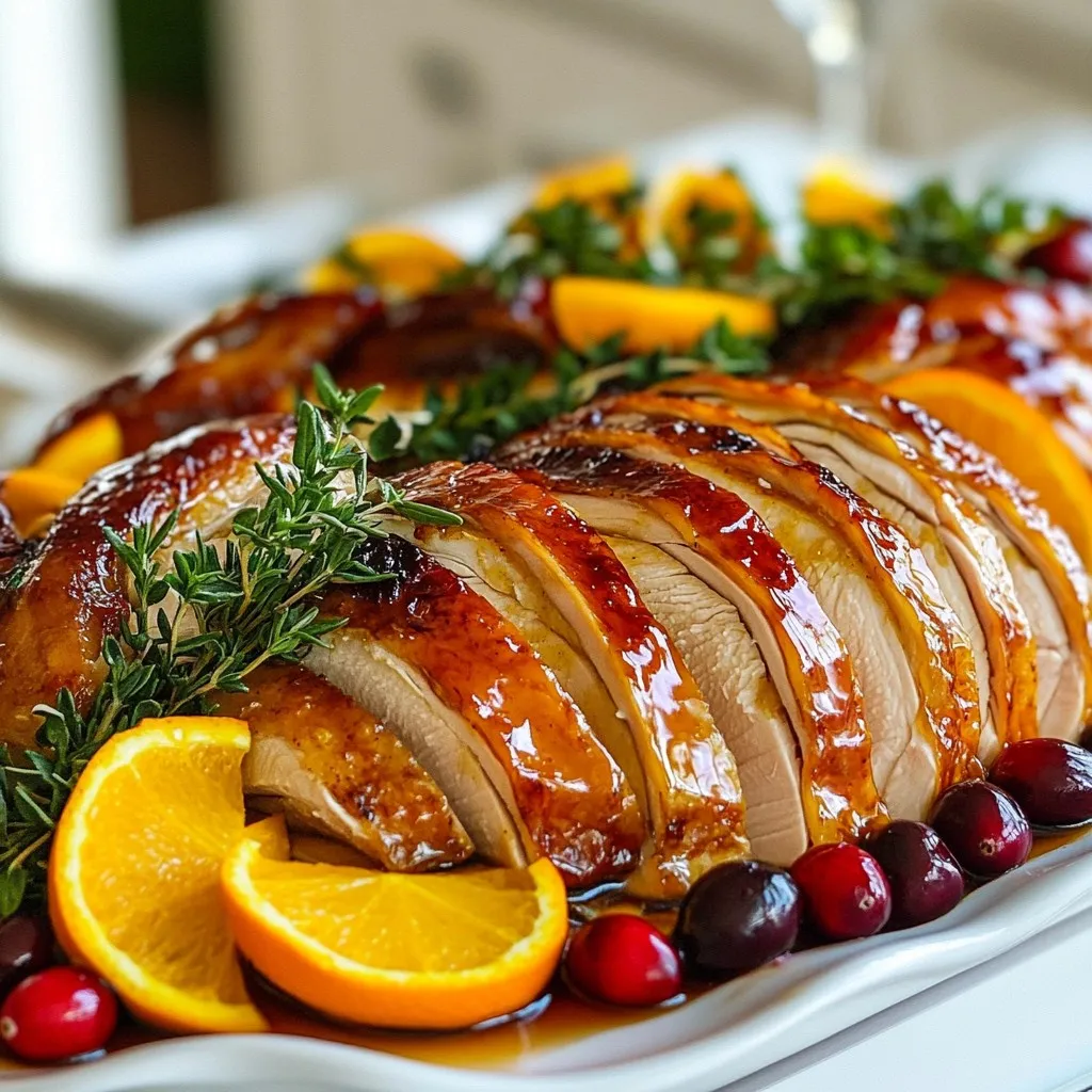 To make a delicious honey baked turkey, you need a few key items. Here they are: - 1 whole turkey (10-12 lbs), thawed - ½ cup honey - ¼ cup olive oil - 4 tablespoons Dijon mustard - 2 tablespoons apple cider vinegar - 1 tablespoon garlic powder - 1 tablespoon onion powder - 2 teaspoons smoked paprika - Salt and black pepper to taste - Fresh herbs (like thyme and rosemary) for stuffing and garnish - 2 cups chicken broth These ingredients come together to create a sweet and savory dish. Each one plays a big part in the flavor. If you can’t find some of these ingredients, don’t worry. Here are some good substitutes: - For honey, you can use maple syrup or agave nectar. - Instead of Dijon mustard, try yellow mustard or honey mustard. - If you don’t have apple cider vinegar, white vinegar works well too. - Garlic powder can be swapped for fresh garlic, using about one clove per tablespoon. - Use smoked paprika or regular paprika if you can't find smoked. These swaps will keep your turkey tasty while making it easier to cook. Seasoning is key to a great turkey. Here are the best options to enhance your dish: - Use salt and black pepper generously. - Fresh herbs like thyme and rosemary add wonderful flavor. - You can also try sage or parsley for a different taste. These seasonings will make your honey baked turkey shine. Don't skip them! {{ingredient_image_1}} Start by preheating your oven to 325°F (165°C). This helps cook the turkey evenly. Next, rinse the turkey inside and out with cold water. This step is key for cleanliness. After rinsing, pat the turkey dry with paper towels. This helps the glaze stick better. Now, season the cavity of the turkey. Sprinkle salt, pepper, and fresh herbs inside. Thyme and rosemary add great flavor. These herbs bring a nice aroma to your dish. Using a brush or your hands, coat the outside of the turkey with the honey glaze. Be generous with the glaze! Save some for basting later. This will keep the turkey moist and flavorful. In a mixing bowl, combine the following ingredients to make the glaze: - ½ cup honey - ¼ cup olive oil - 4 tablespoons Dijon mustard - 2 tablespoons apple cider vinegar - 1 tablespoon garlic powder - 1 tablespoon onion powder - 2 teaspoons smoked paprika - Salt and black pepper to taste Whisk these ingredients well until smooth. The glaze should be thick and sticky. This mixture adds sweetness and depth to your turkey. Place the turkey breast-side up on a rack in a roasting pan. This allows hot air to circulate. Pour 2 cups of chicken broth into the pan. The broth keeps the turkey moist during roasting. Now, roast the turkey in the oven. Baste it every 30 minutes with the reserved honey glaze. This helps develop a beautiful, shiny crust. Cook until the internal temperature reaches 165°F (75°C). Expect this to take about 13-15 minutes per pound. Once the turkey is done, remove it from the oven. Let it rest for at least 20 minutes before carving. Resting allows the juices to redistribute, making each slice juicy and tender. To make the best glaze, mix honey, olive oil, Dijon mustard, and apple cider vinegar. This blend creates a sweet and tangy flavor. Add garlic powder, onion powder, and smoked paprika to enhance the taste. Make sure to whisk until smooth. For extra flavor, season with salt and black pepper. Brush this glaze over the turkey before roasting. Remember to save some glaze for basting later. Basting every 30 minutes keeps your turkey moist and adds flavor. To ensure your turkey is juicy, start by rinsing it under cold water. Pat it dry with paper towels. Season the inside with salt, pepper, and fresh herbs. This step adds flavor from the inside out. Pour chicken broth into the roasting pan. This broth steams the turkey while it cooks. Roast at 325°F (165°C) and baste often. Use a meat thermometer to check the internal temperature. It should reach 165°F (75°C) in the breast and thigh. Carving the turkey can be easy with a few tips. Let the turkey rest for at least 20 minutes after cooking. This waiting time helps the juices settle. Use a sharp knife for clean cuts. Start by slicing the breast meat on each side of the bone. Then, slice the thighs and drumsticks. Arrange the slices on a large platter. Drizzle with extra honey glaze for shine. Garnish with fresh herbs and seasonal fruits like cranberries. This makes your turkey look festive and inviting. Pro Tips Brining the Turkey: For an even juicier turkey, consider brining it overnight in a saltwater solution before cooking. This helps to enhance moisture and flavor. Using a Meat Thermometer: Invest in a good meat thermometer to accurately check the internal temperature of your turkey. This ensures perfectly cooked meat without the risk of undercooking. Resting Time: Don't skip the resting period after roasting. Letting the turkey sit for at least 20 minutes allows the juices to redistribute, resulting in a more flavorful and moist turkey. Flavor Variations: Feel free to experiment with different herbs and spices in your glaze. Adding orange zest or ginger can give your turkey a unique twist that your guests will love. {{image_2}} You can change the honey glaze to fit your taste. Try adding maple syrup for a sweet twist. Brown sugar gives a nice caramel flavor. If you like spice, mix in chili powder or cayenne. For a tangy touch, add more apple cider vinegar. Each option adds a unique flavor to your turkey. You can use different methods to cook your turkey. A smoker adds a rich, smoky taste. It takes longer but gives great results. If you have a slow cooker, that works too! Just make sure to use the right size for your turkey. It will be tender and juicy. When serving your honey baked turkey, think about presentation. Slice the turkey and place it on a large platter. Drizzle extra honey glaze on top. Garnish with fresh herbs like thyme and rosemary. Add seasonal fruits like cranberries or orange slices for color. This makes the dish festive and appealing. After your feast, you may have turkey left. To store it, let it cool first. Place it in an airtight container. Make sure to cover it tightly. This keeps the turkey fresh. You can store it in the fridge for up to four days. If you plan to keep it longer, consider freezing it. When you’re ready to enjoy the leftovers, reheating is key. Preheat your oven to 325°F (165°C). Place the turkey in a baking dish. Add a splash of chicken broth to keep it moist. Cover the dish with foil. Heat for about 20-30 minutes. Check that it reaches 165°F (75°C) before serving. This way, your turkey stays tasty and juicy. Freezing is a great option for long-term storage. If you want to freeze the turkey, carve it into portions first. Use freezer bags or containers to store it. Squeeze out as much air as possible. This helps prevent freezer burn. You can freeze the honey glaze too. Store it in an ice cube tray for easy use later. Just thaw and reheat when you're ready to cook again. Cooking a honey-baked turkey takes about 3 hours. You need to roast it at 325°F (165°C). The rule is 13-15 minutes per pound. So, if your turkey weighs 10 pounds, it will take around 2.5 to 2.75 hours. Always check the thickest part of the breast and thigh. The turkey is safe to eat when it reaches 165°F (75°C). Yes, you can buy pre-made honey-baked turkey at many stores. Some popular stores offer this option, especially during holidays. You can also check local specialty shops or deli counters. Buying pre-made can save you time, but making your own adds a special touch to your feast. Honey-baked turkey is a good source of protein. A serving of turkey (about 3 ounces) has around 25 grams of protein. It is low in carbs and has healthy fats, thanks to olive oil. The glaze adds some sugar from honey and Dijon mustard. Overall, it can fit well into a balanced diet if enjoyed in moderation. In this blog post, we explored how to make a delicious honey-baked turkey. You learned about the key ingredients, common substitutes, and the best herbs to use. I also broke down the step-by-step process, from prepping to roasting. Additionally, I shared tips for a perfect glaze and juicy turkey. Finally, we discussed different cooking methods, serving ideas, and how to store leftovers. With this knowledge, you can create a tasty meal that impresses friends and family. Enjoy your cooking adventure!