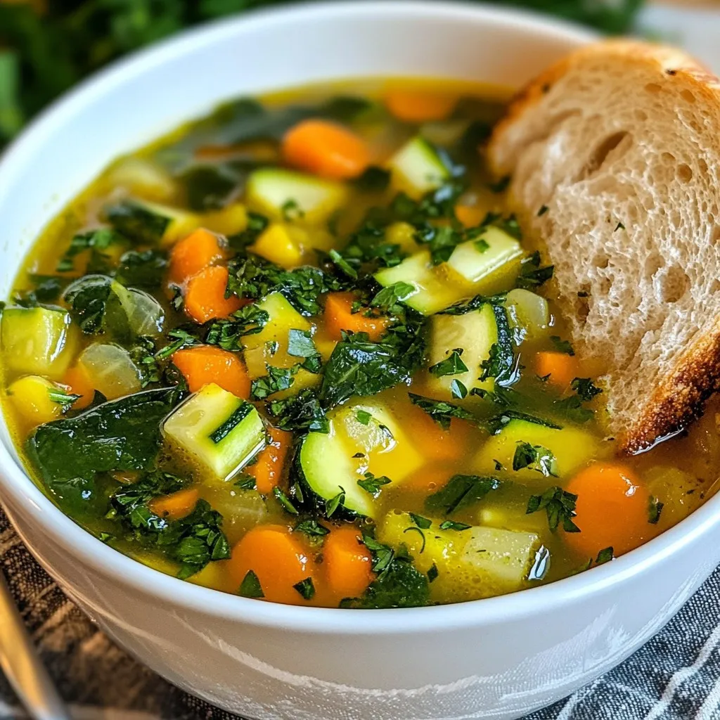 When making Classic Garden Vegetable Soup, you need fresh and flavorful ingredients. Here’s what you’ll need: - 2 tablespoons olive oil - 1 medium onion, chopped - 2 garlic cloves, minced - 2 medium carrots, diced - 2 celery stalks, diced - 1 bell pepper (any color), chopped - 1 medium zucchini, diced - 1 cup green beans, trimmed and cut into 1-inch pieces - 1 cup corn kernels (fresh or frozen) - 4 cups vegetable broth - 1 can (14 oz) diced tomatoes with juices - 1 teaspoon dried thyme - 1 teaspoon dried basil - Salt and pepper to taste - 2 cups fresh spinach or kale - Juice of 1 lemon (for brightness) The olive oil adds a rich base for flavor. The onion and garlic create a lovely aroma. Fresh vegetables bring color and nutrients. Vegetable broth and tomatoes provide depth and body to the soup. Dried herbs like thyme and basil add that classic taste. Finally, a splash of lemon juice brightens the whole dish. Gathering these ingredients makes cooking a delightful experience. You can mix and match veggies based on what you love or have on hand. Enjoy the process of chopping and prepping! Each ingredient plays a role in creating a vibrant, hearty soup. {{ingredient_image_1}} 1. Sauté the aromatics Start by heating the olive oil in a large pot over medium heat. Add the chopped onion and cook for about 3 to 4 minutes. The onion should become soft and clear. Next, add the minced garlic and stir it in for one minute. Be careful not to let the garlic burn, as it can change the soup's taste. 2. Add the vegetables Stir in the diced carrots, celery, and bell pepper. Cook these for about 5 minutes. You want them to soften a bit but still hold their shape. After this, add the zucchini and green beans to the mix. Cook for another 3 minutes to let their flavors blend. 3. Combine broth and seasonings Pour in the vegetable broth and the can of diced tomatoes with their juices. Stir the mixture well to combine all the ingredients. Now, sprinkle in the dried thyme, dried basil, salt, and pepper. This step adds depth to the soup's flavor. Bring the soup to a gentle boil. 4. Simmering the soup Once boiling, lower the heat and let the soup simmer for about 15 to 20 minutes. This allows the vegetables to become tender. When the time is up, stir in the corn and fresh spinach (or kale). Simmer for another 2 to 3 minutes until the greens are wilted. Finally, squeeze in the fresh lemon juice for a burst of brightness in flavor. Adjust the seasoning as needed, and your soup is ready to enjoy! To make your soup great, even cooking matters. Cut all your veggies to the same size. This helps them cook at the same rate. For example, dice your carrots and zucchini evenly. To boost flavor, use fresh herbs. Dried thyme and basil work well in this soup. Add them early in the cooking process. This gives the herbs time to release their flavors. Also, a squeeze of lemon juice brightens the taste just before serving. Avoid mushy vegetables by not overcooking them. Keep an eye on the simmering time. You want your veggies tender but not falling apart. Aim for about 15 to 20 minutes of simmering. This keeps your soup vibrant and fresh. Remember to taste as you cook. Adjust salt and pepper to your liking. This ensures your soup is just right for you. Let these tips guide you to a delicious garden vegetable soup. Pro Tips Chop Uniformly: Ensure all vegetables are cut to similar sizes for even cooking and a consistent texture in your soup. Fresh Herbs Boost Flavor: Adding fresh herbs at the end of cooking enhances the aroma and flavor profile of the soup. Customize Your Veggies: Feel free to swap in your favorite seasonal vegetables to keep the soup fresh and exciting throughout the year. Make It Heartier: For a more filling soup, consider adding diced potatoes or cooked grains like quinoa or barley. {{image_2}} You can change this soup in many fun ways. Use what you have on hand. * Different vegetable options: You can swap out carrots for sweet potatoes. Try adding peas or mushrooms. Bell peppers can be any color. Each choice gives a new taste. * Protein additions: If you want more protein, add beans or lentils. Chickpeas work well too. They make the soup heartier and more filling. * Herb variations: You can replace dried thyme and basil with fresh herbs. Fresh parsley or cilantro add a nice touch. For a spicy kick, try some red pepper flakes. This soup is so flexible. You can make it your own. Enjoy the process and taste the flavors! Storing your classic garden vegetable soup is easy. First, let the soup cool down. Then, pour it into airtight containers. This keeps flavors fresh. For refrigeration, place the soup in the fridge. It will stay good for about 3 to 4 days. When you want to eat it, just heat it on the stove or in the microwave. If you want to keep it longer, freeze it. Use freezer-safe containers or bags. The soup can last for up to 3 months in the freezer. When you're ready to enjoy it, thaw it overnight in the fridge. For reheating, warm the soup on low heat on the stove. Stir it often. If it seems thick, add a bit of water or broth. You can also microwave it. Just make sure to cover it to avoid spills. Enjoy your delicious soup anytime! How can I make this soup vegan? To make this soup vegan, simply use vegetable broth. Make sure the broth is free from animal products. Also, skip any dairy toppings like cheese or cream. You can add more beans or lentils for protein. This keeps the soup hearty and filling. Can I use frozen vegetables? Yes, you can use frozen vegetables. They are a great option for convenience. Just add them directly to the pot. You may need to adjust the cooking time. Frozen veggies often cook faster than fresh ones. Watch them closely to avoid mushiness. What can I serve with this soup? This soup pairs well with crusty bread. You can also serve it with a simple salad. A light sandwich is another option. These sides will enhance your meal. They provide a nice contrast to the soup’s warm flavors. We explored the key ingredients for a delicious vegetable soup. You learned how to prepare it step by step. I shared tips for cooking and flavoring your soup. We also talked about fun variations and how to store your soup properly. In conclusion, making vegetable soup is simple and satisfying. With fresh ingredients and a few techniques, you can enjoy a healthy meal anytime. Happy cooking!