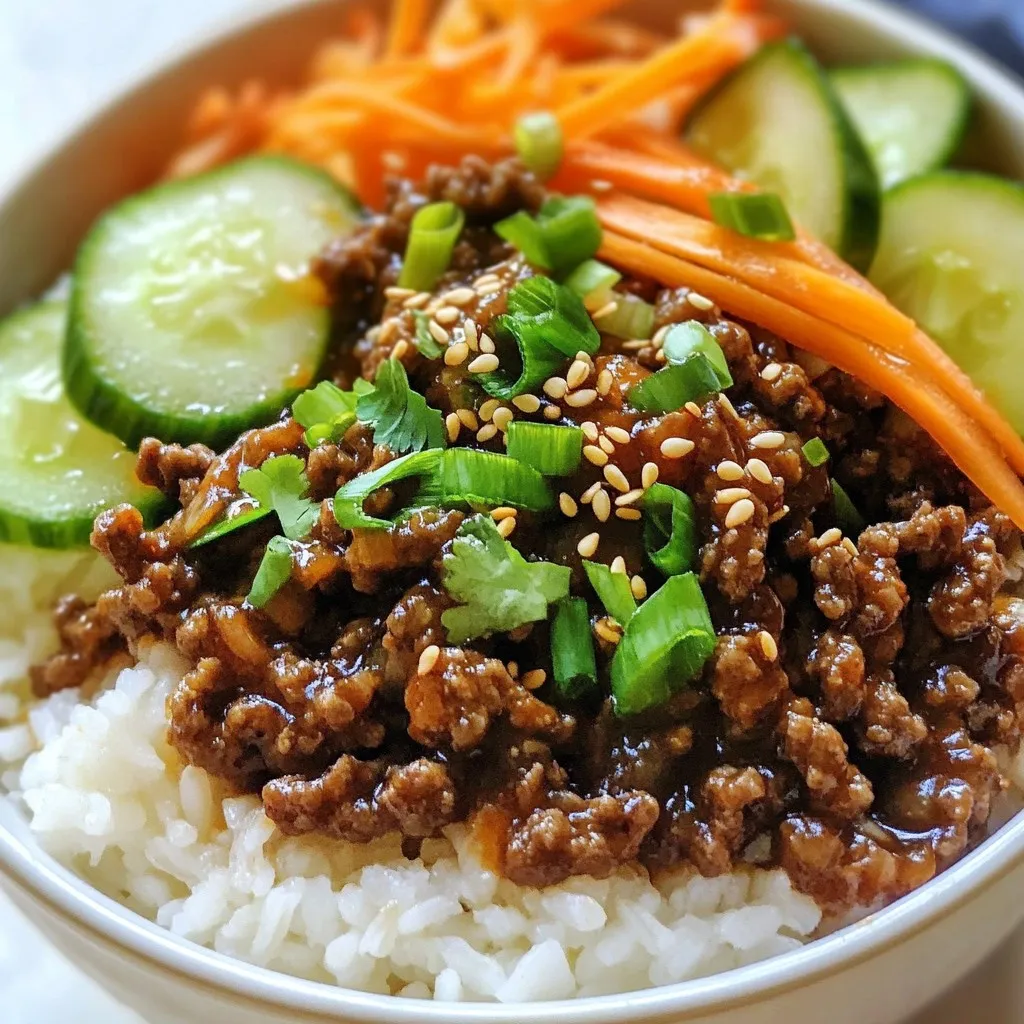 - 1 lb ground beef (or ground turkey) - 4 green onions, sliced - 3 cloves garlic, minced - 2 tablespoons soy sauce - 1 tablespoon sesame oil - 1 tablespoon brown sugar - 1 tablespoon gochujang (Korean chili paste) - 2 cups cooked rice (white or brown) - 1 cup shredded carrots - 1 cup sliced cucumber - Sesame seeds for garnish - Fresh cilantro for garnish (optional) To make Quick Korean Beef Bowls, gather your ingredients first. The ground beef is the star here, but you can swap it for ground turkey if you want. The green onions and garlic add great flavor. You’ll need soy sauce for saltiness and sesame oil for a nutty taste. Brown sugar balances the dish, and gochujang brings heat and depth. Don’t forget the rice; it serves as a base for the bowl. Shredded carrots and sliced cucumbers give freshness and crunch. Lastly, sesame seeds and cilantro add a nice touch on top. Each ingredient plays a key role in making this meal both tasty and colorful. {{ingredient_image_1}} 1. Heat 1 tablespoon of sesame oil in a large skillet over medium heat. This oil gives a nice flavor. 2. Add 3 cloves of minced garlic. Sauté for 30 seconds until it smells good. 3. Now, add 1 pound of ground beef. Use a wooden spoon to break it up. Cook until it turns brown, about 5 to 7 minutes. 1. Drain any extra fat from the skillet. 2. Stir in 2 tablespoons of soy sauce, 1 tablespoon of brown sugar, and 1 tablespoon of gochujang. 3. Mix well. Let the beef simmer for 2 to 3 minutes. This helps the flavors blend together. 1. In a small bowl, mix 1 cup of shredded carrots and 1 cup of sliced cucumber. This adds crunch to your dish. 1. Start with 2 cups of cooked rice as your base. You can use white or brown rice. 2. Top the rice with the savory beef mixture. 3. Add the shredded carrots and cucumber on top. 4. Garnish with sliced green onions, a sprinkle of sesame seeds, and fresh cilantro if you like. Serve right away for a fresh meal. Choosing the right ground meat You can use ground beef or ground turkey for this dish. I prefer ground beef for its rich flavor. Ground turkey is a leaner choice. It works well too, especially if you want a lighter meal. Adjusting spice level with gochujang Gochujang gives the beef a nice kick. If you like it spicy, add more gochujang. Start with one tablespoon and taste. You can add more if you want extra heat. If you prefer mild flavors, use less. You can also mix in a little honey to balance the heat. Arranging the veggies artfully When serving, make your bowl pretty. Place the cooked rice at the bottom. Add the beef mixture on top. Then, layer the shredded carrots and sliced cucumber on the beef. This creates a colorful look that makes the dish pop. Serving suggestions for enhanced presentation Use individual bowls for each serving. Garnish with sliced green onions and sesame seeds. If you want, add fresh cilantro for a burst of color and flavor. This makes the dish feel special and inviting. Pro Tips Choose the Right Meat: Using ground beef gives a richer flavor, but ground turkey is a leaner option if you're looking for a healthier alternative. Customize the Spice Level: Adjust the amount of gochujang to suit your taste. For a milder dish, start with less and add more as needed. Fresh Ingredients Matter: Opt for fresh green onions and crisp vegetables for the best texture and flavor in your bowls. Meal Prep Friendly: This dish is great for meal prep! Cook a larger batch and store in the fridge for quick lunches throughout the week. {{image_2}} You can change up the protein in your Korean beef bowls. Ground turkey or chicken works well. They give a lighter taste but keep that savory flavor. If you want a vegetarian option, use tofu or mushrooms. Tofu absorbs flavors nicely and adds protein. Mushrooms bring a meaty texture and a rich taste. Just cook them the same way as beef, adjusting the cooking time as needed. Get creative with the veggies! You can add bell peppers, snap peas, or broccoli. These add crunch and color. Seasonal veggies like zucchini or asparagus can also freshen the dish. You can even toss in some spinach for extra nutrients. Try to mix and match based on what's fresh at the market. This keeps your meal exciting and healthy! To store leftovers, wait until the beef bowls cool down. Place them in airtight containers. Make sure to divide the beef and veggies from the rice if possible. This keeps everything fresh. You can store them in the fridge for up to three days. For recommended storage containers, use glass or plastic with tight lids. They help keep flavors locked in. Label the containers with the date. This way, you know when to eat them. For best practices in freezing beef bowls, let them cool completely first. Place the beef and rice in separate freezer bags. Press out as much air as you can before sealing. This prevents freezer burn and keeps flavors fresh. When you are ready to eat, thaw the beef bowls in the fridge overnight. For reheating, you can use the microwave or a skillet. If using a skillet, add a splash of water to keep it moist. Heat until hot, stirring often. Enjoy your quick meal just like fresh! If you can't find gochujang, you have options. You can use sriracha or chili paste. Mix in a bit of sugar to mimic the sweet notes of gochujang. Another option is red pepper flakes mixed with soy sauce. These won't match exactly, but they will still add flavor and heat. Yes, you can easily make this dish gluten-free. Look for gluten-free soy sauce or tamari. Both work well in this recipe. Make sure to check all other ingredients for gluten content. Most veggies and sesame oil are naturally gluten-free. To kick up the heat, add more gochujang. You can also sprinkle in some red pepper flakes. For an extra spicy finish, try sliced jalapeños or serrano peppers. Top your bowl with spicy kimchi for more flavor and heat. This blog post explored a delicious ground beef bowl recipe. We covered key ingredients, cooking steps, and tips for perfecting the dish. You learned about various proteins and extra veggies for variety. Plus, I shared storage tips to keep leftovers fresh. Incorporate these ideas to make a tasty meal that fits your needs. Enjoy your cooking and feel free to experiment! You’ll find new favorites with each try.