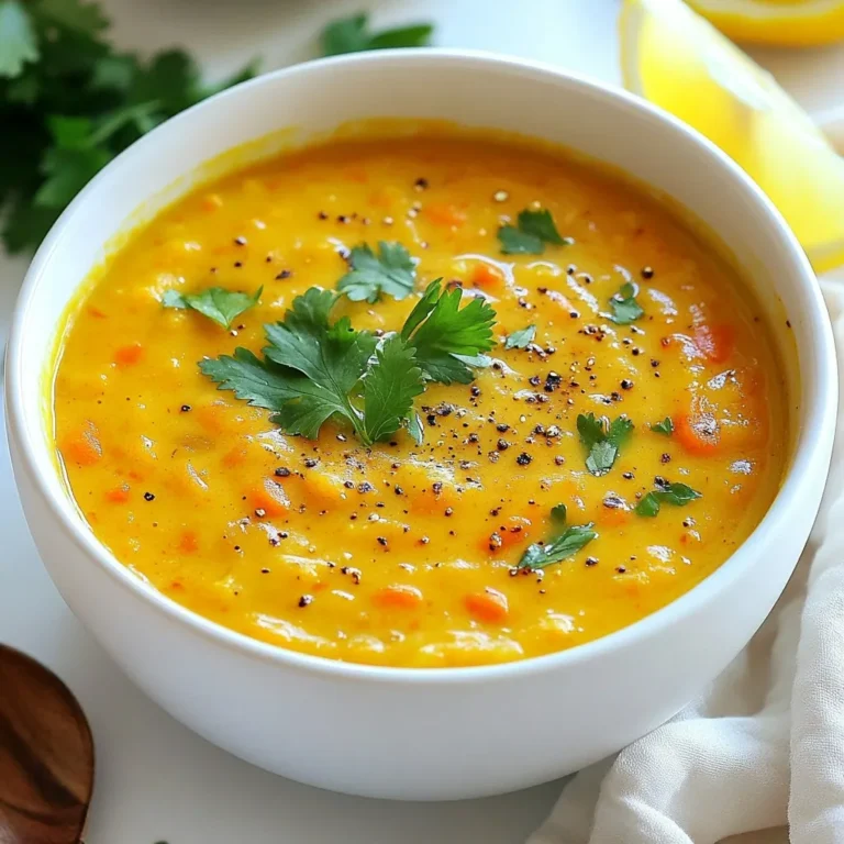 - 1 cup red lentils, rinsed - 3 large carrots, chopped - 1 medium onion, diced - 2 cloves garlic, minced - 1 teaspoon ground cumin - 1 teaspoon turmeric powder - 4 cups vegetable broth - 1 can (14 oz) coconut milk - 2 tablespoons olive oil - Salt and pepper to taste - Fresh cilantro for garnish (optional) - Lemon wedges for serving For this creamy carrot lentil soup, I love using fresh, vibrant ingredients. Red lentils are my go-to because they cook quickly and add a nice texture. The carrots bring sweetness, while the onion and garlic add depth to the flavor. I always keep ground cumin and turmeric in my pantry. They give the soup a warm, earthy taste. The vegetable broth is key, as it builds a rich base. Using coconut milk makes the soup creamy and adds a hint of sweetness. I suggest using good-quality olive oil. It enhances the overall taste. Finally, don’t skip the salt and pepper. These simple seasonings help bring all the flavors together. For serving, I love to add fresh cilantro for a pop of color and flavor. A lemon wedge on the side brightens up each bite. Gather all these ingredients before you start. It makes the cooking process smooth and fun! {{ingredient_image_1}} - Heat 2 tablespoons of olive oil in a large pot over medium heat. - Add 1 medium onion, diced, and sauté until translucent, about 5 minutes. - Stir in 2 cloves of minced garlic, 1 teaspoon of ground cumin, and 1 teaspoon of turmeric powder. Cook for about 1 minute until fragrant. - Now, add 3 large carrots, chopped, and 1 cup of rinsed red lentils to the pot, stirring to combine all ingredients. - Pour in 4 cups of vegetable broth and bring the mixture to a boil. - Reduce the heat to a simmer and cook uncovered for about 20 minutes. The lentils and carrots should be tender when done. - Use an immersion blender to puree the soup until smooth. If you lack an immersion blender, carefully transfer the soup in batches to a regular blender. - Return the blended soup to the pot and stir in 1 can (14 oz) of coconut milk. - Season with salt and pepper to taste, then heat through on low for about 5 minutes. - Serve hot, garnished with fresh cilantro and a lemon wedge on the side for a refreshing twist. - Use fresh ingredients for best flavor. Fresh carrots and lentils make a big difference. - Adjust seasoning to fit your taste. Add more salt or pepper as you like. - Use an immersion blender for convenience. It makes blending easy and quick. - Pair with crusty bread or a fresh salad. This adds a nice crunch and balance. - Best served hot with a lemon wedge. The lemon gives a bright burst of flavor. - This soup is low in calories and high in protein. One serving has about 200 calories. - It is rich in fiber due to lentils. Lentils help with digestion and keep you full. - Carrots bring vitamins and minerals. They are great for your vision and skin. Pro Tips Use Fresh Ingredients: Fresh carrots and spices will enhance the flavor of your soup, making it more vibrant and delicious. Adjust Consistency: If you prefer a thicker soup, blend less; for a creamier texture, blend more. You can also add more broth or coconut milk as needed. Spice it Up: Feel free to add more spices like paprika or cayenne to give the soup an extra kick if you enjoy spicy flavors. Make it Ahead: This soup stores well in the refrigerator for up to a week, and the flavors deepen over time, making it perfect for meal prep. {{image_2}} You can make this soup your own with simple swaps. - For a lighter taste, use vegetable broth or chicken broth. - If you want a different flavor, substitute coconut milk with almond or soy milk. These changes can add new layers of taste. Feel free to mix and match based on what you have at home. Adding extra ingredients can boost nutrition and flavor. - Toss in some spinach or kale for a healthy twist. - Try different spices like ginger or paprika to create a unique taste. These add-ins not only enhance the soup but also make it more colorful and appealing. How you serve the soup can make a big difference. - Garnish with crunchy pumpkin seeds or a dollop of yogurt for added texture. - For a fun twist, serve your soup in a bread bowl. This not only looks great but also adds a delightful flavor to each spoonful. Enjoy exploring these variations! To store leftovers in the fridge, let the soup cool first. Pour it into a clean container. Make sure to seal it tightly. This keeps the soup fresh. You can store it for about 3 to 5 days in the fridge. If you want to save some for later, freezing works great. Use freezer-safe containers or bags. Leave some space at the top for expansion. This soup can last up to 3 months in the freezer. When you're ready to eat, thaw it overnight in the fridge. To reheat, warm it on the stove over low heat. Stir regularly to keep it smooth. For best results, use airtight containers. Glass or plastic containers work well. Avoid reheating the soup multiple times. This can change the flavor and texture. Just take out what you need for each meal. Enjoy your creamy carrot lentil soup fresh every time! Can I make this soup ahead of time? Yes, you can make this soup ahead of time. It tastes even better the next day. Store it in the fridge for up to four days. Just reheat it gently on the stove when you are ready to enjoy it. Is this soup vegan-friendly? Absolutely! This creamy carrot lentil soup is vegan. It uses coconut milk for creaminess and has no animal products. Enjoy it without worry about dietary restrictions. What can I serve with creamy carrot lentil soup? You can serve this soup with crusty bread for dipping. A fresh salad pairs well, too. For a fun twist, try it in a bread bowl! What to do if the soup is too thick? If your soup is too thick, add more vegetable broth or water. Stir it well and heat it through. This will help reach your desired consistency. How to enhance the flavor if it tastes bland? To boost flavor, add more salt or pepper. A squeeze of lemon juice also brightens the taste. Fresh herbs like cilantro can add depth, too. Essential kitchen tools needed You will need a large pot to cook the soup. An immersion blender is great for pureeing the soup. A cutting board and knife help with chopping veggies. Recommended brands for immersion blenders or cooking pots For immersion blenders, brands like Breville and Cuisinart work well. I recommend sturdy pots like those from Le Creuset or All-Clad for even cooking. In this blog post, we explored how to make creamy carrot lentil soup. We covered the simple ingredients needed and shared step-by-step cooking instructions. You now have tips for flavor and serving options, plus storage info. Remember, using fresh ingredients makes a big difference. Feel free to tweak the recipe to your taste. This soup is not only tasty but packed with nutrition. I hope you enjoy making it as much as I do!