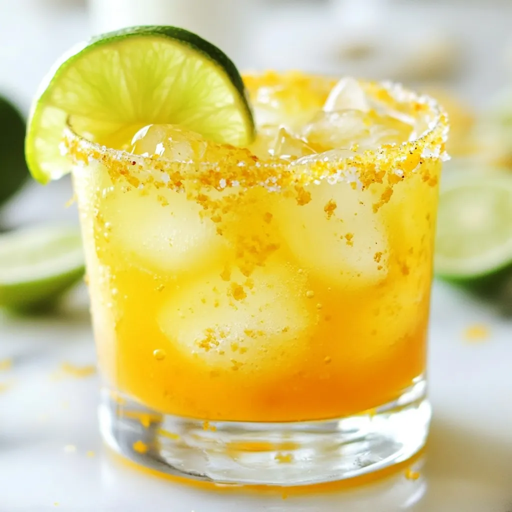 - 1 cup fresh lime juice - 1/2 cup orange juice - 1/2 cup agave syrup - 1 teaspoon ground cinnamon - 1/2 teaspoon ground nutmeg - 1/2 teaspoon ground ginger - 1/4 teaspoon cayenne pepper (adjust to taste) - Sea salt (optional) - Lime wedges (for garnish) - Ice cubes These ingredients make the spiced holiday margarita a true delight. First, the fresh lime juice gives it a tartness that brightens the drink. The orange juice adds a sweet touch that balances the flavors well. Next, agave syrup brings in extra sweetness, making every sip smooth. The spices—cinnamon, nutmeg, ginger, and cayenne—create a warm, festive vibe. They add depth and a bit of kick. If you like a salty contrast, consider rimming your glass with sea salt. This adds a nice touch to every sip. Lime wedges are perfect for garnish. They make the drink look pretty and add a little extra lime zing. Lastly, don’t forget the ice cubes! They keep your drink cool and refreshing. With these ingredients, your spiced holiday margarita will surely impress. {{ingredient_image_1}} - To rim your glass with sea salt, take a lime wedge. Run it around the edge of the glass. - Next, dip the rim into a plate of sea salt. Set the glass aside for later. - In a large pitcher, combine 1 cup of fresh lime juice. - Add 1/2 cup of orange juice and 1/2 cup of agave syrup. - Stir the mixture until it blends well together. - Add 1 teaspoon of ground cinnamon to the juice mix. - Next, mix in 1/2 teaspoon each of ground nutmeg and ground ginger. - Finally, add 1/4 teaspoon of cayenne pepper. Make sure all spices are well mixed. - Fill each prepared glass with ice cubes. - Pour the spiced juice mixture over the ice. Leave some space at the top. - Garnish each glass with a lime wedge on the rim. To change the heat of your drink, you can modify the cayenne pepper. Start with a small amount, like a pinch. If you want more heat, slowly add more until it suits your taste. You can also balance the heat with more sweet ingredients. Adding extra spices can also boost flavor. Consider using allspice or cloves for a warm twist. For serving your Spiced Holiday Margarita, I recommend using rocks glasses. Their sturdy shape is perfect for cocktails with ice. If you want to impress guests, use festive glasses or colored ones. You can make your drink look special by adding a lime wedge to the rim. It gives a beautiful touch and adds color. Both shaking and stirring have their pros. Shaking mixes the drink well and creates a frothy texture. It also chills the drink faster. Stirring keeps the flavors gentle and smooth. For this margarita, shaking might enhance the fruity mix. Try both methods to see which one you prefer! Pro Tips Fresh Juice is Best: For the most vibrant flavor, always use freshly squeezed lime and orange juice instead of bottled alternatives. Spice Adjustment: Feel free to adjust the spices to your taste; if you prefer a milder drink, reduce the cayenne pepper. Chill Before Serving: Chill your glasses in the freezer before serving for an extra refreshing touch. Garnish with Flair: Experiment with other garnishes like cinnamon sticks or fresh herbs like mint for an added holiday flair. {{image_2}} You can change the flavor of your Spiced Holiday Margarita using different fruits. Try using grapefruit juice instead of lime. It gives a nice twist. Lemon juice is another good choice. It brightens the drink with a fresh taste. You can also add seasonal fruits like cranberries. Just muddle them in the glass. This adds a sweet and tart flavor that fits the season. For a fun twist, you can swap out agave syrup for flavored liquors. Vanilla or orange liqueur adds depth to your drink. You can also experiment with different types of tequila. A reposado tequila offers a richer taste. It pairs well with the spices in the drink. If you like a smoother option, try silver tequila. Each type gives a unique flavor profile. Want a family-friendly drink? You can easily create a mocktail version. Just skip the tequila and use sparkling water instead. This gives a nice fizz that kids will love. You can also adjust the sweetness by using less agave syrup. Add extra lime juice for a refreshing taste. This way, everyone can enjoy the fun of a Spiced Holiday Margarita! To keep your spiced holiday margarita fresh, store it in the fridge. Use an airtight container or a pitcher with a lid. This will help keep the flavors bright. You can keep it for up to three days. After that, the taste may fade. You can make the spiced juice mixture ahead of time. Mix the lime juice, orange juice, agave syrup, and spices in a pitcher. Cover it and place it in the fridge. When you are ready to serve, just add ice and pour. This saves time and keeps your drink cool for guests. The best tequila for a margarita is a good quality blanco tequila. It has a fresh taste that mixes well with lime and orange juice. Look for brands like Patron, Espolon, or Don Julio. These tequilas provide a smooth finish. They enhance the drink's flavor without overpowering it. Yes, you can make a large batch of spiced holiday margaritas! Just multiply the ingredients by the number of servings you need. Mix everything in a large pitcher or bowl. You can prepare it ahead of time and store it in the fridge. Just remember to add ice right before serving to keep it cold! If you need a substitute for agave syrup, try honey or maple syrup. Both work well and add a unique taste. You can also use simple syrup made from sugar and water. Adjust the amount to fit your taste. Each option will give your margarita a different flavor twist. To make your margarita less sweet, reduce the amount of agave syrup. You can also add more lime juice for a tart flavor. Another option is to use a splash of soda water to lighten it up. Taste your drink as you mix it. Adjust until it’s just right for you. Lime wedges are a classic garnish for your spiced holiday margarita. You can also use orange slices for a colorful touch. Consider adding a cinnamon stick for a festive look. A sprig of fresh mint can add a nice aroma too. Each garnish enhances your drink's presentation and flavor. In this blog post, we explored how to craft a delicious spiced margarita. You learned about the key ingredients, like fresh lime juice and spices. I shared easy steps for mixing your drink and tips for serving it perfectly. Remember to adjust spice levels to suit your taste. You can even customize with different fruits or alcohol. Enjoy making this tasty drink, whether for a party or a quiet night in. With practice, you’ll impress everyone with your mixology skills. Cheers to savory sips!