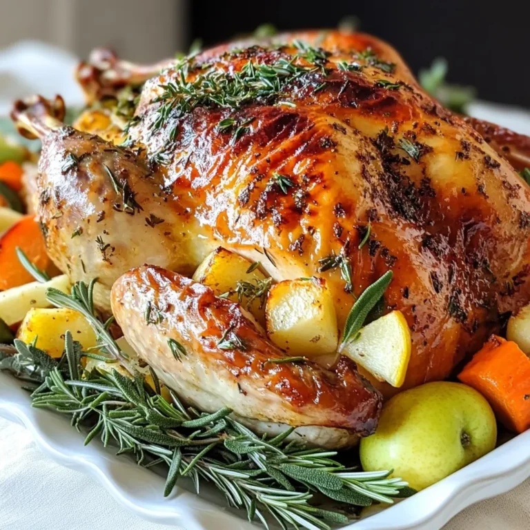 - 1 whole turkey (12-14 pounds), thawed - 1/2 cup unsalted butter, softened - 1 tablespoon olive oil - 4 cups low-sodium chicken broth - 1 large onion, quartered - 2 carrots, chopped - 2 celery stalks, chopped - 1 lemon, halved - 1 apple, cored and quartered - 2 tablespoons fresh sage, chopped - 2 tablespoons fresh thyme, chopped - 2 tablespoons fresh rosemary, chopped - 1 tablespoon garlic powder - 1 tablespoon onion powder - Salt and pepper to taste - 1 large onion, quartered - 2 carrots, chopped - 2 celery stalks, chopped - 1 lemon, halved - 1 apple, cored and quartered The main ingredients are the backbone of your classic roast turkey. The turkey itself should weigh between 12 to 14 pounds. For a tender and rich flavor, we use unsalted butter and olive oil. The broth keeps the turkey moist while it cooks. Herbs and seasonings add depth to your dish. Fresh sage, thyme, and rosemary give the turkey a lovely aroma. Garlic powder and onion powder enhance the flavor, while salt and pepper round it out. For stuffing, we add onion, carrots, and celery. They add moisture during cooking. The lemon offers a bright flavor, while the apple adds a hint of sweetness. These ingredients make your turkey not only tasty but also a joy to carve and serve. {{ingredient_image_1}} First, you need to prep the turkey. Take the thawed turkey from its packaging. Remove the giblets from the inside. These are often in a bag. Pat the turkey dry with paper towels. You want it dry both inside and out. This helps the skin crisp up nicely. Next, let's make the herb butter. In a medium bowl, add 1/2 cup of softened butter. Pour in 1 tablespoon of olive oil. Then, add 2 tablespoons each of chopped sage, thyme, and rosemary. Also, mix in 1 tablespoon of garlic powder and 1 tablespoon of onion powder. Stir it all until combined. This mix will give your turkey loads of flavor. Now, it’s time to roast the turkey. Preheat your oven to 325°F (165°C). Gently loosen the skin of the turkey breast with your fingers. Spread half of the herb butter under this skin. Use the other half to coat the outside well. Now, season it with salt and pepper. Stuff the cavity with quartered onion, chopped carrots, chopped celery, halved lemon, and quartered apple. These will add moisture and flavor. Place the turkey on a roasting rack in a large pan. Pour 4 cups of low-sodium chicken broth into the bottom of the pan. Cover the turkey loosely with aluminum foil. Roast it in the oven for about 13-15 minutes per pound. Baste it every 45 minutes. After 2-2.5 hours, remove the foil. Roast until the breast reaches 165°F (75°C). This takes about 30-60 minutes longer. Once the turkey is done, take it out of the oven. Let it rest for at least 30 minutes. This helps the juices settle. Finally, carve the turkey and enjoy! To keep your turkey moist, start by patting it dry. This helps the skin crisp up. Next, use the herb butter mix under the skin. This adds flavor and moisture right where you need it. Stuffing the turkey with onion, carrots, celery, lemon, and apple also helps. These ingredients release moisture as they cook. Lastly, let the turkey rest after cooking. This step allows the juices to spread throughout the meat. Cooking time matters for a perfect turkey. Plan for 13 to 15 minutes per pound. For instance, a 12-pound turkey needs around 2.5 to 3 hours. Use a meat thermometer to check the thickest part of the breast. It should reach 165°F (75°C). This ensures your turkey is safe to eat and not dry. Basting keeps your turkey juicy. Every 45 minutes, spoon some pan juices over the turkey. This adds moisture to the skin and meat. Basting also helps develop a nice golden color on the outside. If you cover the turkey with foil, remove it in the last hour. This allows the skin to crisp up while keeping the meat moist. Pro Tips Resting is Key: Allow the turkey to rest for at least 30 minutes after roasting. This helps the juices redistribute, ensuring a moist and flavorful bird. Use a Thermometer: Invest in a meat thermometer to check the turkey's internal temperature. The thickest part of the breast should reach 165°F (75°C) for safe consumption. Basting for Flavor: Baste the turkey every 45 minutes with the pan juices. This adds moisture and enhances the flavor, resulting in a beautifully golden skin. Experiment with Herbs: Feel free to mix and match herbs according to your taste. Fresh herbs like parsley, oregano, or even a hint of sage can elevate the flavor profile of your turkey. {{image_2}} Brining a turkey makes it juicy and tasty. You soak it in a salty water mix. This mix can have spices and herbs. A brined turkey holds more moisture. Non-brined turkey can still be great, but it may dry out. If you choose to brine, do it for at least 12 hours. Use water, salt, and your favorite herbs for a great mix. You can change the herb butter to fit your taste. Instead of sage, thyme, or rosemary, try basil or parsley. You can even add lemon zest for a pop of flavor. Mix in crushed red pepper for some heat. The butter makes the skin crispy and adds flavor. Feel free to be creative. Each mix can give your turkey a new twist. Stuffing is a big part of the turkey meal. You can use bread, rice, or quinoa. For a twist, try a fruit stuffing with apples or cranberries. Nuts like walnuts or pecans can add crunch. Vegetables like mushrooms or bell peppers can also work well. Each stuffing choice changes the flavor of the turkey. Think about what you and your guests will enjoy. After your meal, store leftover turkey in a safe way. First, let the turkey cool to room temperature. Then, carve the turkey into pieces. Place the pieces in an airtight container. Make sure to add some of the pan juices to keep it moist. Store the turkey in the fridge. Use it within three to four days for the best taste. When it's time to enjoy those leftovers, reheat the turkey carefully. Preheat your oven to 325°F (165°C). Place the turkey pieces in an oven-safe dish. Add a splash of chicken broth or water to keep it juicy. Cover the dish with foil. Heat for about 20-30 minutes, or until the turkey is warm. This method helps keep the turkey delicious and not dry. If you have more turkey than you can eat, freezing is a great option. Wrap the turkey pieces tightly in plastic wrap. Then, place them in a freezer-safe bag or container. Label the bag with the date. You can freeze turkey for up to three months. When ready to eat, thaw it overnight in the fridge before reheating. You should cook a turkey for 13 to 15 minutes per pound. For example, a 12-pound turkey needs about 2.5 to 3 hours. Timing can change based on your oven and turkey size, so check often. A meat thermometer helps ensure safety. Always aim for 165°F in the thickest part of the breast. Your turkey is done when it reaches 165°F in the thickest part. This ensures it is safe to eat. Use a meat thermometer to check the temperature. Insert it into the breast without touching the bone. Let the turkey rest for at least 30 minutes before carving for the best flavor. Yes, you can use many herbs for the herb butter. Try parsley, dill, or oregano for a different flavor. Fresh or dried herbs work well. Mix your chosen herbs with butter and seasonings. This change can make your turkey taste unique and tasty! This guide shows how to prepare a delicious turkey dish. We covered key ingredients, step-by-step cooking methods, and tips to ensure a juicy turkey. You can explore variations to meet your taste and learn how to store leftovers properly. Use the FAQs for quick answers to common questions. I hope these insights help you create a perfect turkey meal. Enjoy the cooking process and the feast ahead!