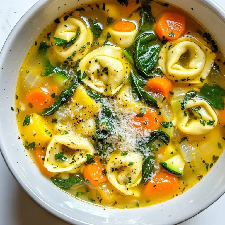 To make my savory vegetarian tortellini soup, gather the following ingredients: - 2 tablespoons olive oil - 1 medium onion, diced - 2 cloves garlic, minced - 2 carrots, diced - 2 celery stalks, diced - 1 zucchini, diced - 1 bell pepper (red or yellow), diced - 6 cups vegetable broth - 1 can (14.5 oz) diced tomatoes, undrained - 1 teaspoon dried Italian herbs (oregano, basil, thyme) - 1 package (9 oz) fresh cheese tortellini - 2 cups fresh spinach - Salt and pepper to taste - Grated Parmesan cheese for serving (optional) To elevate your soup, consider these tasty garnishes and add-ins: - Fresh basil leaves for a fragrant touch - Crushed red pepper flakes for heat - A dollop of pesto for richness - A squeeze of lemon juice for brightness This soup is not only delicious but also nutritious. Here’s what you can expect per serving: - Calories: Approximately 250 - Protein: 10 grams - Carbohydrates: 35 grams - Fiber: 5 grams - Fat: 8 grams This soup packs a flavorful punch while keeping it healthy! {{ingredient_image_1}} Start by gathering your ingredients. Chop your onion, carrots, celery, zucchini, and bell pepper. Mince the garlic too. In a large pot, heat 2 tablespoons of olive oil over medium heat. Add the diced onion. Sauté the onion for about 3-4 minutes until it turns clear. This step builds flavor in your soup. Next, stir in the minced garlic, diced carrots, and diced celery. Cook this mix for about 5 minutes. It should smell great! Now, add the zucchini and bell pepper into the pot. Cook them for another 5 minutes. You want them to soften a bit. After that, pour in 6 cups of vegetable broth. Add 1 can of diced tomatoes, including the juices. This makes the soup hearty. Stir in 1 teaspoon of dried Italian herbs for taste. Bring the mixture to a boil. Once it's boiling, lower the heat and let it simmer for 10 minutes. This helps the veggies get tender. Add your fresh cheese tortellini to the pot. Cook it for 3-5 minutes, following the package instructions. As the tortellini cooks, stir in 2 cups of fresh spinach. It will wilt quickly in the heat, which is perfect. Finally, taste your soup and add salt and pepper as needed. If you want, you can sprinkle some grated Parmesan cheese on top before serving. Enjoy your warm, savory bowl of vegetarian tortellini soup! To make your soup burst with flavor, use fresh herbs. Fresh basil or parsley adds brightness. I also love a squeeze of lemon juice at the end. It adds a nice zing. You can also sauté the garlic until golden. This gives the soup a deeper taste. If you want warmth, add red pepper flakes. It gives a nice kick without being too hot. Always chop your veggies into even pieces. This helps them cook at the same rate. Start by sautéing the onion in olive oil. It builds a strong base. Stir often to prevent burning. After adding the broth, let it boil. This helps blend the flavors. Reduce the heat to simmer once it boils. This keeps your veggies tender but not mushy. One common mistake is overcooking the tortellini. Follow package instructions closely. If you cook them too long, they become mushy. Another mistake is not seasoning enough. Always taste your soup before serving. Adjust salt and pepper to your liking. Lastly, don’t skip the fresh spinach. It adds color and nutrients to your dish. Pro Tips Use Fresh Ingredients: Fresh vegetables not only enhance the flavor but also add vibrant colors to your soup, making it more appealing. Customize Your Veggies: Feel free to substitute or add any seasonal vegetables you have on hand, such as kale or asparagus, for added variety. Perfect Pasta Cooking: To prevent the tortellini from becoming mushy, add them to the soup just before serving and follow the package instructions for cooking time. Garnish for Extra Flavor: A sprinkle of fresh herbs or a drizzle of olive oil before serving can elevate the taste and presentation of your soup. {{image_2}} You can swap out ingredients easily in this soup. If you don't have zucchini, try yellow squash. Don't like carrots? Use sweet potatoes instead. You can also use any type of onion, like red or green. For a heartier soup, add potatoes or corn. If you want to make it gluten-free, choose gluten-free tortellini or pasta. Tortellini comes in many types. You can use cheese tortellini, spinach tortellini, or even meat versions. Each type gives a different flavor to the soup. Cheese tortellini adds creaminess. Spinach tortellini boosts the green taste. Feel free to mix different tortellini types for a fun twist. To make this soup vegan, use plant-based tortellini. There are good brands that offer vegan options. Replace the Parmesan cheese with nutritional yeast for a cheesy flavor. You can also skip the cheese altogether if you prefer. Use water or a vegetable base instead of broth for an even lighter soup. To keep your vegetarian tortellini soup fresh, store it in an airtight container. Allow the soup to cool before sealing it. This helps prevent condensation, which can make it watery. You can keep it in the fridge for up to four days. Make sure to label the container with the date. This way, you’ll know when it’s time to eat it. You can freeze this soup for longer storage. First, let it cool completely. Then, pour it into freezer-safe bags or containers. Leave some space at the top since the soup will expand when frozen. Mark the date on the bags. You can freeze it for up to three months. When you’re ready to eat, just thaw it in the fridge overnight before reheating. To reheat your soup, pour it into a pot over medium heat. Stir it often to ensure it heats evenly. If it’s too thick, add a splash of vegetable broth or water. Heat until it’s hot, usually about 5-10 minutes. You can also use the microwave. Place the soup in a microwave-safe bowl, cover it with a lid, and heat in 1-minute intervals. Stir after each minute until it's warm. Enjoy your soup just like new! Yes, you can use frozen tortellini in this soup. Frozen tortellini cooks well and saves time. Just add them to the boiling soup and cook for about 5-7 minutes. Follow the package instructions for the best results. They will soften and blend nicely with the soup flavors. To spice up your soup, add red pepper flakes or diced jalapeños. Start with a small amount. Taste the soup and add more if you like. You can also use spicy Italian sausage or a splash of hot sauce. These options will give your soup a nice kick! Feel free to get creative with your veggies! You can add chopped kale, green beans, or corn. Peas and mushrooms work well too. Just chop them into small pieces. Add them to the pot when you add the zucchini and bell pepper. This will make your soup even more colorful and nutritious! We covered everything you need to make a delicious vegetarian tortellini soup. You learned about the ingredients, cooking steps, and tips for great flavor. I shared ways to store and reheat your soup. You can also try different variations and substitutions. Remember, cooking should be fun. Don't be afraid to experiment with new ingredients. With these easy steps, you’ll enjoy making this comforting meal again and again. Enjoy your cooking!