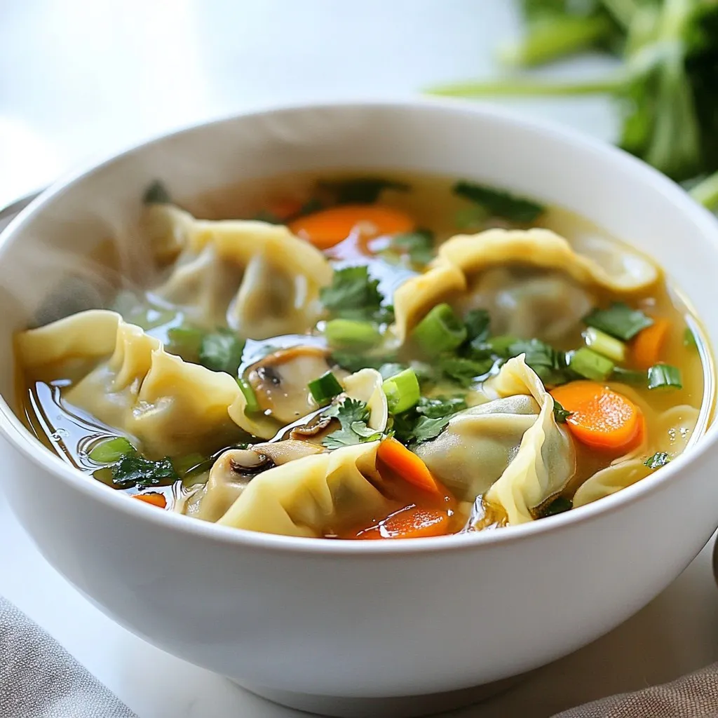 To make Japanese gyoza soup, gather these ingredients: - 20 gyoza (store-bought or homemade) - 4 cups chicken or vegetable broth - 1 cup shiitake mushrooms, sliced - 1 cup bok choy, chopped - 1 small carrot, julienned - 1 small piece ginger, grated - 2 cloves garlic, minced - 2 green onions, chopped - 2 tablespoons soy sauce - 1 tablespoon sesame oil - Salt and pepper to taste - Fresh cilantro, for garnish Choosing the right ingredients makes your soup shine. Here are my top tips: - Gyoza: Fresh gyoza tastes best. If using frozen, check the brand for quality. - Broth: Use low-sodium broth. This keeps flavors balanced and lets you control salt. - Mushrooms: Look for firm, fresh shiitake mushrooms. Avoid any that feel slimy or soft. - Vegetables: Choose vibrant, crisp bok choy and carrots. Fresh produce enhances taste and texture. - Garlic and Ginger: Use fresh garlic and ginger for the best flavor. Dried versions lack that punch. You can easily adapt this recipe for different diets. Here are some ideas: - Vegan: Use vegetable broth and skip the gyoza or use a plant-based version. - Gluten-Free: Choose gluten-free gyoza or make them from rice flour. Check your soy sauce for gluten. - Mushroom-Free: Substitute with zucchini or bell peppers if you dislike mushrooms. - Spicy Kick: Add sliced chili peppers or chili oil for some heat. Adjust to your taste! {{ingredient_image_1}} 1. First, heat 1 tablespoon of sesame oil in a large pot over medium heat. 2. Add 2 cloves of minced garlic and 1 small piece of grated ginger. Sauté for about 1 minute. 3. Next, stir in 1 cup of sliced shiitake mushrooms. Cook for 2-3 minutes until they soften. 4. Pour in 4 cups of chicken or vegetable broth. Bring it to a simmer. 5. Add 2 tablespoons of soy sauce, 1 small carrot (julienned), and 1 cup of chopped bok choy. Cook for about 5 minutes until the veggies are tender. 6. Carefully add 20 gyoza to the pot. Cook them according to the package instructions or for 5-7 minutes if they are fresh. 7. Taste the soup and add salt and pepper to your liking. 8. Once it's all ready, ladle the soup into bowls. Top with chopped green onions and fresh cilantro for garnish. - Make sure to prepare your vegetables before you start cooking. This saves time. - Keep an eye on the gyoza while they cook. You want them heated through but not overcooked. - If you want extra flavor, let the soup simmer a bit longer before adding the gyoza. This helps the broth absorb all the great tastes. While I can't provide images here, you can imagine the colorful veggies and gyoza swimming in a warm broth. Picture the sizzling garlic and ginger as they fill your kitchen with a lovely aroma. When you see the vibrant colors of the bok choy and carrots, you'll know your soup is almost ready. Each step brings you closer to a cozy meal that looks and tastes amazing. To boost the taste of your gyoza soup, use fresh ingredients. Fresh garlic and ginger add a great kick. Sauté them in sesame oil to release their aroma. Add a splash of soy sauce for depth. You can also sprinkle some chili flakes for heat. A splash of rice vinegar at the end brightens the soup. Fresh herbs like cilantro or basil give a nice finish. One big mistake is overcooking the gyoza. Keep an eye on them to ensure they stay tender. Another mistake is not tasting the broth. Always taste and adjust the salt and pepper. Using stale or low-quality broth can dull the soup's flavor. Lastly, don’t skip the fresh herbs. They add color and brightness. To cook gyoza perfectly, follow the package instructions if you use store-bought. If making them fresh, boil them for about 5-7 minutes. You want them cooked through but not mushy. For a crispy touch, pan-fry them first before adding to the soup. This gives a lovely texture contrast. Always ensure your cooking water is well-salted for the best flavor. Pro Tips Use Fresh Ingredients: For the best flavor, opt for fresh vegetables and high-quality broth. Gyoza Cooking Time: If using frozen gyoza, make sure to increase the cooking time by a few minutes. Customize Your Broth: Add additional spices or herbs to the broth for a personalized taste. Serving Suggestions: This soup pairs well with a side of steamed rice or a light salad. {{image_2}} You can easily make this soup vegetarian or vegan. Use vegetable broth instead of chicken broth. Choose gyoza that are filled with vegetables. You can find these at many stores. For a tasty filling, use mushrooms, tofu, and cabbage. This mix keeps the soup hearty and delicious. To make the soup gluten-free, pick gluten-free gyoza. Many brands offer this option. Use tamari instead of soy sauce to keep the flavor strong. Also, check the broth label to ensure it is gluten-free. With these swaps, you can enjoy the soup without worry. In Japan, gyoza soup varies by region. For instance, in Osaka, they add a spicy sauce to the broth. In Nagoya, people might use miso for a richer flavor. Each region has its own twist, making gyoza soup a fun dish to explore. You can try different ingredients to find your favorite style. To keep your leftover gyoza soup fresh, store it in an airtight container. Let the soup cool down to room temperature before sealing. Place the container in the fridge. It will stay good for up to three days. When you're ready to enjoy the soup again, pour it into a pot. Heat it on the stove over medium heat. Stir gently until it is hot. You can also use a microwave. Place the soup in a microwave-safe bowl and heat in short bursts. Stir between intervals until hot. To freeze gyoza soup, let it cool completely. Pour it into freezer-safe bags or containers. Make sure to remove as much air as possible. Label the bags with the date. The soup can freeze well for up to three months. When you are ready to eat it, thaw it in the fridge overnight before reheating. You can use store-bought or homemade gyoza. Store-bought is quick and easy. Look for quality brands that use fresh ingredients. If you make your own, you can customize the filling. Pork, chicken, or vegetable fillings all work well. Yes, making gyoza from scratch is fun! Start with dough made from flour and water. Roll it thin, then cut out circles. Fill each circle with your choice of filling. Fold and seal them tightly. This way, you get fresh, tasty gyoza. Gyoza Soup lasts about three days in the fridge. Store it in an airtight container to keep it fresh. If you notice any off smells or colors, it's best to toss it. Always check for quality before eating leftovers. Absolutely! You can add any veggies you like. Spinach, bell peppers, or snow peas add great color and flavor. Just remember to adjust cooking time. Softer veggies need less time, while firmer ones need a bit longer. Gyoza comes from Chinese dumplings but became popular in Japan after World War II. Japanese gyoza has a thinner skin and more garlic in the filling. It is often served with a dipping sauce. This dish reflects the blend of cultures in Japanese food. In this post, we explored how to make delicious Japanese Gyoza Soup. We covered key ingredients, cooking steps, and tips to enhance flavor. We also discussed diet-friendly variations and proper storage methods. Make your gyoza soup special by choosing fresh ingredients and avoiding common mistakes. Enjoy the wonderful flavors of this dish, and don’t hesitate to experiment with your favorite ingredients. Happy cooking!