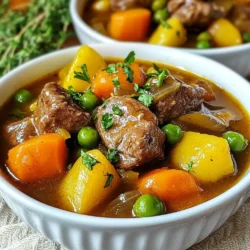 - 2 pounds beef chuck, cut into 1-inch cubes - 3 tablespoons olive oil - 1 large onion, chopped - 3 garlic cloves, minced - 4 medium carrots, sliced - 3 medium potatoes, diced - 2 cups beef broth - 1 teaspoon dried thyme - 1 teaspoon dried rosemary - 2 bay leaves - 1 cup frozen peas - Salt and black pepper to taste Choosing the right beef is key. I like beef chuck because it gets tender and juicy. Cut it into 1-inch cubes to ensure even cooking. Using fresh ingredients makes a huge difference. Olive oil helps to brown the meat and adds flavor. Onions and garlic are must-haves for depth. Carrots and potatoes add sweetness and heartiness. The beef broth brings everything together. Herbs, like thyme and rosemary, give that rich taste. Don’t forget salt and pepper to season it just right. - Fresh parsley - Crusty bread pairing Garnishing your stew can brighten the dish. Fresh parsley adds color and a fresh taste. Pairing it with crusty bread is a great idea. You can use the bread to soak up the stew's rich broth. The meal feels complete and warm. {{ingredient_image_1}} To start, you need to brown the beef. This step adds flavor. Heat three tablespoons of olive oil in a large pot over medium-high heat. Season your beef chuck with salt and pepper. Add the beef cubes in batches. Do not crowd the pot. Brown all sides for about 5 minutes. Once browned, transfer the beef to a plate. This keeps the meat juicy and tender. Batch cooking is key. If you add too much beef at once, it will steam instead of brown. This can make your stew taste less rich. So, take your time with this step. Next, let’s build the base of your stew. In the same pot, add your chopped onion. Cook it until it softens, about 3-4 minutes. Then, add the minced garlic and cook for another minute. This helps release the garlic’s strong flavor. Now, stir in the sliced carrots and diced potatoes. Cook these for about 4-5 minutes. This step helps soften the veggies before they simmer in the broth. Adding these ingredients brings color and nutrition to your stew. Now it’s time to simmer your stew. Return the browned beef to the pot. Pour in 2 cups of beef broth. Add your dried thyme, rosemary, and bay leaves. Stir everything together and bring it to a simmer. Reduce the heat to low. Cover the pot and let it simmer for about 1.5 to 2 hours. Stir occasionally to mix the flavors. This long cook time makes the meat tender. The herbs blend together, creating a rich taste. In the last 10 minutes of cooking, stir in one cup of frozen peas. This adds a nice pop of color and sweetness. Before serving, remove the bay leaves. Enjoy your hearty and simple comfort meal! To make your beef stew really pop, adjust the spices to fit your taste. You can add more thyme or rosemary for a stronger flavor. A pinch of paprika can also add a nice kick. Taste it as you go. When you add frozen peas, do it in the last 10 minutes of cooking. This keeps them bright and fresh. If you add them too soon, they can turn mushy, and that changes the stew’s texture. Simmering is key in cooking beef stew. It allows the beef to become tender and lets flavors blend well. Keep the heat low after you bring it to a boil. A gentle simmer is perfect. Avoid overcooking the beef by keeping an eye on your cooking time. If you cook it too long, the beef can become dry and tough. Aim for 1.5 to 2 hours of simmering. This gives you tender meat without losing its juiciness. Pro Tips Choose the Right Cut: For the best flavor and tenderness, use beef chuck, which becomes wonderfully tender when slow-cooked. Brown the Meat: Take the time to brown the beef cubes properly; this step adds depth and richness to the stew's flavor. Let it Simmer: The longer you let the stew simmer, the more the flavors will develop. Aim for at least 1.5 to 2 hours. Adjust Seasoning: Always taste before serving and adjust the seasoning as needed to ensure a balanced flavor. {{image_2}} To make your stew even better, try different veggies. You can swap out carrots and potatoes for turnips or parsnips. These root vegetables add unique flavors. They also change the texture, making each bite exciting. You can also change the beef cut. While beef chuck works well, you can use brisket or stew meat. Each cut offers a different taste and tenderness. Just remember to cook it low and slow for the best results. If you need a gluten-free option, use gluten-free beef broth. Many brands offer great taste without gluten. You can also thicken your stew with cornstarch instead of flour. For a low-sodium version, choose low-sodium beef broth. You can add herbs for flavor instead of salt. Fresh herbs like thyme and rosemary bring out the beef's taste. This way, you stay healthy without losing flavor. To store leftovers, let your beef stew cool down first. Use an airtight container. This keeps the stew fresh for up to three days. When you reheat, use a pot on low heat. Stir often to warm it evenly. You can also use a microwave. Just cover the bowl to avoid splatter. Heat in short bursts, stirring in between. Want to freeze your stew? Portion it into smaller containers. This makes it easy to thaw just what you need. Leave some space at the top of each container. Stew expands when frozen. When you're ready to enjoy it, thaw the stew in the fridge overnight. You can also use the microwave on the defrost setting. Once thawed, reheat on the stove or microwave until hot. Make sure it reaches at least 165°F before serving. Yes, you can use different meats. Beef is classic, but try pork or chicken. You can also use lamb for a unique taste. Just remember that each meat has a different cooking time. Chicken cooks faster than beef, so adjust the cooking time as needed. The stew can last up to three days in the fridge. To keep it fresh, store it in an airtight container. If you want it to last longer, consider freezing it. Just make sure to let it cool before you freeze it. Yes, you can make this stew in a slow cooker. Brown the beef first for more flavor. Then, add all the ingredients to the slow cooker. Cook on low for about 6 to 8 hours. This way, the meat will be very tender and the flavors will blend nicely. This blog post covered how to make a hearty beef stew. We discussed key ingredients like beef chuck, olive oil, and vegetables. You learned step-by-step instructions, such as browning the meat and simmering the stew. We also shared tips to enhance flavors and suggested variations to suit dietary needs. In the end, beef stew is flexible and delicious. It warms the heart and fills the stomach. Try it your way, and enjoy!