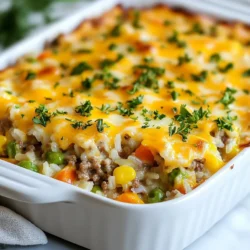 - 1 pound ground beef - 1 cup long-grain white rice - 2 cups beef broth - 1 can (14.5 oz) diced tomatoes, drained These main ingredients form the heart of the dish. The ground beef gives it a rich flavor, while the rice provides texture. The beef broth adds moisture, and the diced tomatoes bring a hint of sweetness. - 1 medium onion, diced - 2 cloves garlic, minced - 1 cup frozen mixed vegetables (peas, carrots, corn) - 1 teaspoon paprika - 1 teaspoon Italian seasoning - Salt and pepper to taste Adding these vegetables and seasonings brightens the casserole. The onion and garlic create a savory base, while the frozen vegetables add color and nutrients. Paprika and Italian seasoning enhance the overall taste, giving it depth. - 2 cups shredded cheddar cheese - Fresh parsley, chopped (for garnish) Cheddar cheese is the star here! It melts beautifully on top, making the dish gooey and delightful. Fresh parsley adds a pop of color and freshness, making the casserole more appealing to the eye. {{ingredient_image_1}} 1. First, preheat your oven to 350°F (175°C). This step gets your oven ready for baking. 2. Next, grab a large skillet. Heat it over medium heat. This is where the magic begins. 1. Add 1 pound of ground beef to the skillet. Brown it until fully cooked. Drain any excess fat. 2. Now, add 1 medium diced onion and 2 cloves of minced garlic. Sauté them until the onion turns translucent, about 5 minutes. 3. Stir in 1 cup of long-grain white rice. Cook for 2 minutes to lightly toast the rice. 4. Pour in 2 cups of beef broth, 1 can of drained diced tomatoes, and 1 cup of frozen mixed vegetables. Season with 1 teaspoon of paprika, 1 teaspoon of Italian seasoning, and salt and pepper to taste. 5. Mix everything well and bring it to a simmer. Cover the skillet and cook for about 15 minutes. The rice should be tender and absorb most of the liquid. 1. Remove the skillet from heat. Stir in 1.5 cups of shredded cheddar cheese until it melts and blends in. 2. Transfer the mixture to a greased 9x13 inch baking dish. Sprinkle the remaining 0.5 cup of cheddar cheese on top. 3. Bake in the preheated oven for 20-25 minutes. Look for bubbly and golden cheese on top. Enjoy this cheesy delight that warms the heart! To enhance the flavor of your Cheesy Hamburger Rice Casserole, consider these tips: - Seasoning Suggestions: Use salt and pepper to taste. Add a pinch of cayenne for some heat. You can also mix in some garlic powder for extra flavor. - Cheese Variations: While cheddar cheese is the star, you can try mozzarella for a milder taste. Pepper jack adds a spicy kick, while gouda gives a smoky twist. You can cook this casserole in different ways: - Skillet vs. Oven Cooking: The skillet method lets you watch the rice cook. It also allows for easy stirring. The oven method gives a nice, bubbly top. Both ways yield a delicious dish. - Alternative Cooking Methods: If you prefer slow cooking, combine all ingredients in a slow cooker. Cook on low for about 4 hours. This method creates tender rice and deep flavors. Pair your casserole with these ideas: - Complementary Side Dishes: Serve with a fresh green salad or garlic bread. Roasted vegetables also make a great side. - Garnishing Ideas: Top with chopped parsley for color. You can also sprinkle some extra cheese before serving for added flavor. Pro Tips Use Lean Ground Beef: Opt for lean ground beef to reduce excess grease in your casserole, ensuring a healthier dish without compromising flavor. Customize Your Vegetables: Feel free to swap in your favorite vegetables or whatever you have on hand, such as bell peppers or broccoli, to add more color and nutrition. Cheese Variations: Experiment with different types of cheese, like pepper jack for a spicy kick or mozzarella for a milder flavor, to personalize your casserole. Make Ahead: Prepare the casserole in advance and store it in the refrigerator overnight. Just pop it in the oven when you're ready to serve! {{image_2}} You can switch out ground beef for ground turkey or chicken. Both options are leaner and still tasty. If you like rice, try different types like brown rice or jasmine rice. Each type gives a unique texture and flavor to the dish. If you want a vegetarian version, use beans or lentils instead of meat. These add protein and fiber. You can also mix in extra vegetables like bell peppers, zucchini, or spinach. This makes the casserole colorful and packed with nutrients. For a spicy kick, add diced jalapeños to the mix. The heat balances well with the cheesy goodness. You can also explore different herbs. Fresh basil, cilantro, or thyme can bring in a bright taste that lifts the dish. Store your leftovers in a tight container. This keeps them fresh longer. You can enjoy the casserole for up to four days in the fridge. Just make sure it cools down before sealing it up. For freezing, use an airtight container or freezer bags. This helps avoid freezer burn. You can freeze the casserole for up to three months. When you're ready to eat, thaw it overnight in the fridge. Reheat it in the oven at 350°F (175°C) for about 30 minutes. Make sure it’s hot all the way through before serving. You can make this casserole ahead of time. Prepare it up to the baking step, then cover and chill. This is great for busy nights. For easy meals, portion the casserole into single servings. This way, you can grab a quick meal anytime. Just reheat as needed, and enjoy a comforting dish! Yes, you can make Cheesy Hamburger Rice Casserole ahead of time. This dish stores well in the fridge. To store, let it cool completely. Then, cover it tightly with plastic wrap or foil. It can last in the fridge for up to three days. When you're ready to eat, you can reheat it. Preheat your oven to 350°F (175°C). Place the casserole in the oven for about 20 minutes. If it feels dry, add a splash of broth. You can also microwave individual servings for a quick meal. To spice up your casserole, consider adding some heat. You can mix in crushed red pepper flakes. These add a nice kick without being too hot. Another option is to add diced jalapeños. They bring a fresh flavor and some heat. For even more depth, try adding cayenne pepper or chili powder. Start with a small amount, then taste it. You can always add more if you like it spicier. If you want to switch up the protein, there are many options. Ground turkey or ground chicken works well in this recipe. They have a milder flavor but still taste great. For a vegetarian option, try using lentils or black beans. They add protein and texture. You can also use chopped mushrooms for a meaty feel. Just sauté them before mixing them in. Each option brings its own unique taste to the casserole. This blog post covers a delicious cheesy hamburger rice casserole. You learned about key ingredients, from ground beef to shredded cheese, and how they come together. I shared step-by-step instructions, tips for flavor, and fun variations for customization. Remember, you can make this dish your own! Consider different proteins or spices for unique tastes. Don’t forget the storage tips for leftovers. This meal is easy to prepare and great for sharing!