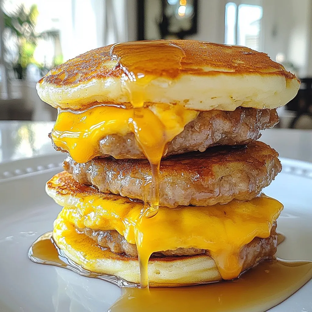 To make these Homemade McGriddle Muffins, gather these key ingredients: - 2 cups all-purpose flour - 2 tablespoons baking powder - 1 tablespoon sugar - 1/2 teaspoon salt - 1 cup milk - 2 large eggs - 1/4 cup melted butter - 1/4 cup maple syrup - 1 cup cooked breakfast sausage, crumbled - 1 cup shredded cheddar cheese - 4 large eggs (for egg patties) - Maple syrup for drizzling (optional) These ingredients blend to create fluffy muffins that taste like a breakfast dream. You can make your muffins unique by adding some optional ingredients: - Fresh herbs like chives or parsley - Different cheeses like pepper jack or mozzarella - Cooked bacon or veggie sausage for a twist - Diced bell peppers or onions for extra flavor These options let you customize your muffins to match your taste. To make the process smooth, have these tools ready: - Large mixing bowl - Whisk for blending ingredients - Griddle or large skillet for cooking - Cooking spray or butter for greasing - Ring molds for perfect egg patties - Spatula for flipping muffins Using the right tools helps you create perfect muffins every time. {{ingredient_image_1}} To start, grab a large mixing bowl. In it, whisk together 2 cups of all-purpose flour, 2 tablespoons of baking powder, 1 tablespoon of sugar, and 1/2 teaspoon of salt. This mix forms the base of your muffins. Next, in another bowl, combine 1 cup of milk, 1/4 cup of melted butter, 1/4 cup of maple syrup, and 2 large eggs. Whisk these until they blend well. Then, pour the wet mixture into the dry ingredients. Stir gently until just combined. Remember, don't overmix or your muffins will be tough. Now, fold in 1 cup of crumbled breakfast sausage and 1 cup of shredded cheddar cheese. This adds flavor and texture. Now it's time to cook! Preheat your griddle or a large skillet over medium heat. Lightly grease it with cooking spray or a bit of butter. Pour about 1/4 cup of the batter onto the griddle for each muffin. Cook for 3-4 minutes. You will know they are ready when bubbles form on the surface. Carefully flip the muffins and cook for another 2-3 minutes until they turn golden brown. Once done, remove them from the griddle and keep them warm. To make the egg patties, crack an egg into a greased ring mold on the griddle. Cook for 2-3 minutes until the whites are set. Season with a pinch of salt and pepper for taste. You can repeat this for as many patties as you need. These egg patties are the perfect addition to your muffins. They add protein and make each bite even more satisfying. Now, you can assemble your delicious homemade McGriddle muffins! To make your muffins fluffy, start with fresh ingredients. Use good-quality baking powder and make sure your eggs are at room temperature. Mix the dry and wet ingredients separately before combining them. When you fold them together, do it gently. Stop mixing when you see a few flour streaks. This keeps the muffins light and airy. Set your griddle to medium heat. Too hot, and your muffins may burn outside but stay raw inside. Too low, and they will take forever to cook. I usually preheat the griddle for a few minutes before pouring the batter. You want to see bubbles form on the surface of the muffins after about three to four minutes. This shows they are ready to flip. To avoid sticking, grease your griddle well. I like to use butter or cooking spray. Spread it evenly across the surface before you pour in the batter. If you use a ring mold for the eggs, grease that too. This helps everything slide off easily when they are cooked. If you find some sticking, a spatula can help gently lift them. Pro Tips Use Fresh Ingredients: For the best flavor, use fresh breakfast sausage and high-quality cheddar cheese. Don’t Overmix the Batter: To keep your muffins fluffy, mix the wet and dry ingredients just until combined; a few lumps are okay. Perfect Egg Patties: Using a ring mold helps create uniform egg patties that fit perfectly between the muffins. Adjust Sweetness: Feel free to adjust the amount of maple syrup in the batter based on your personal taste preference. {{image_2}} You can change the protein in your McGriddle muffins to suit your taste. - Bacon: Crispy bacon adds a salty crunch. - Veggie sausage: This is great for a meat-free choice. - Turkey sausage: A leaner option with good flavor. - Ham: Diced ham gives a nice twist. Try mixing different proteins for fun flavors. You can even layer them! Cheese can change the flavor and texture of your muffins. - Pepper jack: Adds a spicy kick that wakes up your taste buds. - Mozzarella: Offers a mild taste and gooey texture. - Feta: Brings a tangy bite that pairs well with savory flavors. - Swiss cheese: Melts beautifully and adds a nutty note. Feel free to experiment with different cheeses. Each will give a unique twist to your muffins. You can make your muffins even more special with add-ins. - Chopped jalapeños: For a spicy surprise. - Fresh herbs: Like chives or parsley for a fresh taste. - Caramelized onions: Adds a sweet, rich flavor. - Diced tomatoes: For a fresh and juicy burst. Mix and match these add-ins to create your own perfect McGriddle muffin! After making your homemade McGriddle muffins, let them cool down. Place leftover muffins in an airtight container. Store them at room temperature for up to two days. If you want to keep them longer, refrigerate them for up to a week. This keeps the muffins fresh and tasty. When you want to enjoy your muffins again, reheating is easy. You can use a microwave or a toaster oven. If using the microwave, heat for about 15-20 seconds per muffin. Check if it’s warm enough. For the toaster oven, heat at 350°F for about 5 minutes. This gives a nice, warm treat. Freezing is a great way to save muffins for later. Wrap each muffin tightly in plastic wrap. Then, place them in a freezer bag. Label the bag with the date. You can freeze them for up to three months. When you are ready to eat, thaw them overnight in the fridge or at room temperature. Enjoy your homemade treat whenever you like! Yes, you can make these muffins ahead of time. I suggest cooking them and letting them cool. Store them in an airtight container in the fridge. They stay fresh for about three days. You can reheat them in the microwave or on a skillet. This makes breakfast easy on busy mornings. To make these muffins gluten-free, swap the all-purpose flour with a gluten-free blend. Many blends work well in baking. Just check that it has a good mix of flours. You may also want to add a bit of xanthan gum if your mix doesn’t have it already. This helps keep the muffins fluffy. If you want to change the maple syrup, try honey or agave nectar. Both sweeteners add a nice flavor. You can also use brown sugar mixed with a little water. This gives a similar taste to maple syrup. Adjust the amount to your liking for sweetness. This blog post covered how to make your own delicious McGriddle muffins. We listed the key ingredients, optional twists, and tools needed to succeed. Step-by-step, I guided you through preparing the batter, cooking, and making egg patties. I shared tips for fluffy muffins and ideal cooking temperatures. Plus, we explored tasty variations and how to store leftovers. With practice, you can create perfect muffins at home. Enjoy experimenting with flavors and impressing your friends and family with your cooking skills!