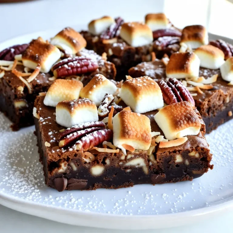 - 1 cup unsalted butter, melted - 2 cups granulated sugar - 4 large eggs - 1 teaspoon vanilla extract - 1 cup all-purpose flour - ½ cup unsweetened cocoa powder - ½ teaspoon baking powder - ½ teaspoon salt - 1 cup semi-sweet chocolate chips - 1 cup shredded coconut - 1 cup chopped pecans (or walnuts) - 1 cup sweetened condensed milk - ½ cup mini marshmallows (for topping) Gather these ingredients before you start. Each one plays a key role in creating the magic of these brownies. The butter adds richness. Sugar gives sweetness. Eggs provide structure and moisture. Vanilla enhances flavor. The flour and cocoa form the base. Baking powder helps the brownies rise. Salt balances the sweetness. Chocolate chips bring extra chocolatey goodness. Coconut adds a chewy texture. Pecans (or walnuts) offer crunch. Sweetened condensed milk creates a creamy layer. Finally, mini marshmallows give a fun topping that melts slightly during baking. You can easily find these ingredients at your local store. Make sure they are fresh for the best taste. The combination of flavors makes these brownies a true holiday treat. Each bite will remind you of festive joy. {{ingredient_image_1}} - Preheat your oven to 350°F (175°C) and grease a 9x13-inch baking pan. - In a large mixing bowl, mix 1 cup of melted unsalted butter with 2 cups of granulated sugar. Stir until smooth. - Add 4 large eggs, one at a time, mixing well after each. Then, stir in 1 teaspoon of vanilla extract. - In a separate bowl, whisk together 1 cup of all-purpose flour, ½ cup of unsweetened cocoa powder, ½ teaspoon of baking powder, and ½ teaspoon of salt. - Gradually add this dry mix to the wet ingredients. Stir until just combined. - Pour half of the brownie batter into the prepared baking pan. Smooth it out evenly. - Sprinkle 1 cup of shredded coconut and 1 cup of chopped pecans over the batter. Drizzle 1 cup of sweetened condensed milk evenly on top. - Pour the remaining brownie batter over the coconut and pecans. Spread it gently to cover the layer. - Top with ½ cup of mini marshmallows, pressing them lightly into the batter. - Bake in the preheated oven for 30-35 minutes. Check for doneness by inserting a toothpick in the center. It should come out mostly clean. - Allow the brownies to cool in the pan for at least 20 minutes before slicing into squares. To ensure even baking, follow a few simple steps. First, preheat your oven to 350°F (175°C). This temperature helps the brownies rise well. Grease a 9x13-inch baking pan. A light layer of butter or cooking spray works best. Use a metal or glass pan for even heat distribution. Serving the brownies festively makes them even more special. Place them on a festive platter. Dust with powdered sugar to create a snowy look. You can also add holiday-themed sprinkles for extra cheer. Cut them into squares for easy serving. To store brownies, let them cool first. Place them in an airtight container. This keeps them fresh and moist. For longer preservation, you can freeze them. Cut the brownies into squares, then wrap each piece tightly in plastic wrap. Place them in a freezer bag. They can last up to three months in the freezer. When ready to eat, just thaw them at room temperature. Pro Tips Use Room Temperature Ingredients: Ensure that your eggs and butter are at room temperature for better emulsification, which results in a smoother brownie batter. Don't Overmix: Stir the batter just until the ingredients are combined. Overmixing can lead to dense brownies instead of light and fudgy ones. Let Them Cool: Allow the brownies to cool completely in the pan before slicing. This helps them set and makes for cleaner cuts. Experiment with Toppings: Feel free to customize your toppings! Try adding crushed candies, different nuts, or even a swirl of peanut butter for a twist. {{image_2}} You can swap nuts and chocolate types in this recipe. If you dislike pecans, use walnuts or almonds. For chocolate, try dark chocolate chips for a richer taste. You can also use milk chocolate for a sweeter brownie. Seasonal flavors can add a festive twist. Add peppermint extract for a minty touch or ginger for warmth. These swaps make the brownies unique and fun for the holidays. If you need gluten-free options, use almond flour instead of all-purpose flour. For a dairy-free version, choose plant-based butter and dairy-free chocolate. Adjusting sweetness is easy too. Use less sugar or substitute it with a sugar alternative like stevia or coconut sugar. This way, you can enjoy a healthier brownie without missing out on taste. Decorating ideas can change with each holiday. For Christmas, sprinkle red and green candies on top. For Halloween, use orange and black sprinkles. Layering can also be festive. Try adding a layer of crushed candy canes for a winter treat or a layer of caramel for a gooey surprise. These ideas let you celebrate every occasion with a special touch. Each brownie square contains around 200 calories. This includes about 10 grams of fat, 22 grams of sugar, and 24 grams of carbohydrates. These brownies are rich and sweet, which makes them a special treat. You can use lower-calorie substitutes to make these brownies a bit lighter. For the butter, try using unsweetened applesauce. It keeps the moisture while cutting calories. You can also swap granulated sugar with a sugar substitute. This change lowers the sugar content while still giving a sweet taste. You can add dark chocolate chips instead of semi-sweet for a richer flavor and more antioxidants. A good serving size is one square. If you want smaller bites, you can cut them into smaller squares. For larger gatherings, you can double the recipe. This way, you share the joy of these brownies with more people. Just remember, they are rich! So, it's best to enjoy them in moderation. How to know when brownies are done baking? You can tell brownies are done when a toothpick comes out mostly clean. Stick it in the center. A few moist crumbs are fine. This means the brownies are soft and gooey but not raw. If it comes out with wet batter, bake a few more minutes. Can I store these brownies in the fridge? Yes, you can store these brownies in the fridge. Place them in an airtight container. They can last up to a week. Cold brownies can taste great too! Just let them sit at room temperature for a few minutes before serving. What type of pan should I use for brownies? A 9x13-inch baking pan works best for these brownies. This size helps them bake evenly. You can use glass or metal pans. Just remember to grease the pan well to prevent sticking. Do I need to use parchment paper? Parchment paper is not required, but it is helpful. It makes it easier to lift the brownies out of the pan. If you use it, leave some overhang for easy removal. This way, you can cut neat squares. Can I replace chocolate chips with another type? Yes, you can swap chocolate chips for other kinds. White chocolate or butterscotch chips work well. You can even mix different types for more flavor. Just keep the amount the same. What can I add for extra flavor? You can add nuts, dried fruit, or spices. Try adding some peppermint extract for a holiday twist. Sea salt on top adds a nice contrast to the sweet. Be creative and make it your own! You now have all the tools to make perfect brownies. We discussed the key ingredients, step-by-step instructions, and useful tips. Variations allow you to customize brownies for any occasion. Plus, the nutritional info helps you make better choices while enjoying them. With these insights, you can bake delicious brownies every time. Enjoy sharing them with friends and family!