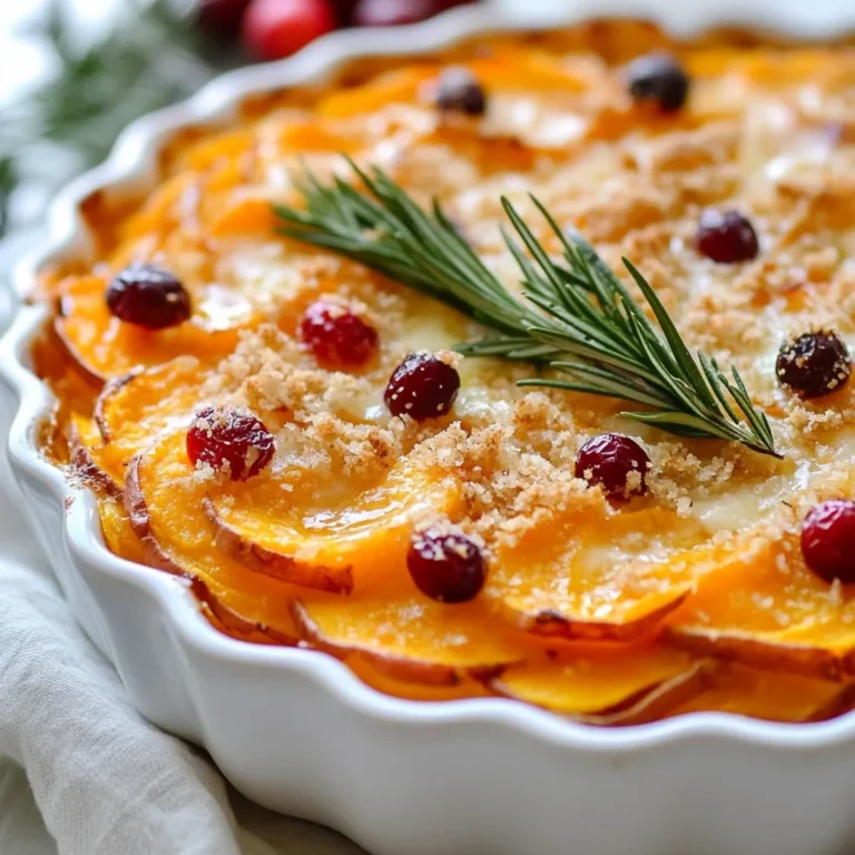 - 4 medium sweet potatoes, peeled and thinly sliced - 1 cup fresh or frozen cranberries (if using frozen, thaw first) - 1 cup heavy cream - 1 cup shredded sharp cheddar cheese - 1/2 cup grated Parmesan cheese - 2 cloves garlic, minced - 1 tablespoon fresh rosemary, chopped (or 1 teaspoon dried rosemary) - 1 teaspoon salt - 1/2 teaspoon black pepper - 1/4 teaspoon nutmeg - 2 tablespoons unsalted butter (for greasing the baking dish) - 1/4 cup breadcrumbs (optional for topping) Sweet potatoes are the star here. Their natural sweetness balances the tartness of cranberries. I love using fresh cranberries, but frozen ones work well too. Just remember to thaw them first. Heavy cream adds richness. The cheeses create a creamy, gooey top layer. Garlic and rosemary bring a lovely aroma. Seasoning is key; salt, pepper, and nutmeg add depth. I grease the dish with unsalted butter for easy serving. If you want a crunchy top, breadcrumbs are a great choice. This dish is simple yet packed with flavor. Each ingredient plays a role to create a delightful experience. {{ingredient_image_1}} - First, preheat your oven to 375°F (190°C). - Next, take 2 tablespoons of unsalted butter and grease a 9x13 inch baking dish. This step helps prevent sticking. - In a bowl, prepare 1 cup of cranberries. If using frozen, make sure to thaw them first. - Add a sprinkle of salt to the cranberries and set them aside. This helps them release their juice. - In a large bowl, combine 1 cup of heavy cream, 2 cloves of minced garlic, and 1 tablespoon of chopped fresh rosemary. - Add 1 teaspoon of salt, 1/2 teaspoon of black pepper, and 1/4 teaspoon of nutmeg. Whisk it all together until mixed well. - Start by layering half of the sweet potato slices at the bottom of your greased baking dish. - Spread half of your cranberry mixture evenly over the sweet potatoes. - Pour half of your creamy mixture over this layer, then sprinkle half of the shredded sharp cheddar cheese on top. - Repeat these layers with the remaining sweet potatoes, cranberries, and creamy mixture. Finish with the rest of the cheddar cheese. - Optionally, you can sprinkle 1/4 cup of breadcrumbs on the final layer of cheese for extra crunch. - Cover the dish with aluminum foil and place it in the preheated oven. Bake for 30 minutes. - After 30 minutes, remove the foil. Bake for an additional 20-25 minutes. The gratin is done when the sweet potatoes are tender and the cheese is golden and bubbly. To get the best sweet potato gratin, slice the sweet potatoes evenly. This helps them cook at the same rate. A mandoline slicer works great for this task. After baking, let the gratin rest for about 10 minutes. This time allows the layers to set, making serving easier. If you want a dairy-free option, use coconut cream instead of heavy cream. For the cheese, try vegan cheese shreds. You can also add flavor by using different herbs. Thyme or sage can give the dish a new twist. Sweet potato cranberry gratin pairs well with roasted meats like chicken or pork. It also works as a tasty veggie main dish. For a beautiful presentation, garnish with a sprig of fresh rosemary on top. Adding a sprinkle of extra cheese can also enhance the look and flavor. Pro Tips Choose the Right Sweet Potatoes: Opt for firm, smooth-skinned sweet potatoes without any soft spots for the best texture and flavor. Layering for Flavor: Make sure to evenly distribute the cranberries and cream mixture in each layer for a balanced taste throughout the gratin. Cheese Variations: For a twist, try mixing in different cheeses like Gruyère or fontina along with the cheddar for added depth of flavor. Serving Suggestions: This dish pairs well with a light salad or roasted vegetables, which can complement the sweetness of the gratin. {{image_2}} You can switch up the sweet potato cranberry gratin by adding other veggies. Butternut squash works great! Its sweetness matches well with cranberries. You can also try carrots or parsnips for a different flavor. Another fun option is to use different cheese blends. While sharp cheddar and Parmesan are tasty, you might like Gruyère or fontina. These cheeses melt beautifully and add a rich taste. If you need gluten-free options, just skip the breadcrumbs. The gratin stays creamy and delicious without them. For a vegan version, use plant-based cream instead of heavy cream. You can also pick vegan cheese or leave it out entirely. The dish will still be packed with flavor from the sweet potatoes and cranberries. To keep your Sweet Potato Cranberry Gratin fresh, store leftovers in the fridge. Place them in an airtight container. This helps prevent drying out and keeps flavors intact. You can store the gratin for about three to four days. If you want to keep it longer, consider freezing. Just make sure to let it cool completely before freezing. In the freezer, it can last for up to three months. To reheat the gratin, the oven is your best friend. Preheat your oven to 350°F (175°C). Place the gratin in an oven-safe dish. Cover it with foil to avoid drying out. Heat for about 20-30 minutes, or until it’s warm all the way through. If you want a crispy top, remove the foil for the last 10 minutes. Enjoy your delicious flavors, just like the first time! Can I prepare Sweet Potato Cranberry Gratin in advance? Yes, you can prepare the gratin a day ahead. Just follow the recipe and store it in the fridge. When ready to bake, remove it from the fridge and let it sit at room temperature for 30 minutes. Then, bake as directed. How do I know when the gratin is done? The gratin is done when the sweet potatoes are tender and the cheese is golden and bubbly. You can test this with a fork. Poke it into the sweet potatoes; they should be soft. What are the nutritional values of Sweet Potato Cranberry Gratin? This dish is rich in vitamins A and C from sweet potatoes. It also has protein from the cheese and cream. On average, each serving contains about 300 calories, 12 grams of fat, and 15 grams of carbs. For exact values, check the specific ingredients you use. Can I use canned cranberries instead of fresh? Canned cranberries can work, but they may be sweeter and less tart. If you use them, reduce any added sugar in the recipe. Drain and rinse them to remove extra syrup. You’ve learned how to make Sweet Potato Cranberry Gratin with simple steps. Starting with fresh ingredients like sweet potatoes, cranberries, and cheese creates the best flavor. I shared tips for making your gratin just right, including how to layer and bake it perfectly. Remember, you can also get creative with substitutes and variations. Now, enjoy this dish as a side or main event. It pairs well with many meals and provides a tasty twist. Happy cooking!